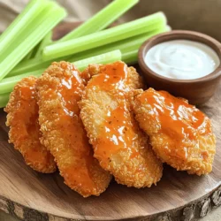 - 1 pound chicken tenders - 1 cup buttermilk - 1 cup all-purpose flour - 1 teaspoon garlic powder - 1 teaspoon onion powder - 1 teaspoon paprika - ½ teaspoon cayenne pepper (adjust for heat level) - Salt and pepper to taste - 1 cup buffalo sauce (hot sauce mixed with a pinch of butter or olive oil) The main star here is the chicken tenders. They are juicy and tender, making them perfect for frying. Buttermilk plays a key role, as it adds flavor and moisture to the chicken. The flour mixture gives the tenders their crispy coating. Garlic powder, onion powder, paprika, and cayenne pepper add a punch of flavor. Don’t forget to season well with salt and pepper. This combo ensures every bite bursts with taste. When frying, choose oils that have a high smoke point. Good options include vegetable oil, canola oil, or peanut oil. These oils can handle the heat without burning. You will need about 1 inch of oil in your skillet. This depth ensures the chicken cooks evenly and gets crispy. For dipping, ranch or blue cheese dressing are popular choices. They help cool down the heat from the buffalo sauce. I also love to serve celery sticks on the side. They add a nice crunch and freshness. Arrange everything on a platter for an inviting presentation. This makes your crispy buffalo chicken tenders even more tempting! For the full recipe, click here to dive into the cooking process! Marinating chicken in buttermilk is key. It makes the meat tender and juicy. The buttermilk adds flavor and moisture. I recommend marinating for at least 30 minutes. If you can, let it sit overnight. This extra time helps the flavors soak in deeply. Next, mix your dry ingredients. In a bowl, combine flour, garlic powder, onion powder, paprika, cayenne pepper, salt, and pepper. This blend gives the chicken great taste and a crispy crust. Make sure the mix is even. A good texture will help the coating stick to the chicken. Heat about 1 inch of cooking oil in a large skillet. Set the heat to medium-high. This helps the chicken cook evenly. Fry each tender for about 5-6 minutes on each side. Look for a golden-brown color. It’s important that the chicken reaches 165°F (75°C) inside. To avoid sogginess, place the fried tenders on a paper towel-lined plate right after cooking. This step helps absorb extra oil. To get those chicken tenders crispy, try a double coating technique. First, dip the chicken in buttermilk, then coat it with the flour mix. After that, dip it in the buttermilk again and coat it with flour once more. This extra layer helps create a crunchier texture. Frying in batches is key to crispiness. If you crowd the pan, the temperature drops. This makes the chicken soggy. Fry only a few tenders at a time to keep the oil hot. You can boost the flavor of your tenders with extra spices. Try adding cumin or smoked paprika for a twist. These spices give a deeper taste and make each bite special. When it comes to buffalo sauce, homemade is often best. You can control the heat and add your favorite flavors. If you need a quick option, store-bought works too. Just pick one with good ingredients for a better taste. Pair your crispy buffalo chicken tenders with celery sticks and carrot sticks for a classic combo. These veggies balance the heat and add crunch. For parties, arrange the tenders on a large platter. You can garnish with fresh herbs or a drizzle of ranch dressing. This makes the dish look fancy and inviting. For a fun touch, set out various dipping sauces for guests to enjoy. For the full recipe, check out the detailed instructions to make your cooking experience even better. {{image_2}} You can enjoy crispy buffalo chicken tenders in different ways. Baking instead of frying is a great option. It gives you a lighter meal while still keeping taste. Preheat your oven to 400°F (200°C). Place the coated tenders on a baking sheet. Bake for about 20-25 minutes, flipping halfway through. This method cuts down on oil and makes cleanup easier. If you own an air fryer, you can use it too. The air fryer circulates hot air, making the chicken tenders crispy. Set your air fryer to 375°F (190°C). Cook in batches for around 12-15 minutes, shaking the basket halfway. You’ll get crispy tenders with less oil like frying, but healthier. Buffalo chicken tenders can be spicy or mild. If you love heat, use more cayenne pepper. You can start with the half teaspoon in the recipe and add more to suit your taste. Want it milder? Just skip the cayenne or use sweet paprika instead. You could try different hot sauces too. Each brand has its unique flavor profile. Mixing in other spices can also change the flavor. You might add smoked paprika for a smoky touch or garlic powder for more depth. Not everyone can have dairy or gluten, but you can still enjoy these tenders. For a dairy-free option, try almond milk or oat milk instead of buttermilk. You can add a splash of lemon juice to mimic the tanginess. For gluten-free coating, replace all-purpose flour with almond flour or gluten-free breadcrumbs. This keeps the crunch while being safe for those with gluten sensitivities. Both options keep flavor high and make every bite delicious. For the full recipe, don't forget to check out the complete guide. Enjoy experimenting with these variations! To keep your crispy buffalo chicken tenders fresh, place them in an airtight container. Make sure they cool down first. Store them in the fridge for up to three days. If you want to save them longer, consider freezing. Wrap each tender in plastic wrap, then place them in a freezer bag. This method helps prevent freezer burn. You can reheat your tenders in either an oven or a microwave. If you want them crispy, the oven is best. Preheat your oven to 400°F (200°C). Place them on a baking sheet for about 10-15 minutes. For the microwave, heat in 30-second intervals. This method may make them less crispy, so keep an eye on them. Enjoy your crispy buffalo chicken tenders within three days if refrigerated. If frozen, they last up to three months. Always check for signs of spoilage before eating. Look for off smells, discoloration, or a slimy texture. These signs mean it’s best to toss them out. Yes, you can prepare them ahead. Here are some tips: - Marinate the chicken tenders in buttermilk. You can do this the night before. - Coat the tenders with the flour mix and store them in the fridge. - Fry them just before serving for the best crunch. These tenders pair well with many sides. Here are some ideas: - Celery sticks add a nice crunch. - Carrot sticks provide a sweet contrast. - French fries or sweet potato fries make a filling meal. - Serve with ranch or blue cheese for dipping. You can lighten up the dish with these swaps: - Use skinless chicken breasts instead of tenders. - Try baking instead of frying for less oil. - Substitute whole wheat flour for all-purpose flour. - Use a lighter buffalo sauce with less sodium. For the full recipe, click [here](#). Crispy buffalo chicken tenders start with key ingredients like chicken, buttermilk, and spices. Marinating adds flavor, while the right coating makes them crunchy. Use quality oil and fry properly for the best results. I shared tips for serving and storage, ensuring you enjoy your tenders longer. Whether you bake or fry, variations keep the meal exciting. With these steps, you can create delicious tenders that satisfy any craving. Enjoy every bite!
