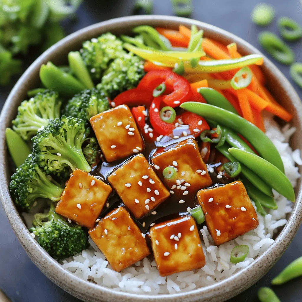- 1 block (14 oz) firm tofu, pressed and cubed - 2 cups cooked jasmine rice - 1 cup broccoli florets - 1 red bell pepper, sliced - 1 cup snap peas - 1 carrot, julienned The heart of the Teriyaki Tofu Rice Bowls lies in these main ingredients. Firm tofu gives a great base. It holds its shape well and absorbs flavors like a sponge. Jasmine rice adds a light and fragrant touch. The vegetables bring color and crunch. Broccoli, bell pepper, snap peas, and carrot add nutrients and texture. You can mix and match these based on what you like. - 1/4 cup soy sauce - 2 tablespoons maple syrup - 1 tablespoon rice vinegar - 1 teaspoon grated ginger - 1 teaspoon minced garlic - 1 teaspoon sesame oil The teriyaki sauce makes this dish special. The soy sauce adds salt and umami. Maple syrup gives sweetness without being overpowering. Rice vinegar adds a hint of tang. Ginger and garlic bring warmth and depth. Finally, sesame oil adds a nutty flavor. You can adjust these ingredients to suit your taste. - Chopped green onions - Sesame seeds Garnishes enhance both flavor and look. Chopped green onions add freshness. A sprinkle of sesame seeds adds crunch and visual appeal. You can skip them if you want, but they make your dish pop. For the full recipe, check out the detailed instructions, so you can make these bowls at home! To start, you need to coat the tofu in cornstarch. Take your firm tofu and cut it into cubes. Place the cubes in a bowl. Sprinkle 2 tablespoons of cornstarch over the tofu. Toss the tofu gently until each piece is coated. This helps create a crispy texture when you cook it. Now, it’s time to cook the tofu. Heat 1 tablespoon of vegetable oil in a large skillet over medium-high heat. Add the coated tofu cubes to the skillet. Cook the tofu for about 8 to 10 minutes. You want it to turn golden and crispy on all sides. Once done, remove the tofu and set it aside. Next, you’ll sauté the vegetables in the same skillet. Add the broccoli, red bell pepper, snap peas, and carrots. Stir-fry these veggies for about 5 to 7 minutes. You want them to be tender, but still crisp. This keeps them fresh and colorful for your bowl. Now, let’s make the teriyaki sauce. In a small bowl, combine the soy sauce, maple syrup, rice vinegar, grated ginger, minced garlic, and sesame oil. Whisk these ingredients together until well mixed. This sauce brings all the flavors together. You can adjust it to your taste. If you want it sweeter, add more maple syrup. Pour the teriyaki sauce over the sautéed vegetables. Then, add the crispy tofu back into the skillet. Gently stir everything to coat well in the sauce. Heat this mixture for another 2 to 3 minutes. You want it all to be warm and evenly coated. To serve, portion 2 cups of cooked jasmine rice into bowls. Top the rice with the teriyaki tofu and vegetable mixture. For a final touch, garnish your bowl with chopped green onions and a sprinkle of sesame seeds. This adds a nice crunch and flavor. Enjoy your colorful and tasty Teriyaki Tofu Rice Bowls! For the full recipe, check the earlier section. To get crispy tofu, you need the right pan. A non-stick skillet works great. It helps the tofu cook evenly without sticking. Pressing the tofu is key. Press it for at least 30 minutes. This removes extra moisture. Drier tofu crisps up better when cooked. If you want to switch things up, try seitan or tempeh instead of tofu. Both offer great texture and taste. You can also add more vegetables. Try bell peppers, carrots, or mushrooms. Each will give new flavors to your dish. To boost the taste, add spices like crushed red pepper or garlic powder. You can mix in other sauces too. A splash of sriracha adds heat. Fresh herbs like cilantro or basil make a bright finish. Serve your bowl with lime wedges for a zesty kick. Check out the Full Recipe for more details! {{image_2}} You can swap tofu for chicken or beef. Cooked chicken adds a savory flavor. Beef gives a richer taste. Both options work well with teriyaki sauce. For a vegan choice, try tempeh or seitan. These options mimic meat textures and soak up flavor nicely. If you want to change the rice, consider quinoa or cauliflower rice. Quinoa adds a nutty flavor and extra protein. Cauliflower rice is low in carbs and perfect for a lighter meal. When cooking rice, follow the package instructions. Adjust water amounts based on the type of rice you use. You can adjust the sauce to suit your taste. If you want it sweeter, add more maple syrup. For a deeper umami, increase the soy sauce. To spice things up, add red pepper flakes or Sriracha. These tweaks let you create a sauce that fits your flavor profile perfectly. To keep your Teriyaki Tofu Rice Bowls fresh, store leftovers in the fridge. Place them in airtight containers. This helps maintain flavor and texture. Use glass or BPA-free plastic containers for best results. Make sure to cool the dish to room temperature before sealing. It will last for about three to four days in the fridge. If you want to save some for later, freezing is a great option. First, let the dish cool completely. Then, divide it into individual portions. Use freezer-safe containers or heavy-duty freezer bags. Squeeze out as much air as possible to prevent freezer burn. The rice and tofu can stay good for up to three months when frozen. To thaw, transfer the containers to the fridge overnight. For a quicker option, you can use the microwave. Set it to defrost mode and check regularly to avoid cooking the food. When it's time to enjoy your meal again, you have two good options for reheating. The microwave is fast and easy. Place the food in a microwave-safe dish and cover it. Heat for one to two minutes, stirring halfway through. If you prefer a stovetop method, heat a pan over medium heat. Add a splash of water or a little oil to prevent sticking. Stir the dish until it warms evenly. This method helps keep the tofu crispy. No matter how you reheat, check that it’s hot all the way through before eating. Yes, you can make these bowls ahead of time. Store them in the fridge for up to three days. Use a sealed container to keep them fresh. Reheat the rice and tofu separately for the best taste. Firm tofu works best for this dish. It holds its shape well and crisps up nicely when cooked. Soft or silken tofu is not ideal as it can break apart easily. For a meatier texture, extra-firm tofu is also a great choice. Yes, this recipe can be gluten-free. Use gluten-free soy sauce or tamari instead of regular soy sauce. Always check labels to ensure all ingredients are gluten-free. To thicken your teriyaki sauce, you can add a cornstarch slurry. Mix one tablespoon of cornstarch with two tablespoons of water. Stir this into your sauce while it simmers. You can also cook it longer to reduce the sauce. Absolutely! You can add more veggies based on your taste or what’s in season. Try bell peppers, zucchini, or mushrooms. They all work well in this dish and add great flavor and color. For a fresh twist, add some spinach or kale just before serving. For the full recipe, check out the Teriyaki Tofu Rice Bowls section above. This blog post covered how to make Teriyaki Tofu Rice Bowls. We looked at key ingredients like firm tofu, jasmine rice, and fresh vegetables. The step-by-step instructions made cooking easy. Tips and tricks helped you achieve the right texture and flavor. You can mix things up with various proteins and sauces. In conclusion, this dish is simple, tasty, and adaptable. I hope you enjoy making it and exploring your own twists!