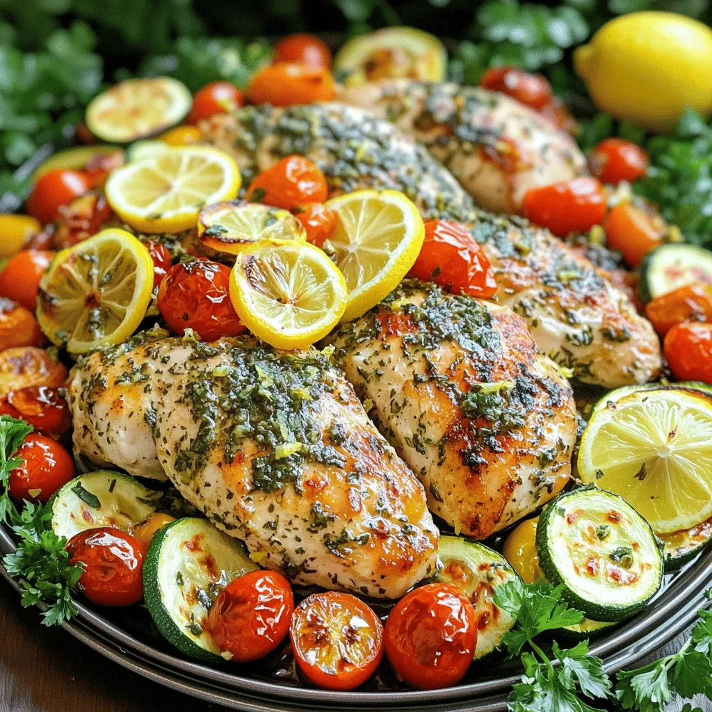 - 4 boneless, skinless chicken breasts - 2 tablespoons olive oil - 2 lemons (zested and juiced) - 4 cloves garlic, minced - 1 teaspoon dried oregano - 1 teaspoon dried thyme - Salt and pepper to taste - 1 cup cherry tomatoes, halved - 1 medium zucchini, sliced - 1 red bell pepper, chopped When making One Pan Lemon Herb Chicken, gather your main ingredients first. This dish centers around chicken, fresh herbs, and bright lemon. You need chicken breasts for protein. I use boneless and skinless ones for ease. Olive oil adds richness. Lemons are key. Their juice and zest give a fresh, tangy flavor. Garlic adds depth and aroma. For seasonings, I use dried oregano and thyme. These herbs boost the chicken's flavor. Don’t forget salt and pepper; they enhance every ingredient. Next, we bring in colorful vegetables. Cherry tomatoes add sweetness and juiciness. Sliced zucchini gives a nice crunch. The red bell pepper brings color and a mild taste. You can find all these ingredients in your local grocery store. For the full recipe, check the details above. Enjoy the vibrant flavors that come together in this simple, one-pan meal! Start by mixing lemon juice, lemon zest, minced garlic, dried oregano, dried thyme, olive oil, salt, and pepper. This blend creates a bright and tasty marinade. The lemon adds zest, while the herbs bring depth. Let your mixture sit for a few minutes. This helps the flavors blend well. Next, take your chicken breasts. Place them in a large resealable bag or a bowl. Pour the prepared marinade over the chicken. Make sure each piece is coated well. Seal the bag or cover the bowl. Let the chicken marinate in the fridge for at least 30 minutes. For a stronger taste, you can marinate it overnight. This step is key for infusing flavor into your chicken. Now, it's time to cook! Preheat your oven to 400°F (200°C). In a large oven-safe skillet, add the marinated chicken. Reserve the marinade for later. Sear the chicken on medium-high heat for about 3-4 minutes on each side. You want it to turn golden brown. Next, add halved cherry tomatoes, sliced zucchini, and chopped red bell pepper around the chicken in the skillet. Pour the reserved marinade over both the chicken and the veggies. Finally, transfer the skillet to the oven. Bake for 20-25 minutes. Check that the chicken reaches 165°F (74°C) inside. Once done, let it rest for 5 minutes. Sprinkle fresh parsley on top for a beautiful finish. For the full recipe, check out the details above. Marinating your chicken is key for flavor. I suggest marinating for at least 30 minutes. For even better taste, try marinating overnight. This allows the chicken to soak up all those tasty lemon and herb notes. Just remember, if you’re short on time, even a quick 15-minute soak makes a difference. Cooking chicken to the right internal temperature is crucial. The safe internal temperature for chicken is 165°F (74°C). Use a meat thermometer to check. This step keeps your meal safe and juicy. Undercooked chicken can lead to foodborne illness. So, always check before serving. Serving your dish well makes it more appealing. Place the chicken on a large platter with the roasted veggies around it. Garnish with fresh parsley and lemon slices for color. This adds a vibrant touch and makes your meal look gourmet. You can also drizzle some extra marinade on top for a shiny finish. {{image_2}} You can swap out the zucchini and bell pepper for other veggies. Seasonal choices like asparagus, broccoli, or carrots work great. Just make sure to cut them into similar sizes for even cooking. You can also add leafy greens like spinach or kale. They wilt nicely and add extra color and nutrients. If you want a sweeter taste, try using sweet potatoes or butternut squash. Both will give a different flavor to the dish. Chicken is tasty, but you can try fish or tofu. For fish, salmon or cod can bake well with the lemon and herbs. Just adjust the cooking time to around 15-20 minutes. For tofu, press and cube it first. Marinate the tofu just like the chicken. Bake it with the same veggies for a hearty vegan option. Both alternatives keep the meal fresh and exciting. Want to spice it up? You can add smoked paprika or red pepper flakes for heat. Fresh herbs like basil or dill add a burst of flavor too. If you're feeling adventurous, a touch of honey can balance the lemon's tartness. You might also try adding fresh garlic right before serving for an extra kick. Each of these ideas helps you customize the dish to your taste. For the full recipe, check it out [here](#). To store leftovers, let the chicken cool down first. Place it in an airtight container. Make sure it seals well to keep moisture in. You can store it in the fridge for up to three days. This helps keep the flavors fresh and tasty. If you want to keep it longer, consider freezing it. For freezing, allow the chicken to cool completely. Wrap it tightly in plastic wrap, then place it in a freezer-safe bag. Remove as much air as possible before sealing. This helps prevent freezer burn. You can freeze One Pan Lemon Herb Chicken for up to three months. When you're ready to eat, thaw it in the fridge overnight before reheating. To reheat, preheat your oven to 350°F (175°C). Place the chicken in an oven-safe dish. Cover it with foil to keep it moist. Heat for about 15-20 minutes or until it's warm throughout. You can also use a microwave for quick reheating. Just make sure to cover the dish to prevent it from drying out. Enjoy your flavorful meal again! Yes, you can use skin-on chicken. Skin-on chicken adds flavor and keeps the meat moist. It can also create a nice crisp texture when cooked. The skin will get golden and crispy in the oven. Just be sure to adjust the cooking time. Skin-on chicken may need a few extra minutes to cook through. Use a meat thermometer to check if it reaches 165°F (74°C). You have many great options for side dishes. Here are some that pair well: - Rice: Fluffy white or brown rice works nicely. - Quinoa: This adds a nutty flavor and goes well with the chicken. - Salad: A fresh green salad can balance the meal. - Roasted potatoes: Crispy potatoes add heartiness. - Steamed veggies: Broccoli or green beans add color and nutrients. Grilling chicken takes less time than baking. If you grill the chicken, it usually takes about 6 to 8 minutes per side. Make sure to preheat the grill for even cooking. Check the internal temperature to ensure it is safe to eat, reaching 165°F (74°C). Grilling adds a wonderful smoky flavor that many love. This blog post covered how to make a tasty One Pan Lemon Herb Chicken dish. We talked about the ingredients, marination, cooking process, and smart tips. You learned how to enhance flavor and present your meal beautifully. Remember, using fresh herbs can really make a difference. Experiment with different veggies or proteins to keep it fun. With proper storage, leftovers can stay fresh for your next meal. Enjoy creating this dish and share it with others who love simple, delicious meals!