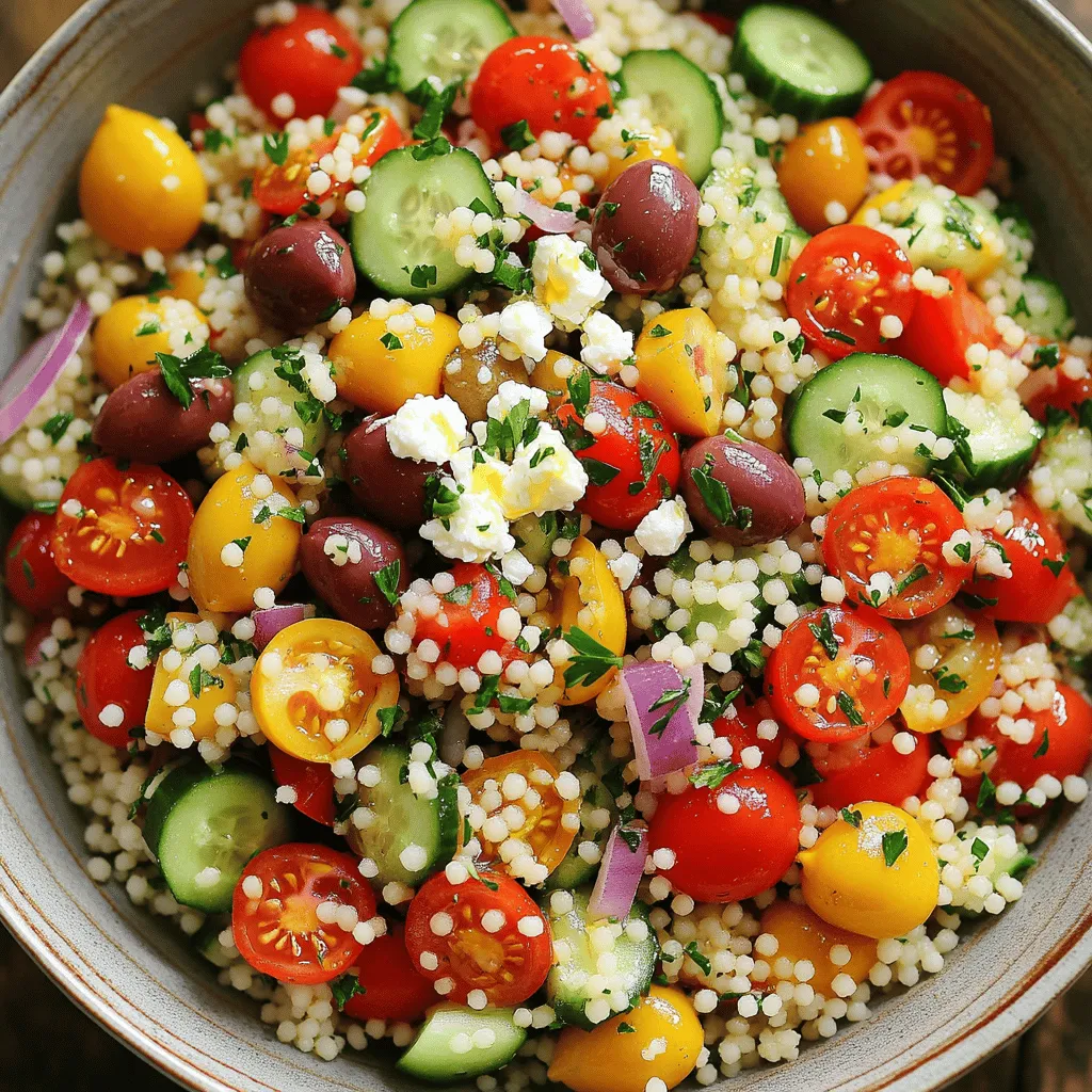 Here’s what you need to make a tasty Quick Mediterranean Couscous Salad: - 1 cup couscous - 1 1/4 cups vegetable broth or water - 1 cup cherry tomatoes, halved - 1 cucumber, diced - 1/2 red bell pepper, chopped - 1/4 red onion, finely chopped - 1/2 cup feta cheese, crumbled - 1/4 cup kalamata olives, pitted and sliced - 2 tablespoons fresh parsley, chopped - 2 tablespoons olive oil - 2 tablespoons lemon juice - Salt and pepper to taste If you don’t have something, here are some great swaps: - Couscous: Use quinoa or bulgur for a different grain. - Feta cheese: Try goat cheese or even a vegan alternative. - Kalamata olives: Green olives work well too. - Vegetable broth: Use chicken broth for more flavor, if you like. - Fresh parsley: Mint or basil can give a nice twist. This salad is not only fresh but also packed with nutrients. Here's a quick look: - Calories: About 290 per serving. - Protein: 9 grams, thanks to the feta and couscous. - Fiber: 4 grams, which is great for digestion. - Fat: 15 grams, mainly from olive oil and olives, which are healthy fats. - Vitamins: You'll get a good dose of vitamins A and C from the veggies. Feel free to check the Full Recipe for more details! To make this Quick Mediterranean Couscous Salad, gather your ingredients first. You need couscous, broth or water, and fresh veggies. Feta cheese and olives add flavor. This process is quick and easy, taking about 20 minutes in total. 1. Start by boiling the vegetable broth or water in a medium saucepan. 2. Once it boils, take it off the heat. Stir in the couscous. 3. Cover the pot and let it sit for 5 minutes. The couscous will absorb the liquid. 4. After 5 minutes, fluff the couscous with a fork. Let it cool to room temperature. 5. In a large bowl, mix halved cherry tomatoes, diced cucumber, chopped red bell pepper, and red onion. 6. Add the cooled couscous to the bowl with the veggies. 7. Toss in crumbled feta cheese and sliced kalamata olives. 8. Drizzle olive oil and lemon juice over the salad. Toss gently to mix. 9. Season with salt and pepper. Fold in the chopped parsley. 10. Let the salad sit for 10 minutes before serving. This helps the flavors blend. To fluff couscous well, use a fork instead of a spoon. A fork keeps the grains separate. Make sure to let it cool before mixing it with other ingredients. This step prevents the salad from becoming mushy. If you want a lighter texture, add a bit more olive oil when fluffing. Enjoy your fresh salad! You can find the Full Recipe in the article. To keep your salad fresh, use ripe veggies. Choose bright, firm cherry tomatoes and crisp cucumbers. Always wash your produce well. Cut your veggies right before mixing. This helps them stay crunchy. If you have leftover salad, store it in an airtight container. Enjoy it within two days for the best taste. You can serve this salad cold or at room temperature. Use a large bowl for a family meal. For a picnic, pack the salad in individual containers. Add some lemon wedges for extra flavor on the side. If you want a heartier dish, serve it with grilled chicken or shrimp. Quick Mediterranean Couscous Salad pairs well with many dishes. Try it with grilled fish for a light meal. It also goes great with a meat dish, like lamb or beef kebabs. For a vegetarian option, serve it with stuffed peppers or falafel. You can find more ideas in the Full Recipe link. {{image_2}} You can easily add proteins to your couscous salad. Chicken is a great choice. Grilled or roasted chicken adds flavor and heartiness. Simply chop it into bite-sized pieces and mix it in. You can also use chickpeas. They are tasty and plant-based. Just drain a can of chickpeas and rinse them before adding. This boosts nutrition and keeps you full longer. If you want vegetarian options, consider avocado or sunflower seeds. Avocados add creaminess and good fats. Slice them right before serving to keep them fresh. Sunflower seeds add a nice crunch. They also pack a nutrient punch. Toss in a handful for extra texture. Both options make your salad more vibrant and fulfilling. Spices and herbs can enhance your salad's taste. Try adding cumin or smoked paprika for a warm flavor. A pinch of red pepper flakes can add heat. Fresh herbs like basil or dill work great too. They boost freshness and aroma. Feel free to mix and match until you find your perfect flavor combo. For more detailed ideas, refer to the Full Recipe. To keep your Quick Mediterranean Couscous Salad fresh, store it in an airtight container. This will help keep the flavors intact. Place it in the fridge right after you make it. The cool air will slow down spoilage. If you have leftovers, use them within three days for the best taste. Freezing this salad is not the best idea. The texture of the couscous and veggies can change. If you must freeze it, separate the salad into single servings. Use freezer bags or containers. Make sure to remove as much air as possible. This can prevent freezer burn. Thaw it in the fridge before serving. When stored properly in the fridge, this salad lasts about three days. After that, the veggies can get soggy, and the flavors fade. If you see any changes in color or smell, it's best to toss it out. Enjoy your salad fresh for the best taste! For the full recipe, check the section above. Yes, you can make the salad a day ahead. This allows the flavors to blend well. Just store it in the fridge. Keep the salad covered in an airtight container. If you don’t have feta, try using goat cheese or ricotta. Both add creaminess and flavor. You can also use vegan cheese for a dairy-free option. No, this recipe is not gluten-free. Couscous is made from wheat. If you're gluten-free, use quinoa or rice instead. They work well in this salad. To keep the salad fresh, store it in the fridge. Make sure to keep the dressing separate. Add the dressing just before serving. This helps keep the salad crisp and tasty. For the full recipe, check the details above. This blog post covered all you need to make a great couscous salad. We looked at ingredients, cooking steps, and tips for serving. You can adjust the recipe for your taste and even store it easily. Remember, couscous is versatile and can match many meals. Enjoy your cooking and get creative with flavors! Your salad will shine on any table.