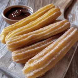 To make these tasty treats, you need a few key items: - 1 cup water - 1/4 cup unsalted butter - 1 tablespoon granulated sugar - 1/2 teaspoon salt - 1 cup all-purpose flour - 2 large eggs - 1 teaspoon vanilla extract - 1/2 cup granulated sugar (for coating) - 1 tablespoon ground cinnamon - Oil for frying These ingredients come together to create a rich dough that turns crispy when fried. You’ll enjoy the warm, sweet taste of cinnamon sugar on each churro. Churros taste even better with dips. Here are some great choices: - Chocolate sauce - Caramel sauce - Nutella or dulce de leche These sauces add a fun twist and let you enjoy your churros in new ways. To make churros, you will need some special tools: - Piping bag with star tip - Deep fryer or heavy-bottomed pot - Slotted spoon and paper towels These tools help you create perfect churros with ease. The piping bag gives them their classic shape, while the fryer ensures they cook evenly. Be ready to enjoy a delightful homemade treat! Check out the Full Recipe for all the steps. To make the churro dough, start by combining the following in a medium saucepan: - 1 cup water - 1/4 cup unsalted butter - 1 tablespoon granulated sugar - 1/2 teaspoon salt Place the pan over medium heat. Stir until the butter melts. Wait until the mixture comes to a gentle boil. Remove the pan from heat. Now, add 1 cup of all-purpose flour all at once. Stir hard with a wooden spoon until a thick dough forms. It should pull away from the sides of the pan. Let the dough cool for about 5 minutes. Then, add 2 large eggs one at a time. Mix well after each addition. Finally, stir in 1 teaspoon of vanilla extract until smooth. Next, we need to fry the churros. First, preheat oil in a deep fryer or a heavy pot to 350°F (175°C). Fit a piping bag with a large star tip, then fill it with the churro dough. Once the oil is hot, carefully pipe 6-inch strips of dough into the oil. Cut them with scissors as you go. Fry a few churros at a time. Be careful not to crowd the pan. Fry until they are golden brown on all sides, which takes about 2-3 minutes. Remove the churros from the oil using a slotted spoon. Drain them on paper towels for a few seconds to get rid of excess oil. Immediately roll the hot churros in cinnamon-sugar. To make the cinnamon-sugar, combine 1/2 cup granulated sugar and 1 tablespoon ground cinnamon in a shallow dish. Make sure each churro gets fully coated. Serve them warm with your favorite dipping sauce, like chocolate or caramel. Enjoy your crispy, sweet churros! For the complete process, check the Full Recipe. To fry churros well, keep an eye on the oil's temperature. Heat it to 350°F (175°C). If it's too hot, your churros will brown too fast. If it's too cool, they will soak up oil. Use a candy thermometer for best results. When piping the dough, use a large star tip. This shape gives churros their classic ridged look. Hold the piping bag straight down. Apply even pressure to create 6-inch strips. Cut the dough with scissors to drop it into the oil. One common mistake is overcrowding the pan. Fry only a few churros at a time. This helps keep the oil hot and ensures even cooking. If you add too many, the temperature drops. Your churros can end up soggy instead of crispy. Another mistake is not letting the dough cool. After mixing, let it rest for about five minutes before adding eggs. This cooling time helps the dough set up and makes it easier to pipe. You can boost your churros' taste by adding spices to the dough. A pinch of nutmeg or cardamom can give them a unique twist. Just add a little to the flour mixture when you combine it. Incorporating citrus zest is another great idea. Try adding zest from an orange or lemon. This adds a fresh flavor that pairs well with the sweetness. It makes your churros even more delightful! For the full recipe, check out the details above. {{image_2}} To make chocolate-filled churros, you need a good chocolate filling. Use your favorite chocolate or a mix of chocolate and cream. Here’s how you do it: 1. Prepare the Filling: Melt 1 cup of chocolate chips with 1/2 cup of heavy cream in a small pot. Stir until smooth. 2. Pipe the Dough: After frying the churros, wait a moment for them to cool slightly. 3. Fill the Churros: Use a thin piping tip and insert it into one end of the churro. Squeeze gently to fill it with chocolate. Stop when you feel resistance. If you want a healthier option, try baked churros. They still taste great and save on oil. Here’s how to make them: 1. Preheat the Oven: Set it to 400°F (200°C). 2. Prepare the Dough: Follow the same dough recipe from the Full Recipe. 3. Shape the Churros: Pipe the dough onto a baking sheet lined with parchment paper. Make them about 6 inches long. 4. Bake: Bake for 15-20 minutes until golden brown. Roll them in cinnamon-sugar right after they come out of the oven. You can change churros for different seasons. Here are two fun ideas: - Pumpkin Spice Churros: Add 1 teaspoon of pumpkin spice to the dough. Roll them in cinnamon-sugar mixed with a bit of nutmeg. - Eggnog Churros: Use nutmeg and a dash of rum extract in the dough. After frying, roll in cinnamon-sugar and serve with eggnog dipping sauce. These variations let you have fun with your churros all year long! To keep churros fresh, place them in an airtight container. Let them cool first. Store the container in the fridge. This will keep them safe for a few days. When you want to enjoy them again, reheat for maximum crispiness. Preheat your oven to 350°F (175°C). Place the churros on a baking sheet. Heat them for about 5-7 minutes until warm and crunchy. You can freeze churros for later use too. If they are uncooked, pipe the dough onto a baking sheet lined with parchment. Freeze the churros for about two hours until solid. Then, transfer them to a freezer bag. If you want to freeze cooked churros, let them cool first. Place them in a single layer in a container and freeze. This way, they will stay fresh for up to three months. In the fridge, churros last about 3-4 days. In the freezer, they can last for up to three months. The longer you keep them, the more they may lose their crunch. Always check for any signs of spoilage before eating. Enjoy your cinnamon sugar churros, whether fresh or stored! If you want the full recipe, check out the detailed instructions above. Churros are simple yet delicious. They use basic ingredients to create their unique taste. The main ingredients are: - 1 cup water - 1/4 cup unsalted butter - 1 tablespoon granulated sugar - 1/2 teaspoon salt - 1 cup all-purpose flour - 2 large eggs - 1 teaspoon vanilla extract - 1/2 cup granulated sugar (for coating) - 1 tablespoon ground cinnamon - Oil for frying These ingredients combine to form a rich dough. You cook the dough by frying it in hot oil. The result is crispy and sweet churros, coated in cinnamon sugar. Yes, you can make churros without eggs! You can use substitutes like applesauce or mashed bananas. Use 1/4 cup of applesauce or 1/4 ripe banana for each egg. This keeps the dough moist and helps it hold together. You may need to adjust the flour slightly. Start with a little less flour, then add more if needed. This way, the dough stays the right texture without eggs. To keep churros crispy, store them in a single layer. Place them on a wire rack instead of a plate. This allows air to circulate around them. Avoid placing them in a container with a lid. This traps moisture and makes them soggy. If you need to reheat churros, do so in an oven. Preheat it to 350°F (175°C) and bake for 5-7 minutes. This restores their crispiness. Enjoy your churros warm for the best taste and texture. You can find the full recipe for cinnamon sugar churros to create this delightful treat. You learned how to make delicious cinnamon sugar churros from start to finish. We explored essential ingredients, equipment needed, and step-by-step instructions to help you fry perfect churros. I shared tips to avoid common mistakes and suggested fun variations like chocolate-filled and baked churros. Finally, you got storage info to keep churros fresh. Making churros at home can be easy and fun, and the results are tasty. Enjoy your churro-making adventure!