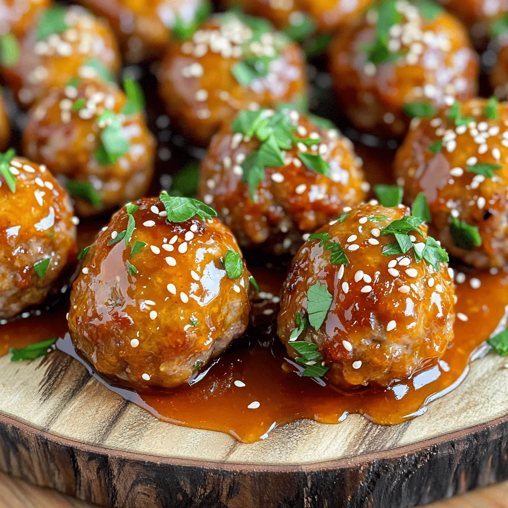 - Ground meat choices: You can use either ground beef or ground turkey. Both options work well and give great flavor. - Binder ingredients: Breadcrumbs and a beaten egg keep the meatballs together. They help give the meatballs a nice texture. - Flavor enhancers: Garlic adds a strong taste. Grated Parmesan cheese gives a rich flavor. Finely chopped parsley adds freshness and color. - Honey garlic glaze ingredients: The glaze is key to this dish. You need honey for sweetness, soy sauce for saltiness, and vinegar for a touch of tang. First, we need to preheat the oven to 400°F (200°C). Line a baking sheet with parchment paper. This step keeps the meatballs from sticking. In a large bowl, mix the ground beef or turkey, breadcrumbs, Parmesan cheese, chopped parsley, beaten egg, minced garlic, salt, and pepper. Get your hands in there and mix until everything is well combined. Next, shape the mixture into small meatballs, about 1 inch wide. Place them on the baking sheet. Bake the meatballs in the oven for 20 to 25 minutes. They should be cooked through and golden brown when ready. While the meatballs bake, let’s make the honey garlic glaze. You need honey, soy sauce, apple cider vinegar, sesame oil, and crushed red pepper flakes if you like some heat. In a small saucepan, combine these ingredients over medium heat. Stir the mixture until it is smooth. Bring it to a gentle simmer. Cook until it thickens slightly, which should take about 5 minutes. Once the meatballs are done baking, take them out of the oven. Carefully transfer the meatballs into the saucepan with the glaze. Toss them gently to coat every meatball in the honey garlic sauce. Let the meatballs simmer in the glaze for about 5 more minutes. This helps them absorb all the great flavors. When serving, you can garnish with extra chopped parsley for a fresh touch. Serve hot, and enjoy this simple, flavorful dish! Check the Full Recipe for more details. To make moist and tasty meatballs, use a mix of ground beef or turkey. Ground beef offers rich flavor, while turkey gives a lean option. Add breadcrumbs to keep them soft. The egg helps bind everything together. Don’t forget the garlic! It brings a nice kick to each bite. When shaping your meatballs, aim for about one inch in diameter. This size cooks evenly. Bake them at 400°F (200°C) on a lined sheet. This method gives them a nice brown color. Turn them halfway through baking for even browning. To amp up the glaze, feel free to tweak the ingredients. You can add more garlic for a stronger taste. A splash of sesame oil gives a rich flavor, too. If you love heat, try adding more crushed red pepper flakes. For a sweeter glaze, add a bit more honey. If you want a tart flavor, use more apple cider vinegar. These small adjustments let you customize the taste to your liking. Enjoy experimenting! Remember, the perfect glaze makes your meatballs shine. Check out the Full Recipe for more details. {{image_2}} You can switch up the meat in your meatballs. Ground chicken is a great choice. It’s lean and still tasty. You can also use plant-based options, like lentils or chickpeas. These make a yummy vegetarian dish. Feel free to play with spices and herbs. Add some Italian seasoning for a twist. Try thyme or oregano to change the flavor. You could even add a pinch of cumin for a warm note. If you're looking for new glaze ideas, think outside the box. Use teriyaki sauce for a sweet twist. A spicy sriracha glaze can add heat. You might also want to try a simple barbecue sauce. When pairing sauces with meat choices, consider the flavor. A sweet glaze goes well with beef. For chicken, a citrus sauce can brighten it up. With vegetarian meatballs, a tangy sauce works best. For the full recipe, check out the Honey Garlic Glazed Meatballs section. To keep your honey garlic glazed meatballs fresh, refrigeration is key. Store them in an airtight container. They stay good in the fridge for about 3 to 4 days. When you are ready to eat, just reheat them. If you want to store them longer, freezing is a great option. You can freeze pre-cooked meatballs. Place them in a single layer on a baking sheet. Freeze until firm, then move them to a freezer bag. They can last for up to 3 months in the freezer. Reheating meatballs can be done in several ways. The oven is one good method. Preheat your oven to 350°F (175°C) and place the meatballs on a baking tray. Heat for about 10 to 15 minutes. You can also use the microwave. Place the meatballs in a microwave-safe dish and cover. Heat for about 1 to 2 minutes, checking to make sure they are hot. To keep the glaze flavorful, consider reheating the glaze separately. Warm it in a small pan over low heat. Once the meatballs are hot, toss them in the warm glaze. This keeps the sweet and savory flavors shining. For the full experience, check out the Full Recipe for tips on making them just right! How long to cook meatballs at 400°F (200°C)? You should bake the meatballs for 20 to 25 minutes. They will turn golden brown and be cooked through. Use a meat thermometer for best results. The internal temperature should reach 165°F (75°C). Can I make honey garlic meatballs in advance? Yes, you can make them ahead of time. Prepare the meatballs and glaze. Store them in the fridge for up to two days. Reheat them in the oven or on the stove when ready to serve. What sides pair well with honey garlic glazed meatballs? Great sides include steamed rice, roasted vegetables, or a simple salad. You can also serve them with noodles or on a sub for a tasty sandwich. Can I use a slow cooker for this recipe? Absolutely! Brown the meatballs in a skillet first. Then, add them to the slow cooker with the glaze. Cook on low for 4 to 6 hours or high for 2 to 3 hours. This creates a deep flavor. What can I substitute for honey? You can use maple syrup or agave nectar instead of honey. Both options will add sweetness and a similar texture. Is there a gluten-free option for breadcrumbs? Yes! You can use gluten-free breadcrumbs or crushed gluten-free crackers. Ground oats also work well as a binder. Alternatives for soy sauce in the glaze? Try tamari or coconut aminos as a soy sauce substitute. Both options deliver a similar taste without gluten. You can make tasty honey garlic glazed meatballs in a few simple steps. We covered the best ingredients, from meat choices to the glaze. Perfectly shaped meatballs bake until golden brown and pair well with many sides. Remember, you can customize flavors and even store these meatballs for later use. I hope this guide inspires you to try new variations and impress your family or friends. Enjoy creating your version of these delicious meatballs!