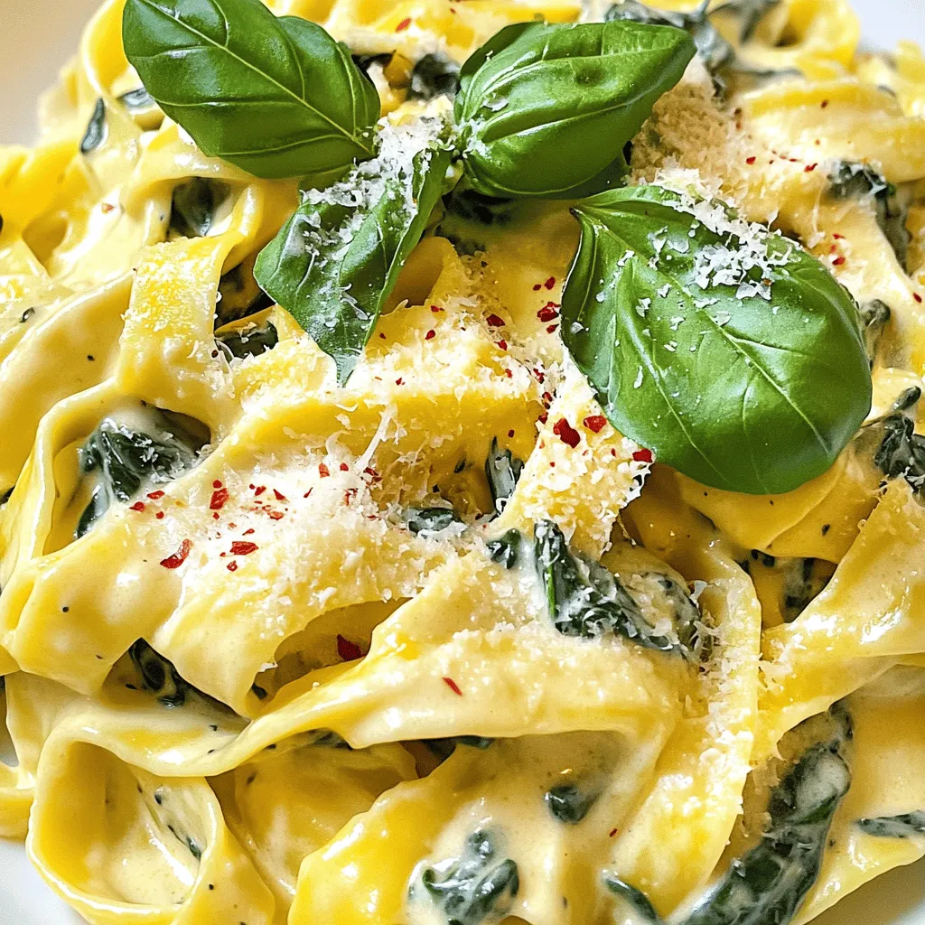 - 8 oz (225 g) pasta of your choice (fettuccine or penne recommended) - 2 tablespoons olive oil - 3 cloves garlic, minced - 5 oz (140 g) fresh spinach, washed and chopped - 1 cup heavy cream - ½ cup grated Parmesan cheese - 1 teaspoon lemon zest - Salt and pepper to taste - Pinch of nutmeg (optional) - ¼ teaspoon red pepper flakes (optional for a kick) - Fresh basil leaves for garnish Gathering the right ingredients makes all the difference in this creamy spinach pasta. Start with the pasta; I love using fettuccine or penne for this dish. They hold sauce well and offer a great bite. Next, olive oil adds richness and helps cook the garlic. Fresh garlic brings out the best flavor. You will need three cloves, minced finely. Spinach is the star ingredient here. Use five ounces of fresh spinach, washed and chopped to add a vibrant color and nutrition. Heavy cream is what makes this sauce creamy and luxurious. You will need one cup for that silky texture. Parmesan cheese adds a wonderful salty depth. Get about half a cup, grated fresh for the best flavor. Lemon zest brightens the dish with a fresh taste. Add just one teaspoon to lift the flavors. Don’t forget salt and pepper to season your pasta. A pinch of nutmeg can add warmth, and red pepper flakes give it a kick if you like some heat. Finally, fresh basil leaves make a lovely garnish. For a detailed cooking guide, refer to the full recipe above. - Step 1: Cook the pasta Start by boiling a large pot of salted water. Add 8 oz of your favorite pasta. Cook until it's al dente, which takes about 8-10 minutes. Save ½ cup of the pasta water for later. - Step 2: Sauté garlic in olive oil In a large pan, heat 2 tablespoons of olive oil over medium heat. Add 3 minced garlic cloves and stir for about 1 minute. The garlic should smell great but not burn. - Step 3: Add spinach and cook down Toss in 5 oz of chopped fresh spinach. Cook for 2-3 minutes until the spinach wilts down. This adds a nice color and flavor to your dish. - Step 4: Add heavy cream and Parmesan Pour in 1 cup of heavy cream and ½ cup of grated Parmesan cheese. Stir until the cheese melts and mixes well. This makes the sauce rich and creamy. - Step 5: Season and mix in lemon zest and spices Add 1 teaspoon of lemon zest, salt, and pepper to taste. If you like a bit of spice, add a pinch of nutmeg and ¼ teaspoon of red pepper flakes. Stir well to blend all the flavors. - Step 6: Combine pasta with the sauce Finally, add the cooked pasta to the sauce. Toss everything together, adding a bit of the reserved pasta water if needed. This helps the sauce cling to the pasta. Now your creamy spinach pasta is ready to enjoy! For a detailed cooking guide, refer to the full recipe above. To get the best texture, always use al dente pasta. This means the pasta should be firm when you bite into it. If your sauce is too thick, add a bit of reserved pasta water. This water is starchy and helps blend everything nicely. Freshly grated Parmesan gives the best taste. Pre-grated cheese often lacks flavor. You can also add extra seasonings. Italian herbs bring out the dish’s warmth. A splash of lemon juice adds brightness and balance. {{image_2}} You can make this creamy spinach pasta fit your diet easily. For a vegan version, replace heavy cream with cashew cream. Use dairy-free cheese for a rich taste without dairy. If you need a gluten-free option, swap regular pasta for gluten-free pasta. Both choices keep the dish tasty and satisfying. Feel free to add protein to your meal. Grilled chicken or shrimp makes it heartier. You can also mix in more vegetables to boost flavor and nutrition. Consider adding mushrooms for an earthy taste or sun-dried tomatoes for a burst of sweetness. Each addition creates a unique dish that you will love. After you enjoy your creamy spinach pasta, store any leftovers right away. Place them in an airtight container. You can refrigerate it for up to 3 days. If you want to keep it longer, freeze it. This dish will stay fresh in the freezer for up to 2 months. Just make sure to label your container with the date. When you're ready to eat your leftovers, reheating is easy. You can reheat them on the stove. Add a splash of cream or water to keep it moist. Stir it gently over low heat until warm. If you prefer the microwave, cover the pasta. This will help prevent it from drying out. Heat for short bursts, stirring in between, until it’s hot. Enjoy your meal! To make a creamy sauce, start with garlic in olive oil. Cook it until soft. Then, add heavy cream. Stir until it thickens. Mix in Parmesan cheese for added flavor. Don’t forget to season with salt, pepper, and a pinch of nutmeg. Yes, you can! Use whole milk or half-and-half for a lighter sauce. For a vegan option, try coconut cream or cashew cream. Each substitute changes the flavor, so taste as you go. Fettuccine and penne are great choices. Fettuccine holds the sauce well, while penne gets sauce inside. Both options create a tasty meal. You can also use gluten-free pasta if needed. Add red pepper flakes for a kick! Mix in some diced fresh chili peppers for more heat. Adjust the amount to your taste. This adds a fun twist to your creamy spinach pasta. - For a detailed cooking guide, refer to the full recipe above. This blog post shared a simple creamy spinach pasta recipe. You learned about the ingredients, steps, and how to store leftovers. Remember to use fresh toppings and spices to enhance flavors. Feel free to try variations for dietary needs or add your favorite proteins. This dish is easy and tasty, making it perfect for any meal. Enjoy your cooking journey and serve this delightful pasta to impress anyone at your table!