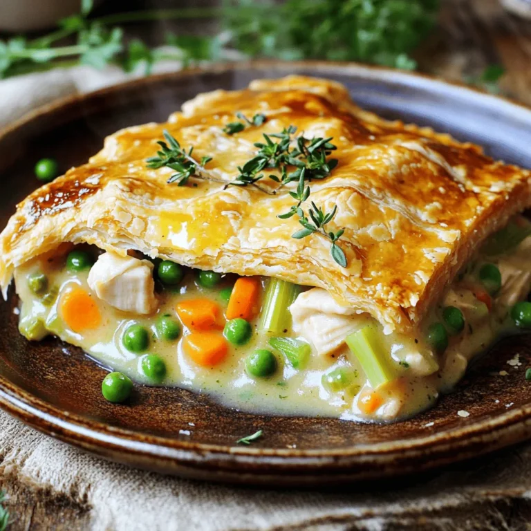 To make a tasty chicken pot pie, gather these key ingredients: - 2 tablespoons unsalted butter - 1 medium onion, diced - 2 carrots, diced - 2 celery stalks, diced - 3 cloves garlic, minced - 2 cups cooked chicken, shredded (leftover or rotisserie chicken works great) - 1 cup frozen peas - 1/3 cup all-purpose flour - 2 cups chicken broth - 1 cup milk - 1 teaspoon dried thyme - 1 teaspoon dried rosemary - Salt and pepper to taste - 1 pie crust for the top (store-bought or homemade) - 1 egg, beaten (for egg wash) These ingredients form the base of your pot pie. They work together to create a rich, creamy filling. The chicken adds protein, while the veggies bring texture and flavor. You can change up your pot pie with fun twists. Here are some ideas: - Mushrooms for an earthy flavor - Corn for sweetness - Potatoes for added heartiness - Spinach for a pop of color and nutrients Feel free to mix and match! Customizing your pot pie lets you explore different tastes. When choosing between fresh or frozen, both have their perks. Fresh veggies taste great but may spoil faster. Frozen veggies are convenient and often picked at peak ripeness. They save time and reduce waste. If you pick fresh, use them quickly. If you use frozen, there’s no need to thaw. Just toss them straight into the mix. This keeps your prep easy and fast. For the full recipe, click [Full Recipe]. To start, gather your ingredients. You will need butter, onion, carrots, celery, garlic, chicken, peas, flour, chicken broth, milk, herbs, salt, and pepper. Melt two tablespoons of unsalted butter in a large skillet over medium heat. Add one diced onion, two diced carrots, and two diced celery stalks. Sauté the mixture for five to seven minutes until the veggies soften. Then, add three minced garlic cloves and cook for one more minute. Next, stir in two cups of shredded chicken and one cup of frozen peas. Mix everything well. Sprinkle one-third cup of flour over the filling. Stir to coat the meat and veggies, cooking for one to two minutes. Gradually pour in two cups of chicken broth and one cup of milk while whisking. This stops lumps from forming. Bring the mixture to a simmer and cook until it thickens, about three to five minutes. Add one teaspoon each of dried thyme and rosemary, plus salt and pepper to taste. Remove from heat and set aside. If you are using a store-bought pie crust, roll it out and fit it into a 9-inch pie dish. If you prefer homemade, roll out your dough until it is about a quarter-inch thick. Place the crust in the pie dish, making sure it covers the bottom and sides well. Pour the prepared chicken filling into the crust. Cover with the top crust, sealing the edges tightly. Cut a few slits in the top crust to let steam escape during baking. Brush the top crust with a beaten egg for a nice golden finish. Preheat your oven to 425°F (220°C). Place your pot pie in the oven and bake for 25 to 30 minutes. Look for a golden brown crust and bubbling filling. Once done, let it cool for a few minutes before serving. For a beautiful presentation, slice the pot pie and serve it on individual plates. You can garnish with fresh herbs like parsley for color. A side salad works great to complete the meal. For the full recipe, check the details above. To make a great pie crust, start with cold butter and cold water. This helps the crust stay flaky. Use all-purpose flour for the best texture. Roll the dough gently and evenly. If you want a golden crust, brush it with a beaten egg before baking. Bake your pie at a high temperature to get a nice brown color. One mistake is using warm butter. It can lead to a tough crust. Another mistake is not rolling the dough thin enough. A thick crust can be chewy instead of flaky. Overfilling the pie is also a problem. This can cause the filling to spill out during baking. Finally, don't forget to cut slits in the top crust for steam to escape. This keeps the filling from boiling over. You can also cook chicken pot pie on the stove or in a slow cooker. For the stove, make the filling as usual. Then, scoop it into bowls and place the pie crust on top. Bake it in the oven until golden. For the slow cooker, add the filling and place the crust on top. Cook on low for 4-6 hours. This method makes the filling very tender. You can find the full recipe to guide you through these methods. {{image_2}} Classic chicken pot pie is warm and cozy. It uses simple ingredients like chicken, veggies, and cream. Modern takes often add twists. Some use puff pastry instead of a pie crust. Others make mini pot pies in ramekins. These changes keep the dish fresh and fun while still delivering comfort. You can switch up the protein in your pot pie. Turkey works well, especially after holidays. Beef adds a hearty touch, and seafood can bring a unique flavor. For a vegetarian option, use mushrooms or lentils. You can also load it with more veggies like spinach and bell peppers. This way, everyone can enjoy a tasty meal. To boost flavor, try adding spices and herbs. A pinch of paprika can add warmth. Fresh herbs like parsley or basil brighten the dish. For a rich taste, consider mixing in cheese. Cheddar or Gruyère melts nicely and adds creaminess. These enhancements make your pot pie truly special, bringing new depth to this classic dish. After you enjoy your chicken pot pie, store leftovers properly. Let the pie cool to room temperature. Cover it tightly with plastic wrap or foil. You can also place it in an airtight container. This helps keep it fresh for up to three days in the fridge. Always label the container with the date to remind you when you made it. Freezing chicken pot pie is a great option. If you want to keep it longer, you can freeze it. Wrap the whole pie in plastic wrap, then in aluminum foil. This double layer prevents freezer burn. You can also freeze individual slices. They thaw and reheat nicely. The pie can last for about three months in the freezer. To reheat chicken pot pie, preheat your oven to 350°F (175°C). If frozen, let it thaw in the fridge overnight. Place the pie or slices in an oven-safe dish. Cover it loosely with foil to avoid browning too quickly. Heat for about 20-30 minutes, or until warm. For a crispy crust, remove the foil in the last few minutes. Enjoy that comforting taste again! For the full recipe, check out [Full Recipe]. Yes, you can use rotisserie chicken for pot pie. It saves time and adds great flavor. Just shred the chicken and mix it with your veggies. This makes the cooking process quick and easy. You can use any leftover chicken too. It’s a great way to use up what you have. If you don’t have chicken broth, you have options. You can use vegetable broth for a tasty twist. Water can also work, but add more herbs to boost flavor. Some people like to use white wine for a richer taste. Just be sure to adjust the seasonings. To make a gluten-free chicken pot pie, swap out the all-purpose flour. Use gluten-free flour blends for thickening. You can also use cornstarch or arrowroot powder. For the crust, look for gluten-free pie crusts at the store or make your own with gluten-free flour. Pot pie pairs well with simple side dishes. A light salad with greens and vinaigrette adds freshness. Steamed vegetables like green beans or broccoli work well too. If you want something hearty, mashed potatoes or rice are great options. Choose sides that balance the rich filling of the pot pie. You learned about the key ingredients for chicken pot pie, from essential staples to fun extras. I shared step-by-step instructions to help you prepare, bake, and serve this dish. Tips for a perfect crust and ways to avoid common mistakes ensure your success. Plus, I covered storage and reheating for leftovers. This classic dish is flexible and fun. Explore variations and find your favorite way to enjoy chicken pot pie. Cook with confidence and share your creation with others!