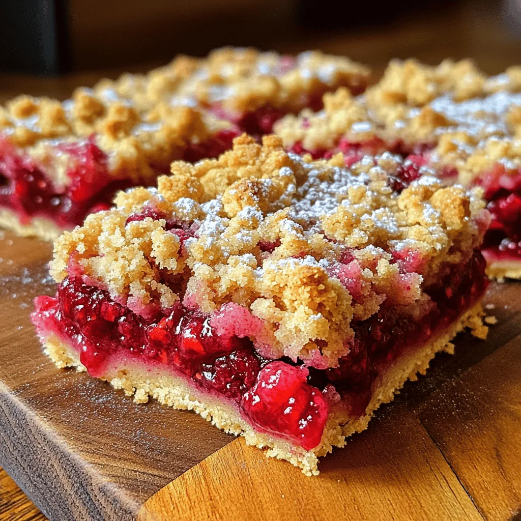 To make these tasty Raspberry Crumble Bars, you need: - 2 cups all-purpose flour - 1 cup rolled oats - 1 cup brown sugar, packed - 1/2 teaspoon baking powder - 1/2 teaspoon salt - 1 cup unsalted butter, melted - 1 teaspoon vanilla extract - 2 cups fresh raspberries (or frozen, thawed and drained) - 1 tablespoon cornstarch - 2 tablespoons lemon juice - 1/4 cup granulated sugar (for the raspberry filling) You can switch some ingredients if needed. Here are some ideas: - Use coconut oil instead of butter for a dairy-free option. - Swap brown sugar with coconut sugar for a healthier choice. - Try whole wheat flour or gluten-free flour for a different texture. - Feel free to replace raspberries with blueberries or strawberries. Using great ingredients makes a big difference. Here are brands I trust: - For flour, I recommend King Arthur Flour. - Bob's Red Mill is my go-to for rolled oats. - Land O'Lakes offers excellent unsalted butter. - For sugar, C&H Sugar is a solid choice. - Fresh raspberries from Driscoll’s are always sweet and juicy. You can find the full recipe above for detailed steps! First, gather all your ingredients. You will need: - 2 cups all-purpose flour - 1 cup rolled oats - 1 cup brown sugar, packed - 1/2 teaspoon baking powder - 1/2 teaspoon salt - 1 cup unsalted butter, melted - 1 teaspoon vanilla extract - 2 cups fresh raspberries (or frozen, thawed and drained) - 1 tablespoon cornstarch - 2 tablespoons lemon juice - 1/4 cup granulated sugar (for the raspberry filling) Next, preheat your oven to 350°F (175°C). Grease and line an 8x8 inch baking dish. Leave some parchment paper overhang. This helps you lift the bars out later. In a large bowl, mix the flour, rolled oats, brown sugar, baking powder, and salt. Stir well. Pour in the melted butter and vanilla. Mix until it forms a crumbly dough. Save about 1 cup of this for later. Now, in another bowl, toss the raspberries with cornstarch, lemon juice, and granulated sugar. Coat them well. Gently fold these raspberries into the remaining dough. Press half of the crumb mixture into the bottom of your baking dish. This will be your base layer. Spread the raspberry filling evenly over this layer. Finally, sprinkle the reserved crumble on top. Place your dish in the preheated oven. Bake for 30-35 minutes. The top should be golden brown and the filling bubbly. Keep an eye on it to avoid burning. Once baked, remove it from the oven. Let it cool completely in the dish. Use the parchment overhang to lift it out. Cut into squares when cool. To get a great crumble texture, don’t overmix. Mix just until combined. The dough should feel crumbly yet hold together when pressed. Use cold butter if you prefer a firmer texture. This keeps the crumble from spreading too much during baking. Another tip is to sprinkle a little extra sugar on top before baking. This gives a nice crunch and a lovely caramel flavor. Enjoy those delicious raspberry crumble bars! To keep your Raspberry Crumble Bars fresh, store them in an airtight container. They stay good at room temperature for up to three days. If you want them to last longer, place them in the fridge. They can last up to a week when refrigerated. For longer storage, freezing is a great option. Wrap each bar tightly in plastic wrap, then place them in a freezer bag. They can stay fresh in the freezer for up to three months. These bars shine at many events. For a family picnic, cut them into small squares for easy sharing. They work great as a treat for kids' lunchboxes. If you're hosting a dinner party, serve them warm with ice cream. Top them with whipped cream for a festive touch. You can also add a drizzle of chocolate for a more decadent dessert. Want to take your bars to the next level? Try adding nuts like almonds or walnuts for crunch. A sprinkle of cinnamon in the crumble adds warmth and depth. If you like a tangy twist, mix in lemon zest with the raspberries. For a sweeter touch, swap the raspberries for strawberries or blueberries. These small changes make a big difference in flavor and texture. {{image_2}} You can change the fruit in these bars. Try blueberries, strawberries, or peaches. Each fruit brings its own flavor. I love the tartness of cranberries too. You can mix different fruits for a fun twist. Just keep the same amount of fruit as the recipe calls for. This way, your filling stays balanced and tasty. To make these bars gluten-free, swap regular flour for almond or coconut flour. You can also use gluten-free oats. For a vegan version, replace butter with coconut oil or a vegan butter substitute. Use maple syrup or agave nectar instead of brown sugar. These changes keep the bars delicious without losing any flavor. As seasons change, so can your crumble bars. In fall, add pumpkin spice for a warm touch. During winter, try adding a hint of peppermint extract. The spring is perfect for fresh lemon zest or lime juice to brighten the taste. In summer, mix in fresh herbs like basil or mint for a unique flavor. Each season makes the bars fresh and exciting. For the full recipe, check out the details above! To keep your raspberry crumble bars fresh, store them in an airtight container. Place parchment paper between layers to prevent sticking. These bars stay good at room temperature for about three days. If you want them to last longer, refrigerate them for up to a week. You can freeze raspberry crumble bars for up to three months. First, cut them into squares and let them cool completely. Wrap each square in plastic wrap. Then, place them in a freezer-safe bag or container. When you're ready to enjoy, just thaw them in the fridge overnight. To reheat, simply place a bar in the microwave for about 15-20 seconds. You can also warm them in the oven at 350°F (175°C) for about 5-10 minutes. This makes the topping nice and crisp again. Enjoy your raspberry crumble bars warm, or serve them with ice cream for a treat! Yes, you can make Raspberry Crumble Bars ahead of time. I often bake them a day in advance. After baking, let them cool completely. Then, store them in an airtight container. They stay fresh in the fridge for up to a week. If you want to keep them longer, freeze them. Just make sure to wrap them well. They taste great even after freezing! The bars are done when the top turns golden brown. You’ll also see the raspberry filling bubbling slightly. This usually takes about 30 to 35 minutes at 350°F (175°C). Check them around the 30-minute mark. If they look golden and bubbly, they are ready. The smell in your kitchen will be amazing, too! To cut the bars, let them cool completely. Use the parchment paper overhang to lift them out of the dish. Place them on a cutting board. Use a sharp knife for clean cuts. I recommend cutting them into squares or rectangles. You can dust them with powdered sugar for a nice touch. Enjoy them with friends and family! The blog post covers key parts of making Raspberry Crumble Bars. We explored essential ingredients, helpful tips, and storage methods. You learned how to customize your bars with substitutes and variations. These simple changes can spark creativity in the kitchen. Whether you’re baking for a special event or just for yourself, these bars will impress. Keep experimenting and enjoy every bite!