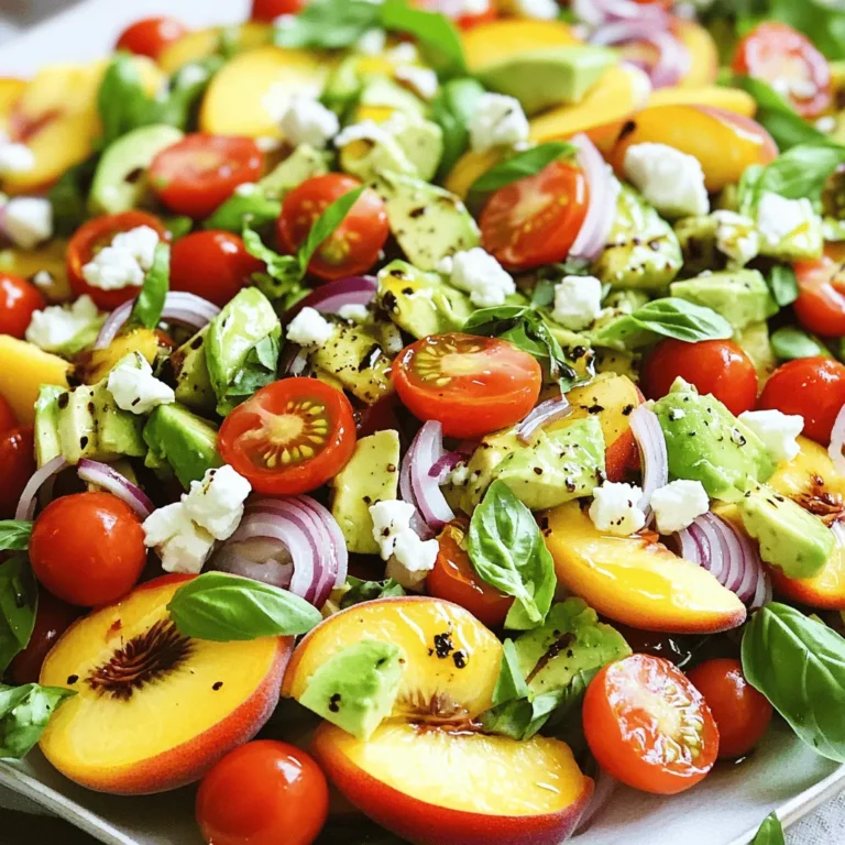 - 2 ripe peaches, sliced - 2 ripe avocados, diced - 1 cup cherry tomatoes, halved - 1/4 cup red onion, finely diced - 1/4 cup fresh basil leaves, torn - 1/4 cup feta cheese, crumbled - 2 tablespoons olive oil - 1 tablespoon balsamic vinegar - Salt and pepper to taste - Each serving has about 220 calories. - This salad is rich in vitamins A, C, and E. - Peaches and avocados provide healthy fats and fiber. You will love the mix of flavors in this salad. The ripe peaches add a sweet touch, while the avocado gives it a creamy feel. The cherry tomatoes bring freshness, and the red onion offers a nice bite. Feta cheese adds a salty kick, balancing all the flavors. Plus, the olive oil and balsamic vinegar create a tasty dressing that pulls everything together. This Peach and Avocado Salad is not just delicious; it's also packed with nutrients that help keep you healthy. Don't forget to check the Full Recipe for all the details! To start, prepare your peaches and avocados. First, slice the peaches into thin wedges. Make sure they are ripe for the best flavor. Next, dice the avocados into small cubes. Be gentle to keep the avocado intact. After that, halve the cherry tomatoes and finely dice the red onion. Now, it’s time to combine the ingredients in a mixing bowl. In a large bowl, add the sliced peaches, diced avocados, halved cherry tomatoes, and red onion. Mix them gently to keep the avocados whole. Next, drizzle the olive oil and balsamic vinegar over the mixture. This adds a rich flavor and brings the salad together. Then, season the salad with salt and pepper to taste. These simple seasonings enhance the natural flavors of the ingredients. Now, it’s time for the final assembly. Toss the salad gently to ensure all ingredients are coated in the dressing. Be careful not to mash the avocado. Finally, add the crumbled feta cheese and torn basil leaves. Fold them in gently for a fresh, vibrant finish. Serve this Peach and Avocado Salad immediately to enjoy the fresh flavors. For a chilled option, refrigerate for up to 30 minutes. You can find the details in the [Full Recipe]. To make the best Peach and Avocado Salad, start with ripe peaches. Look for peaches that give slightly when you press them gently. Their skin should have a warm color, often with a bit of blush. For avocados, choose ones that feel soft but not mushy. The skin should be dark and bumpy for the best flavor. Next, select fresh basil. The leaves should be vibrant green and free of brown spots. For cherry tomatoes, pick ones that are firm and bright. They should smell sweet, signaling their freshness. Presentation matters! Serve this salad on a large, colorful platter. Arrange the salad in layers for a stunning look. You can sprinkle extra feta cheese on top and garnish with fresh basil leaves. This makes the dish pop! For drinks, pair the salad with a light white wine or sparkling water. A citrusy lemonade also complements the sweet and creamy flavors of the salad well. You can prepare this salad ahead of time. Chop the peaches and avocados, then place them in a bowl with a bit of lemon juice to keep them from browning. Mix the other ingredients separately. When storing, keep the salad in airtight containers in the fridge. This way, it stays fresh for a day. For best taste, eat it within 24 hours. You want to enjoy the crunch of the veggies and the creaminess of the avocados. {{image_2}} You can switch feta cheese with goat cheese for a tangy touch. If you prefer a dairy-free option, try using vegan cheese. For added crunch, toss in some walnuts or pumpkin seeds. They give a nice texture and boost nutrition. To enhance the salad, try a honey mustard dressing. It adds sweetness and depth. You can also use a citrus vinaigrette for a zesty kick. Seasonal fruits like strawberries or blueberries can brighten the dish. These fruits pair well with peaches and avocados. Turn the salad into a wrap using large lettuce leaves. This makes for a fun and fresh lunch. You can also serve it as a side dish at gatherings. It adds color and flavor to any meal. For the full recipe, check out the details above. To store leftover salad, place it in an airtight container. Press the lid down to remove air. This helps keep it fresh. You should eat the salad within 1-2 days. After that, the ingredients may start to lose their flavor and texture. Can you freeze Peach and Avocado Salad? I do not recommend freezing it. Avocados and peaches do not freeze well. They can turn mushy when thawed. If you still want to freeze it, freeze only the dressing. Keep it in a separate container for best results. Should you reheat this salad? No, it is best served cold. Reheating can ruin the texture. To enjoy leftovers, simply eat them cold. You can also mix in fresh ingredients to revive the flavors. For the full recipe, check out the earlier section. To make this Peach and Avocado Salad vegan, you can replace feta cheese with a plant-based option. Try using a vegan cheese or even tofu. Tofu can add a nice texture and absorb flavors well. You can also skip the cheese entirely if you prefer a lighter salad. Yes, you can use many other fruits! Try mangoes for a tropical twist or strawberries for a pop of color. Blueberries or raspberries add a nice sweet touch too. Feel free to mix and match fruits based on what you love or have on hand. This salad pairs well with grilled chicken or fish. It also complements a veggie burger nicely. For allergen-friendly options, serve it with gluten-free grains like quinoa or brown rice. This makes a great combo for a light lunch or dinner. To wrap it up, we covered fresh ingredients like peaches, avocados, and tomatoes. I guided you through easy steps to make a tasty salad. We explored tips for picking the best produce and how to serve it beautifully. Plus, you learned how to store leftovers safely. This salad brings flavor and health benefits together. Remember, you can customize it to fit your taste. Enjoy your salad adventure and share it with friends!