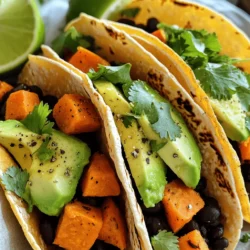 To make Baked Sweet Potato and Black Bean Tacos, gather these items: - 2 medium sweet potatoes, peeled and diced - 1 can (15 oz) black beans, rinsed and drained - 1 tablespoon olive oil - 1 teaspoon cumin - 1 teaspoon smoked paprika - Salt and pepper to taste - 8 small corn tortillas - 1 cup corn kernels (fresh or frozen) - 1 avocado, sliced - 1/4 cup fresh cilantro, chopped - 1 lime, cut into wedges You can add fun touches to your tacos. Consider these options: - Crumbled feta cheese for a salty kick - Sliced jalapeños for some heat - Sour cream for creaminess - Hot sauce for an extra zing Each serving of these tacos is packed with nutrients. Here’s a quick breakdown: - Calories: 320 - Protein: 12g - Carbohydrates: 58g - Fiber: 15g - Fat: 9g - Vitamin A: 184% DV - Vitamin C: 30% DV This dish offers a balance of flavors and nutrients. I love how it feels wholesome and satisfying. For more details on how to put this all together, check out the Full Recipe. Start by preheating your oven to 400°F (200°C). This helps the sweet potatoes cook evenly. Next, peel and dice the two medium sweet potatoes into small cubes. In a bowl, toss the diced sweet potatoes with olive oil, cumin, smoked paprika, salt, and pepper. Make sure each piece is coated well. Spread the sweet potatoes on a baking sheet in a single layer. Roast them in the oven for about 25-30 minutes. Stir halfway through to get that nice caramelization. While your sweet potatoes bake, grab a medium bowl. Rinse and drain a can of black beans. Add these to the bowl. Mix in the corn kernels, and season with salt and pepper. Squeeze some lime juice into the mixture for that fresh zing. This simple mix brings great flavor and texture to your tacos. Once your sweet potatoes are tender and golden, remove them from the oven. Gently fold them into the black bean and corn mixture. This step combines all the flavors beautifully. Now, warm the corn tortillas in a skillet over medium heat. Heat them for about 30 seconds on each side, just until they are soft. To assemble, spoon a generous amount of the sweet potato and black bean mix onto each tortilla. Top with slices of avocado and a sprinkle of fresh cilantro. Serve with lime wedges on the side to enhance the flavor. For the full recipe, check the details above. Baking sweet potatoes is all about getting the texture just right. First, choose medium-sized sweet potatoes. They cook evenly and fit well in tacos. Peel and dice them into small cubes. This helps them roast better. Toss the cubes with olive oil, cumin, smoked paprika, salt, and pepper. Make sure they are evenly coated. Spread them out on a baking sheet in a single layer. This allows hot air to circulate. Roast at 400°F (200°C) for about 25-30 minutes. Stir halfway through to ensure they cook evenly. They should be tender and slightly caramelized when done. You can save time by prepping your tacos in advance. Bake the sweet potatoes and mix them with black beans and corn. Store this mixture in an airtight container in the fridge. You can keep it fresh for up to three days. When you’re ready to eat, warm the tortillas in a skillet. Fill them with the sweet potato mixture and add your toppings. This way, you still enjoy fresh tacos without the long prep time. These tacos shine when paired with fresh ingredients. Avocado adds creaminess and a nice contrast to the sweet potatoes. Fresh cilantro brings a burst of flavor that brightens the dish. Lime wedges should be on the side. A squeeze of lime just before eating adds freshness. You can also serve these tacos with a simple side salad or roasted veggies. This makes a balanced meal that everyone will love. For more ideas, check out the Full Recipe for different ways to enjoy these tacos! {{image_2}} You can easily make these tacos vegan and gluten-free. Use corn tortillas, which are naturally gluten-free. Ensure your black beans are canned without additives. If you want a creamier texture, try using cashew cream instead of sour cream. It adds a rich taste while keeping it plant-based. If you want to switch things up, use quinoa or lentils instead of black beans. These proteins add great texture and taste. You could also add shredded chicken or beef for a heartier option. Just season them well to match the sweet and smoky flavors of the dish. Toppings can change the game for your tacos. Try adding pickled red onions for a tangy crunch. A sprinkle of feta cheese brings a salty kick. You can also use hot sauce for those who like more heat. Fresh salsa or a dollop of guacamole can amp up the flavor too. For the full recipe, check out the Baked Sweet Potato and Black Bean Tacos. You can store leftover tacos in an airtight container. Keep them in the fridge for up to three days. To avoid sogginess, store the sweet potato and black bean mix separately from the tortillas. For longer storage, freeze the sweet potato and black bean mix. Place it in a freezer-safe bag or container. It can last for up to three months. However, avoid freezing the tortillas. Instead, store them in the fridge or at room temperature. To reheat, thaw the sweet potato and black bean mix overnight in the fridge. Warm it in a skillet over medium heat for about five minutes. For the tortillas, heat them in a dry pan for about 30 seconds on each side. This keeps them soft and tasty. Enjoy your tacos again just like fresh! You can find the full recipe for these delicious tacos in the earlier section. The best way to season black beans is simple. You can use salt, pepper, and lime juice. Add cumin and garlic for more flavor. I enjoy mixing in chopped onions and peppers too. These add texture and taste. If you want a kick, try red pepper flakes. Use your favorite spices to make it your own! Yes, you can use other types of beans! Black beans are great, but pinto or kidney beans work well too. Each bean has a unique flavor and texture. Feel free to mix them for fun. Just make sure to rinse and drain canned beans first. This helps remove extra sodium and improves taste. If you can't find corn tortillas, try flour tortillas instead. They are soft and easy to work with. You can also use lettuce leaves for a low-carb option. This adds crunch and freshness. If you want something unique, look for whole-grain or gluten-free tortillas. They can add new flavors and textures to your tacos! For the complete recipe, check out the Full Recipe. This blog post covered all you need to make tasty sweet potato tacos. We discussed key ingredients, detailed preparation steps, and important tips. You learned about healthy variations and how to store leftovers properly. These tacos are simple to make and fun to customize. Enjoy experimenting with flavors and ingredients. You will impress your friends and family with each bite. Happy cooking!