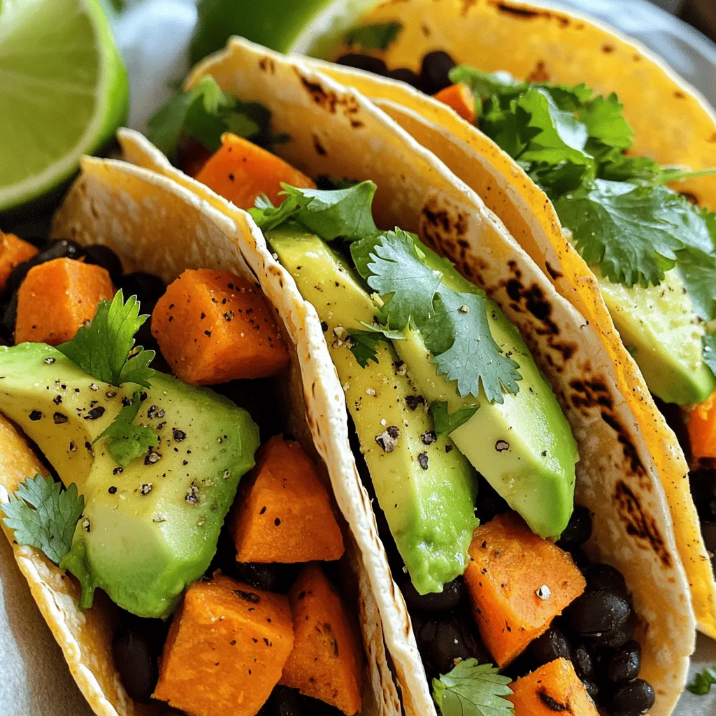 To make Baked Sweet Potato and Black Bean Tacos, gather these items: - 2 medium sweet potatoes, peeled and diced - 1 can (15 oz) black beans, rinsed and drained - 1 tablespoon olive oil - 1 teaspoon cumin - 1 teaspoon smoked paprika - Salt and pepper to taste - 8 small corn tortillas - 1 cup corn kernels (fresh or frozen) - 1 avocado, sliced - 1/4 cup fresh cilantro, chopped - 1 lime, cut into wedges You can add fun touches to your tacos. Consider these options: - Crumbled feta cheese for a salty kick - Sliced jalapeños for some heat - Sour cream for creaminess - Hot sauce for an extra zing Each serving of these tacos is packed with nutrients. Here’s a quick breakdown: - Calories: 320 - Protein: 12g - Carbohydrates: 58g - Fiber: 15g - Fat: 9g - Vitamin A: 184% DV - Vitamin C: 30% DV This dish offers a balance of flavors and nutrients. I love how it feels wholesome and satisfying. For more details on how to put this all together, check out the Full Recipe. Start by preheating your oven to 400°F (200°C). This helps the sweet potatoes cook evenly. Next, peel and dice the two medium sweet potatoes into small cubes. In a bowl, toss the diced sweet potatoes with olive oil, cumin, smoked paprika, salt, and pepper. Make sure each piece is coated well. Spread the sweet potatoes on a baking sheet in a single layer. Roast them in the oven for about 25-30 minutes. Stir halfway through to get that nice caramelization. While your sweet potatoes bake, grab a medium bowl. Rinse and drain a can of black beans. Add these to the bowl. Mix in the corn kernels, and season with salt and pepper. Squeeze some lime juice into the mixture for that fresh zing. This simple mix brings great flavor and texture to your tacos. Once your sweet potatoes are tender and golden, remove them from the oven. Gently fold them into the black bean and corn mixture. This step combines all the flavors beautifully. Now, warm the corn tortillas in a skillet over medium heat. Heat them for about 30 seconds on each side, just until they are soft. To assemble, spoon a generous amount of the sweet potato and black bean mix onto each tortilla. Top with slices of avocado and a sprinkle of fresh cilantro. Serve with lime wedges on the side to enhance the flavor. For the full recipe, check the details above. Baking sweet potatoes is all about getting the texture just right. First, choose medium-sized sweet potatoes. They cook evenly and fit well in tacos. Peel and dice them into small cubes. This helps them roast better. Toss the cubes with olive oil, cumin, smoked paprika, salt, and pepper. Make sure they are evenly coated. Spread them out on a baking sheet in a single layer. This allows hot air to circulate. Roast at 400°F (200°C) for about 25-30 minutes. Stir halfway through to ensure they cook evenly. They should be tender and slightly caramelized when done. You can save time by prepping your tacos in advance. Bake the sweet potatoes and mix them with black beans and corn. Store this mixture in an airtight container in the fridge. You can keep it fresh for up to three days. When you’re ready to eat, warm the tortillas in a skillet. Fill them with the sweet potato mixture and add your toppings. This way, you still enjoy fresh tacos without the long prep time. These tacos shine when paired with fresh ingredients. Avocado adds creaminess and a nice contrast to the sweet potatoes. Fresh cilantro brings a burst of flavor that brightens the dish. Lime wedges should be on the side. A squeeze of lime just before eating adds freshness. You can also serve these tacos with a simple side salad or roasted veggies. This makes a balanced meal that everyone will love. For more ideas, check out the Full Recipe for different ways to enjoy these tacos! {{image_2}} You can easily make these tacos vegan and gluten-free. Use corn tortillas, which are naturally gluten-free. Ensure your black beans are canned without additives. If you want a creamier texture, try using cashew cream instead of sour cream. It adds a rich taste while keeping it plant-based. If you want to switch things up, use quinoa or lentils instead of black beans. These proteins add great texture and taste. You could also add shredded chicken or beef for a heartier option. Just season them well to match the sweet and smoky flavors of the dish. Toppings can change the game for your tacos. Try adding pickled red onions for a tangy crunch. A sprinkle of feta cheese brings a salty kick. You can also use hot sauce for those who like more heat. Fresh salsa or a dollop of guacamole can amp up the flavor too. For the full recipe, check out the Baked Sweet Potato and Black Bean Tacos. You can store leftover tacos in an airtight container. Keep them in the fridge for up to three days. To avoid sogginess, store the sweet potato and black bean mix separately from the tortillas. For longer storage, freeze the sweet potato and black bean mix. Place it in a freezer-safe bag or container. It can last for up to three months. However, avoid freezing the tortillas. Instead, store them in the fridge or at room temperature. To reheat, thaw the sweet potato and black bean mix overnight in the fridge. Warm it in a skillet over medium heat for about five minutes. For the tortillas, heat them in a dry pan for about 30 seconds on each side. This keeps them soft and tasty. Enjoy your tacos again just like fresh! You can find the full recipe for these delicious tacos in the earlier section. The best way to season black beans is simple. You can use salt, pepper, and lime juice. Add cumin and garlic for more flavor. I enjoy mixing in chopped onions and peppers too. These add texture and taste. If you want a kick, try red pepper flakes. Use your favorite spices to make it your own! Yes, you can use other types of beans! Black beans are great, but pinto or kidney beans work well too. Each bean has a unique flavor and texture. Feel free to mix them for fun. Just make sure to rinse and drain canned beans first. This helps remove extra sodium and improves taste. If you can't find corn tortillas, try flour tortillas instead. They are soft and easy to work with. You can also use lettuce leaves for a low-carb option. This adds crunch and freshness. If you want something unique, look for whole-grain or gluten-free tortillas. They can add new flavors and textures to your tacos! For the complete recipe, check out the Full Recipe. This blog post covered all you need to make tasty sweet potato tacos. We discussed key ingredients, detailed preparation steps, and important tips. You learned about healthy variations and how to store leftovers properly. These tacos are simple to make and fun to customize. Enjoy experimenting with flavors and ingredients. You will impress your friends and family with each bite. Happy cooking!