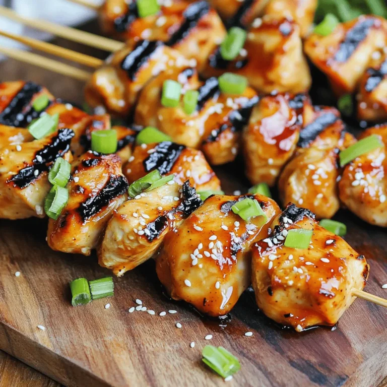 - Chicken: Use 1 lb of boneless, skinless chicken breasts. Cut them into 1-inch pieces for even cooking. - Marinade components: You need these key ingredients for a tasty marinade: - 1/4 cup honey - 2 tablespoons Sriracha sauce - 2 tablespoons soy sauce - 1 tablespoon rice vinegar - 2 cloves garlic, minced - 1 teaspoon grated fresh ginger - 1 tablespoon olive oil - Salt and pepper to taste - Garnishes: For a beautiful finish, use chopped scallions and sesame seeds. - Alternative proteins: If you want a change, try shrimp or firm tofu. Both work well with the marinade. - Gluten-free alternatives: Use tamari instead of soy sauce. This keeps your dish gluten-free without losing flavor. - Flavor variations: Add spices like smoked paprika or cayenne pepper for a kick. You can also mix in lime juice for a zesty twist. These ingredients make your Honey Sriracha Chicken Skewers shine. Check out the Full Recipe for all the steps to create this delightful dish! To start, we need to mix the marinade ingredients. In a bowl, whisk together: - 1/4 cup honey - 2 tablespoons Sriracha sauce - 2 tablespoons soy sauce - 1 tablespoon rice vinegar - 2 cloves garlic, minced - 1 teaspoon grated fresh ginger - 1 tablespoon olive oil - Salt and pepper to taste This blend gives the chicken a sweet and spicy kick. Key tips for marinating include using fresh ingredients for the best flavor. Make sure to combine everything well. This mix needs to be smooth, so no clumps remain. Next, let’s marinate the chicken. Take 1 lb of boneless, skinless chicken breasts, cut them into 1-inch pieces, and add them to the marinade. Mix until every piece is coated. Cover the bowl and place it in the fridge. The best practice for marinating is to let it sit for at least 30 minutes. For a stronger flavor, you can marinate it up to 2 hours. This time allows the chicken to soak in those tasty flavors. Now, it's time to grill the skewers. First, prepare your grill by heating it over medium-high heat. If you use a grill pan, the same heat applies. While the grill heats, take the chicken out of the marinade. Reserve the marinade for basting later. Thread the chicken pieces onto soaked wooden skewers. When the grill is ready, place the skewers on it. Cook for about 10-12 minutes, turning them occasionally. This keeps the chicken juicy and helps get those nice grill marks. While grilling, brush the reserved marinade over the chicken. Just don’t baste in the last minute to avoid raw marinade on the chicken. Once cooked, let the skewers rest for a few minutes. This helps keep them tender. Finally, you can garnish your skewers with chopped scallions and sesame seeds before serving. - Marination time tips: Marinate your chicken for at least 30 minutes. For the best taste, let it sit for up to 2 hours. This allows the flavors to soak in deeply. The longer the chicken marinates, the more flavorful it becomes. - Basting techniques: Reserve some marinade before adding it to the chicken. While grilling, brush this marinade over the skewers. This adds extra flavor. Just remember to stop basting one minute before you finish cooking. This keeps the chicken safe to eat. - Using oven vs. grill: Grilling gives you that smoky flavor. However, you can also cook these skewers in the oven. Preheat your oven to 400°F (204°C). Bake on a lined tray for about 15-20 minutes. Turn halfway through for even cooking. - Alternative cooking techniques: If you don’t have a grill or oven, try a stovetop grill pan. Heat it over medium-high heat. Cook just like you would on a grill. This method still gives nice grill marks. - Side dishes that pair well: Serve these skewers with rice or a fresh salad. Grilled veggies also make a great side. They balance the sweetness and heat of the chicken. - Presentation ideas: Arrange the skewers on a large platter. Sprinkle chopped scallions and sesame seeds on top. This adds color and makes the dish look inviting. You can also serve with small bowls of extra Sriracha or dipping sauce on the side for fun! For the complete recipe, check out the Full Recipe. {{image_2}} To make your Honey Sriracha Chicken Skewers even better, consider adding spices. A dash of smoked paprika brings a warm, smoky flavor. You can also try cayenne pepper for extra heat. Mix in some black pepper for a nice bite. Combining sweet and savory flavors can elevate your dish. A touch of lime juice adds brightness and balance. You can also blend in some pineapple juice for a sweet twist. This mix creates a flavor explosion that will wow your guests. While chicken is the star here, you can use other proteins too. Shrimp works great with this marinade. Just be mindful of cooking time, as shrimp cooks faster. You can also use beef or pork for a richer taste. If you want a vegetarian option, try tofu or tempeh. Both soak up flavors well. Just press the tofu to remove excess water before marinating. This ensures better flavor absorption. If skewers are not your thing, you can try other methods. You can cook the marinated chicken in a stir-fry. Stir-frying allows the chicken to cook quickly while keeping it juicy. You can also bake your skewers if you prefer. Just preheat your oven to 400°F. Arrange the skewers on a baking sheet and cook for 15-20 minutes. This method gives you a nice, charred flavor without a grill. For the full recipe, check the Honey Sriracha Chicken Skewers section. To keep your Honey Sriracha Chicken Skewers fresh, follow these tips: - Refrigeration: Place leftover skewers in an airtight container. You can store them in the fridge for up to 3 days. - Freezing: For longer storage, you can freeze the skewers. Wrap them tightly in plastic wrap, then place in a freezer bag. They can last up to 3 months in the freezer. When it's time to enjoy your leftovers, here are some easy methods: - Microwave: Place skewers on a microwave-safe plate. Cover with a damp paper towel. Heat in short bursts, checking often to avoid overcooking. - Oven: Preheat your oven to 350°F (175°C). Place skewers on a baking sheet and cover with foil. Heat for about 10-15 minutes or until warm. - Grill: For a quick reheating, place skewers on the grill over medium heat. Grill for about 5 minutes, turning occasionally. To keep the chicken juicy, avoid overheating. Don't let those tasty skewers go to waste. Here are some fun ideas: - In Salads: Slice the chicken and toss it into a salad. It adds a sweet and spicy kick. - In Tacos: Take the meat off the skewers and fill soft tortillas. Add your favorite toppings like avocado or cabbage. - In Fried Rice: Chop the chicken and mix it into fried rice for a quick meal. These ideas let you enjoy your Honey Sriracha Chicken Skewers in new and exciting ways! For the full recipe, check out the recipe section. Marinating chicken is key for great flavor. I recommend marinating for at least 30 minutes. This gives the chicken time to soak up the tasty marinade. For the best results, try to marinate for up to 2 hours. This longer time helps the flavors really blend into the chicken. Yes, you can make these skewers in advance. To prep, marinate the chicken and store it in the fridge. You can prepare the skewers a day before cooking. Just cover them and keep them in the fridge until you are ready to grill. This makes cooking easy when guests arrive. These skewers pair well with many sides. Some popular choices are: - Grilled vegetables - Rice or quinoa - A fresh salad - Noodles with soy sauce These sides balance the sweet and spicy flavors of the chicken. Enjoy mixing and matching! For the full recipe, check out the [Full Recipe]. In this post, we explored making delicious Honey Sriracha Chicken Skewers. We covered essential ingredients, substitutes, and how to prepare your marinade. I shared tips on marinating chicken and grilling to perfection. Remember, try new flavors and cooking methods. Use leftovers creatively to reduce waste. These fun skewers will impress friends and family, making meals memorable. Enjoy your cooking journey!