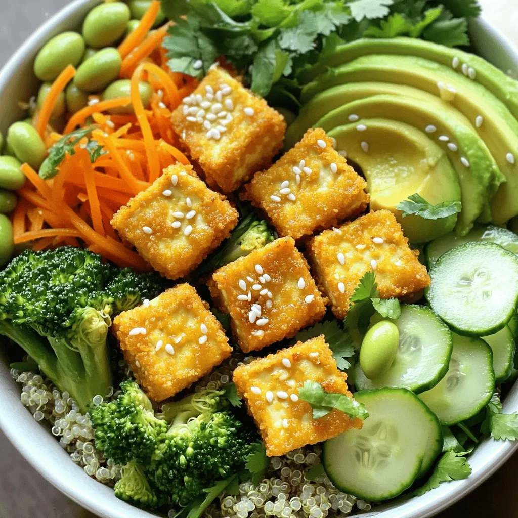- 1 block firm tofu, pressed and cubed - 2 tablespoons cornstarch - 2 tablespoons soy sauce - 1 tablespoon sesame oil - 1 cup cooked quinoa - 1 cup steamed broccoli florets - 1 cup shredded carrots - 1 avocado, sliced - 1/2 cup cucumber, thinly sliced - 1/4 cup edamame (shelled) - Salt and pepper to taste The main ingredients make this dish vibrant and healthy. Firm tofu acts as the star. Pressing the tofu removes excess water for a better texture. This helps it become crispy when baked. For added crunch, we use cornstarch. It coats the tofu and forms a golden crust. Soy sauce and sesame oil add deep flavor to each bite. Quinoa serves as a hearty base. It is packed with protein and nutrients. Steamed broccoli and shredded carrots bring color and vitamins. The avocado adds creaminess. Cucumber gives a refreshing crunch. Edamame provides a nice pop of flavor. - 2 tablespoons sesame seeds - 2 tablespoons chopped fresh cilantro You can personalize your bowl with garnishes. Sesame seeds add a nutty touch. Fresh cilantro brightens the dish with its flavor. Feel free to add more toppings. Try nuts, seeds, or different herbs. You can make this bowl your own! For the full recipe, check out the complete instructions. To make crispy tofu, start by pressing the tofu. Wrap the block of firm tofu in a clean kitchen towel. Place a heavy object on top, like a cast iron skillet. Let it sit for about 15 minutes. This removes extra moisture and makes the tofu crispier. Next, cut the pressed tofu into even cubes, about 1-inch in size. This size helps them cook evenly. In a mixing bowl, add the cubed tofu. Pour in soy sauce and sesame oil. Toss gently to coat all the pieces. This step adds flavor and helps the cornstarch stick later. Now, preheat your oven to 400°F (200°C). While the oven heats, line a baking sheet with parchment paper. This prevents sticking and makes cleanup easy. Once heated, take the tofu from the bowl. Sprinkle cornstarch over it and toss gently again. The cornstarch creates a crispy layer. Spread the tofu cubes in a single layer on the baking sheet. Bake for 25-30 minutes. Flip the tofu halfway through to ensure it gets golden and crispy on all sides. While the tofu bakes, prepare your quinoa. Cook it according to package instructions if it is not ready yet. Once the tofu is done and the quinoa is cooked, it’s time to build your bowl. In a large bowl, start with the cooked quinoa as your base. Top it with the crispy tofu, steamed broccoli, and shredded carrots. Add sliced avocado, cucumber, and edamame for freshness and color. For a beautiful finish, sprinkle sesame seeds and chopped cilantro on top. Season with salt and pepper to taste before serving. This bowl is not just tasty; it looks stunning too! Enjoy your colorful and nourishing meal! To get crispy tofu, cornstarch is your best friend. It helps absorb moisture. Use about two tablespoons for one block of tofu. Coat the tofu well by tossing it in a bowl. This thin layer makes it crispy when baked. Flipping the tofu halfway through baking is key. It helps both sides get even heat. Bake your tofu for about 25 to 30 minutes at 400°F (200°C). You want it golden and crunchy for the best texture. Adding spices or marinades can really lift your dish. Try garlic powder, paprika, or chili flakes for extra kick. You can also marinate the tofu in soy sauce and sesame oil before coating it in cornstarch. This adds a burst of flavor. Fresh herbs make a big difference in taste. I love using cilantro, as it adds freshness. You can also use basil or mint for a different twist. Just sprinkle them on top before serving to brighten your dish. Explore the [Full Recipe] for step-by-step cooking. Enjoy the process and get creative! {{image_2}} You can switch up the base of your Buddha bowl with different grains. Quinoa is great, but brown rice works well too. Farro adds a chewy texture and nutty taste. If you want a gluten-free option, try millet or buckwheat. These grains offer variety and boost nutrition. They also add fiber and minerals. Feel free to use seasonal or favorite veggies in your bowl. Spinach, kale, or bell peppers add color and crunch. Roasted sweet potatoes or beets also bring a sweet flavor. You can even mix in fresh herbs for extra taste. Think about textures too; combine soft and crunchy veggies. This keeps your meal interesting and fun! To keep leftovers fresh, store them in an airtight container. This helps to lock in moisture and flavor. Place the tofu and vegetables in separate containers to keep them crisp. Refrigerate your leftovers within two hours of cooking. This prevents bacterial growth and keeps your meal safe to eat. If you want to enjoy the bowl later, consume it within three days for the best taste and texture. To reheat your Buddha bowl, use an oven or air fryer. The oven method keeps the tofu crispy. Preheat it to 350°F (175°C). Spread the tofu and veggies on a baking sheet. Heat for about 10-15 minutes until warm. If you use a microwave, heat in short bursts. This method can make your tofu soft. Aim to eat your leftovers within three to four days for safety. Enjoy your delicious bowl! You can make tofu crispy by baking it. Start with firm tofu. Press it to remove extra water. This helps it get crispy. After pressing, cut the tofu into cubes. Toss the cubes in soy sauce and sesame oil. This adds flavor and helps the cornstarch stick. Next, sprinkle cornstarch over the tofu. Gently toss until each piece is coated. The cornstarch helps create a crunchy outer layer. Spread the tofu on a baking sheet in a single layer. Bake at 400°F for about 25-30 minutes. Flip them halfway for even crispiness. Enjoy your crispy tofu in the Buddha bowl! Yes, you can meal prep this Buddha bowl. Start by cooking the quinoa and steaming the broccoli. You can also prep the tofu ahead of time. Bake the tofu and store it in the fridge. Keep the other veggies like carrots and cucumber fresh. When you are ready to eat, just warm the tofu and quinoa. Assemble your bowl with all the ingredients. This makes lunch or dinner quick and easy! Yes, this recipe is perfect for vegans. All the ingredients are plant-based. The tofu, quinoa, and veggies provide great nutrition. The soy sauce and sesame oil add flavor without any animal products. Feel free to customize the bowl with your favorite vegan toppings. You can check the Full Recipe for more details on how to prepare this tasty dish. This blog post shared how to make a delicious Crispy Tofu Buddha Bowl. You learned about key ingredients like firm tofu, cornstarch, and quinoa. I walked you through preparing the tofu, baking it for maximum crispiness, and assembling the bowl with fresh vegetables. I also offered tips for variations and storage. Now, it's your turn to create this tasty dish. Enjoy the fun of customizing and making it yours!