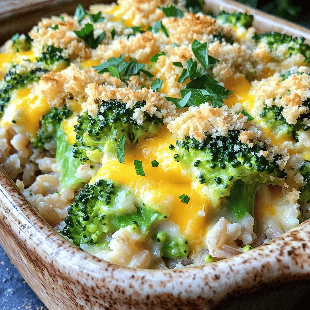 - 1 cup uncooked brown rice - 2 cups vegetable broth - 2 cups fresh broccoli florets - 1 cup shredded sharp cheddar cheese - 1 cup shredded mozzarella cheese - 1/2 cup cream cheese, softened - 1/2 cup sour cream - 1 medium onion, diced - 2 cloves garlic, minced - 1 teaspoon Dijon mustard - 1 teaspoon paprika - Salt and pepper to taste - 1/2 cup breadcrumbs (panko recommended for added crunch) - 2 tablespoons olive oil The ingredients for Cheesy Broccoli Rice Casserole are simple but full of flavor. I love using brown rice for its nutty taste and health benefits. You can swap it for white rice if you prefer. Just adjust the cooking time a bit, as white rice cooks faster. Fresh broccoli florets add a nice crunch and vibrant color. You can use frozen broccoli in a pinch, but fresh gives a better texture. The combination of sharp cheddar and mozzarella makes this dish super cheesy. If you're feeling adventurous, try different cheeses like gouda or pepper jack for a twist. Cream cheese and sour cream bring richness to the dish. If you want dairy-free options, look for plant-based cream cheese and yogurt. These alternatives will keep the casserole creamy without the dairy. The spices, like Dijon mustard and paprika, add depth to the flavor. Don’t skip the salt and pepper; they enhance all the other tastes. Lastly, panko breadcrumbs on top give that perfect crunch when baked. - Brown rice vs. white rice: Brown rice is heartier. White rice cooks faster but is softer. - Dairy-free alternatives for cream cheese and sour cream: Use cashew cream or coconut yogurt for a vegan option. - Different types of cheese for flavor variations: Try gouda, pepper jack, or even feta for a different taste. - Metric conversions for global readers: 1 cup is about 240 mL. - Adjusting ingredient quantities for serving size: For more servings, simply double or triple each ingredient. - Preheat your oven to 375°F (190°C). - In a pot, combine 1 cup of uncooked brown rice and 2 cups of vegetable broth. Bring it to a boil, then lower the heat. Cover and cook for 35-40 minutes until the rice is tender and the liquid is gone. Once done, set it aside. - In a large skillet, heat 2 tablespoons of olive oil over medium heat. - Add 1 medium diced onion. Sauté it for about 5 minutes until it turns translucent. - Next, stir in 2 cloves of minced garlic. Cook for 1-2 minutes until fragrant. - Add 2 cups of fresh broccoli florets. Sauté them for 4-5 minutes until bright green and slightly tender. - In a large mixing bowl, combine the cooked rice, sautéed onion and broccoli, 1 cup of shredded sharp cheddar cheese, 1 cup of shredded mozzarella cheese, 1/2 cup of softened cream cheese, 1/2 cup of sour cream, 1 teaspoon of Dijon mustard, 1 teaspoon of paprika, salt, and pepper. Mix well until everything is blended. - Transfer this mixture into a greased 9x13 inch baking dish. Spread it evenly. - Sprinkle the top with 1/2 cup of breadcrumbs, covering all areas for a crunchy topping. - Bake in the preheated oven for 30-35 minutes or until the cheese is bubbly and the breadcrumbs turn golden brown. - Let it cool for a few minutes before serving. This helps the casserole set nicely. For the full recipe, check out the section above! Letting the casserole set is key. After baking, let it cool for about 10 minutes. This helps the layers firm up and makes serving easier. The right cheesy texture comes from mixing cheeses. Use sharp cheddar for flavor and mozzarella for meltiness. Cream cheese adds creaminess, so don’t skip it! You can make this dish lighter without losing taste. Swap some cream cheese for Greek yogurt. It adds creaminess while cutting calories. You can also add more veggies. Try adding carrots, peas, or even spinach for extra nutrients. For protein, consider adding cooked chicken or beans. Garnish your casserole with fresh parsley for color. A sprinkle of paprika on top can also add flair. Serve it warm with a side salad for a nice crunch. This combo makes for a well-rounded meal. You can also add crusty bread for a comforting touch. For the full recipe, check out the cooking guide. {{image_2}} You can customize Cheesy Broccoli Rice Casserole to fit your diet. For a gluten-free option, use brown rice. It cooks well and keeps the dish tasty. You can also swap the vegetable broth for a gluten-free broth. If you prefer a vegan version, replace the dairy. Use plant-based cream cheese and sour cream. Opt for vegan cheese for that gooey texture. Combining these swaps makes a delicious vegan casserole. You won’t miss the cheese at all! Adding spices can elevate your casserole. For a bit of heat, sprinkle in cayenne pepper. Italian herbs can bring a nice aroma and taste. Both options give the dish a new twist. Mix in different vegetables for surprise flavors. Spinach adds a lovely green color and nutrition. Bell peppers can add sweetness and crunch. Feel free to experiment with your favorite veggies! If you have leftovers, don't waste them! You can make a wrap with the casserole. Just add some greens and roll it up in a tortilla. Another great idea is to turn it into soup. Just add some broth and heat it up. You can even serve it over baked potatoes for a hearty meal. Be creative and enjoy every bite! After you enjoy your Cheesy Broccoli Rice Casserole, cool it to room temperature. Then, place it in an airtight container. This keeps the freshness intact. You can store it in the fridge for up to four days. When you want to eat it again, just take it out and reheat. If you want to keep it longer, freezing is a good option. You can freeze it before or after baking. To freeze before baking, wrap the dish tightly in foil. Make sure it's secure. If you freeze it after baking, let it cool first. Then, wrap it well. It can last up to three months in the freezer. For thawing, move it to the fridge overnight. To reheat, the oven is best. Preheat it to 350°F (175°C). Cover the casserole with foil to keep it moist. Bake for 20-30 minutes until hot. You can also use a microwave. Place it in a microwave-safe dish and cover it. Heat in short bursts, stirring in between. This helps keep the texture just right. Enjoy your casserole again with all the cheesy goodness! How do I make Cheesy Broccoli Rice Casserole gluten-free? To make this dish gluten-free, you can use gluten-free breadcrumbs. Also, ensure your vegetable broth is gluten-free. Brown rice is naturally gluten-free, so you're all set with that! Can I prepare this dish in advance? Yes, you can prepare this casserole ahead of time. Just mix all the ingredients and store them in the fridge. Bake it when you're ready to serve. This makes it easy for busy days! How long does it take to bake the casserole? Bake the casserole for about 30 to 35 minutes at 375°F (190°C). You'll know it's done when the cheese is bubbly and the top is golden brown. What should I do if my casserole is too dry? If your casserole turns out dry, add a splash of vegetable broth or milk before serving. Mix it in gently to keep the texture creamy. Can I use frozen broccoli instead of fresh? Yes, you can use frozen broccoli. Just make sure to thaw and drain it well before mixing it into the casserole. This will help avoid extra moisture. What is the best type of cheese to use? Sharp cheddar is a favorite for its strong flavor. Mozzarella adds creaminess, but you can mix in other cheeses too, like gouda or pepper jack for a fun twist. For the full recipe, check the ingredients listed above! This blog covered how to make a tasty Cheesy Broccoli Rice Casserole. You learned about key ingredients, helpful tips, and fun variations. Remember, you can adjust the recipe to suit your taste or needs easily. Don't hesitate to experiment with flavors and ingredients. This dish is versatile and perfect for everyone at your table. Enjoy your cooking adventure and the delicious meals ahead!
