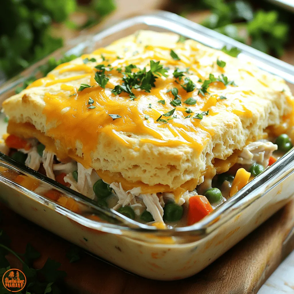 To make this easy chicken pot pie casserole, you need simple ingredients. Here’s what you’ll need: - 2 cups cooked chicken, shredded - 1 cup frozen mixed vegetables (carrots, peas, corn, green beans) - 1 can (10.5 oz) cream of chicken soup - 1 cup chicken broth - 1 teaspoon garlic powder - 1 teaspoon onion powder - 1 teaspoon dried thyme - 1 tablespoon olive oil - Salt and pepper, to taste - 1 cup biscuit mix - 2/3 cup milk - 1 cup shredded cheddar cheese These items work together to create a warm and hearty dish. Fresh ingredients make a big difference. When you pick chicken, look for meat that feels firm and has a pink tone. Fresh veggies should be bright and crisp. If you buy frozen mixed veggies, check for good color and no ice crystals in the bag. For the cream of chicken soup, choose a brand that has natural ingredients for the best taste. You can easily adjust this recipe if you have dietary needs. If you need a dairy-free option, use almond milk instead of milk and a dairy-free cheese. For gluten-free, swap the biscuit mix with a gluten-free blend. If you're vegetarian, replace chicken with hearty mushrooms or lentils for protein. These swaps keep your casserole tasty and satisfying. You can find the full recipe in the previous section for more details! First, gather your ingredients. You need cooked chicken, frozen mixed veggies, and cream of chicken soup. Grab chicken broth, garlic powder, onion powder, and thyme too. Don't forget olive oil, salt, pepper, biscuit mix, milk, and cheddar cheese. Next, preheat your oven to 350°F (175°C). This step helps the casserole cook evenly. In a large skillet, heat the olive oil over medium heat. Add the shredded chicken and frozen veggies. Sauté them for about five minutes until they are warmed up. Now, stir in the cream of chicken soup and chicken broth. Add garlic powder, onion powder, thyme, salt, and pepper. Mix well and let it simmer for two to three minutes. This helps the flavors blend together. Pour the chicken mixture into a greased 9x13 inch casserole dish. Spread it evenly across the bottom. In a separate bowl, whisk together the biscuit mix and milk. Make sure the batter is thick but still pourable. Pour the biscuit mixture over the chicken layer. Gently spread it out to cover the top evenly. Finally, sprinkle shredded cheddar cheese over the biscuit layer. Bake the casserole for 30 to 35 minutes. Look for a golden brown biscuit topping to know it’s ready. To get the perfect biscuit topping, avoid over-mixing the batter. Mix just until combined. This keeps the biscuits light and fluffy. Also, ensure your oven is at the right temperature before baking. If it's too hot, the top may brown too fast. After baking, let the casserole cool for a few minutes. This helps the layers set and makes serving easier. Now you can enjoy a warm, comforting meal. You can find the full recipe above to make this dish at home! Making chicken pot pie casserole is easy, but some mistakes can happen. Here are some to watch for: - Overcooking the chicken: Use cooked chicken to avoid dryness. - Skipping the seasoning: Don’t forget salt and pepper. They enhance the flavor. - Not mixing well: Make sure you mix the soup and broth thoroughly. This ensures even flavor. - Too thick of a biscuit layer: Keep the biscuit mix thick but pourable. This helps it cook right. Storing leftovers properly keeps your casserole tasty. Here’s how to do it: - Cool down: Let the casserole cool before storing. - Use airtight containers: This helps keep moisture in and air out. - Refrigerate: Store in the fridge for up to 3 days. If you want to keep it longer, freeze it. Reheating your casserole can keep it delicious. Follow these steps for the best results: - In the oven: Preheat to 350°F (175°C). Cover the dish with foil. Bake for 20-25 minutes. - In the microwave: Heat on medium power for 2-3 minutes. Stir halfway through for even heating. - Check the temperature: Make sure it’s hot all the way through, about 165°F (74°C). For the complete cooking process, check the Full Recipe. {{image_2}} You can easily make this dish gluten-free. Use a gluten-free biscuit mix in place of regular mix. Check the labels on the cream of chicken soup too. There are gluten-free options available at most stores. You can also use cornstarch or a gluten-free flour blend for thickening. If you want a change, try other proteins. Diced turkey works well if you have leftovers. You can also use cooked ham or even tofu for a vegetarian twist. Just make sure they are cooked before adding to the dish. To boost flavor, try different spices and herbs. A bit of paprika adds warmth and color. Fresh herbs like parsley or rosemary can give a nice touch. Experiment with your favorite seasonings to find the perfect mix. You can also add a dash of hot sauce for heat if you like. For the full recipe, refer to the Comforting Chicken Pot Pie Casserole section. To keep your Easy Chicken Pot Pie Casserole fresh, use an airtight container. This will help prevent moisture loss and keep flavors intact. If you have leftovers, let them cool completely before storing. You can separate individual portions for easy meals later. You can freeze this casserole for later use. First, let it cool completely. Then, wrap it tightly in plastic wrap or aluminum foil. Place it in a freezer-safe bag or container. Make sure to label it with the date. It will last up to three months in the freezer. In the fridge, your casserole will stay fresh for about three to four days. If you notice any off smells or colors, it’s best to throw it away. Always check for signs of spoilage before eating leftovers. Enjoying your casserole at its best ensures you savor every bite! Easy Chicken Pot Pie Casserole lasts about 3 to 4 days in the fridge. Store it in an airtight container. This keeps it fresh and safe to eat. To enjoy the best taste, eat it within this time frame. Yes, you can use fresh vegetables. Fresh veggies add great flavor and texture. Just chop them into small pieces. Cook them a bit before adding them to the casserole. This helps them soften and blend well with the chicken and sauce. Chicken Pot Pie Casserole pairs well with several sides. A crisp green salad is a great choice. You can also serve it with mashed potatoes or steamed broccoli. These sides add color and balance to the meal. For an extra touch, sprinkle some fresh herbs on top before serving. For the full recipe, check out the detailed instructions provided above. This article covered how to make an easy chicken pot pie casserole from start to finish. We looked at essential ingredients, tips for freshness, and substitutions for diets. I provided step-by-step cooking instructions and shared common mistakes to avoid. You learned how to store and freeze leftovers, plus variations for dietary needs. Cooking should be fun and simple. With these tips, you can enjoy a warm, comforting meal that fits your lifestyle. Happy cooking!