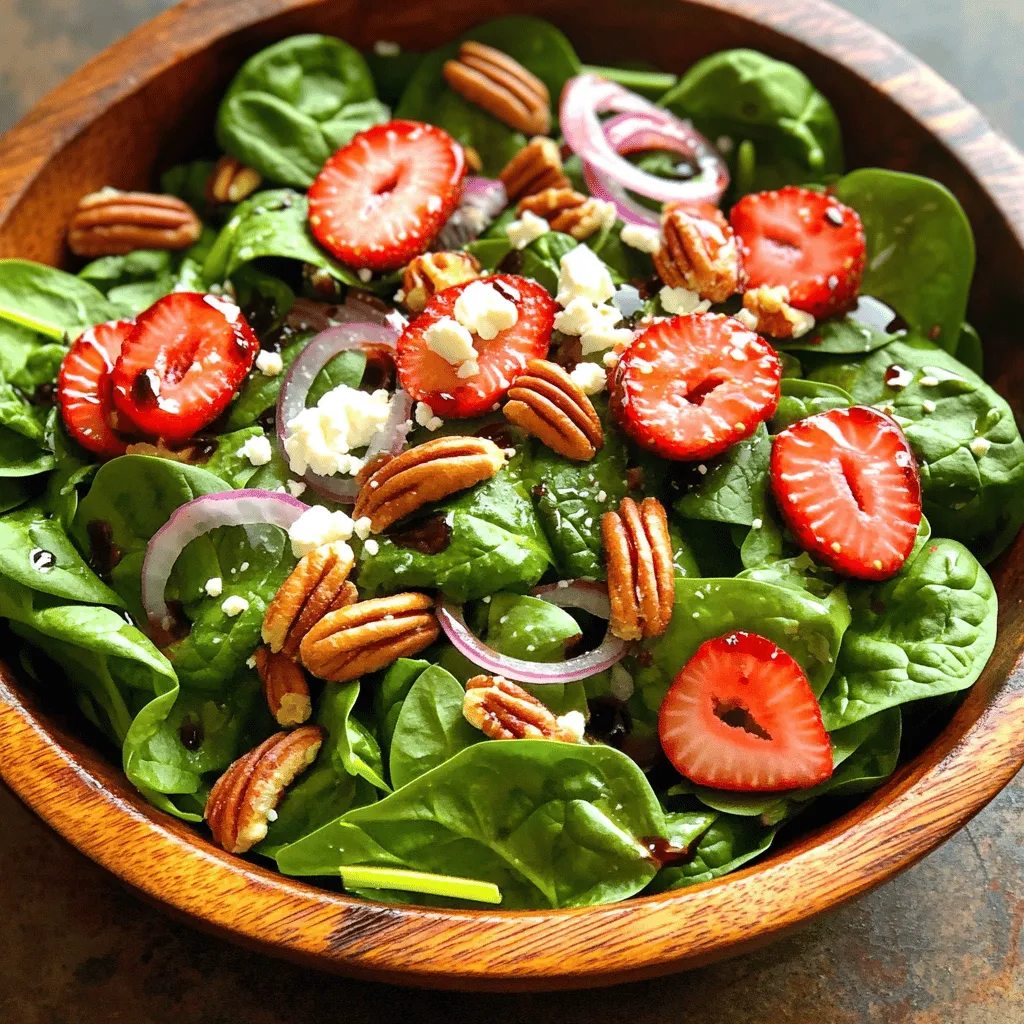 - 6 cups fresh baby spinach - 1 cup strawberries, sliced - 1/2 cup pecans, roughly chopped In this salad, fresh baby spinach adds a crisp base. I love using young, tender leaves for their mild flavor. Sliced strawberries bring a burst of sweetness and a bright color. Their juicy texture pairs well with the spinach. Chopped pecans add a nice crunch and nutty taste. They also provide healthy fats and protein. - 1/4 cup feta cheese, crumbled - 1/4 red onion, thinly sliced If you want to add more flavor, crumbled feta cheese is a great choice. It adds a creamy texture and a salty taste that contrasts well with the sweet strawberries. Thinly sliced red onion can also enhance the salad. It gives a sharp bite that balances the sweetness. - 1/4 cup balsamic vinaigrette - 1 tablespoon honey - 1 tablespoon olive oil - Salt and pepper to taste The dressing is key to tying all the flavors together. I use balsamic vinaigrette for its tangy and slightly sweet taste. Adding honey boosts the sweetness and balances the tanginess. A drizzle of olive oil helps blend everything smoothly. Finally, seasoning with salt and pepper enhances all the flavors. You can find the full recipe and precise measurements for these ingredients in the Spinach Strawberry Pecan Delight section. Start by washing the fresh baby spinach. Use clean, cold water to remove dirt. Then, dry the leaves gently with a salad spinner or a paper towel. Next, take a large salad bowl and add the spinach. Now, slice the strawberries into thin pieces. I like to cut them in half, but you can slice them however you prefer. Add the sliced strawberries to the bowl with the spinach. After that, grab the pecans. Roughly chop them if they are whole. Add the chopped pecans to the bowl next. Finally, slice the red onion thinly. Add the onion to your salad mix. This mix of fresh ingredients creates a bright and tasty base for your salad. Now, let's make the dressing. In a small bowl, pour in the balsamic vinaigrette. Add a tablespoon of honey. The honey adds a nice sweetness. Next, drizzle in the olive oil. Use a whisk to combine all the ingredients well. Whisk until the dressing is smooth and creamy. This dressing will enhance the salad's flavor. It’s time to bring everything together! Drizzle the dressing over the salad mixture. Use just enough to coat the spinach and strawberries well. Then, gently toss the salad. Make sure all the ingredients mix nicely. Season with salt and pepper to taste. If you like, sprinkle crumbled feta cheese on top for extra flavor. Enjoy your fresh and nutritious Spinach Strawberry Pecan Salad! For complete details, check the Full Recipe. To make the best spinach strawberry pecan salad, start with fresh ingredients. Choose bright green spinach with no brown spots. Baby spinach is tender and sweet. For strawberries, look for deep red ones. They should be firm and plump. Smell them; fresh strawberries have a sweet scent. You can add seasonal fruits or nuts to boost flavor. Try blueberries or raspberries for a twist. Nuts like walnuts or almonds also work well. Each fruit or nut adds unique taste and texture. Mix and match to find your favorite combination. How you serve your salad matters. Use a large bowl for a family-style meal. For a fancy touch, plate individual servings. Layer spinach, strawberries, and pecans for a colorful look. Drizzle the dressing just before serving. Don’t forget to sprinkle some feta for extra flair. For more details on making this salad, check the Full Recipe. {{image_2}} If you need gluten-free options, you're in luck! All the ingredients in this salad are naturally gluten-free. Just ensure your dressing is also gluten-free. For vegan alternatives, swap out the feta cheese for avocado or tofu. These swaps add creaminess without dairy. You can also choose a plant-based dressing, like a lemon-tahini mix, to keep it fresh and tasty. You can easily switch out the pecans if you prefer other nuts. Walnuts, almonds, or cashews work well too. Each nut brings a different flavor and crunch to the salad. If you want to skip the feta cheese, try using goat cheese or even vegan cheese. Both options add a nice flavor twist that can enhance your salad experience. Explore different dressings! Instead of balsamic vinaigrette, try a honey mustard or citrus dressing. Each option changes the flavor and feel of the salad. You might also add toppings like grilled chicken, quinoa, or even sunflower seeds. These additions turn your salad into a complete meal. For the full recipe, check out the Spinach Strawberry Pecan Delight. To keep your spinach strawberry pecan salad fresh, store it in the fridge. Use an airtight container to keep moisture in and air out. This helps prevent wilting. Place a paper towel inside the container to absorb any extra moisture. Avoid mixing the salad with dressing until you are ready to eat. This keeps the greens crisp and tasty. Consume the salad within three days for the best taste. If you want to prepare the salad in advance, chop your ingredients separately. Store spinach, strawberries, and pecans in their own containers. Combine them just before serving. You can even make the dressing ahead of time. Keep the dressing in a small jar in the fridge. Shake it well before adding it to the salad. This way, you save time and still enjoy a fresh meal. Check your salad for signs of spoilage before eating. Fresh spinach should be bright green and crisp. If it turns yellow or brown, it is not good anymore. Strawberries should be firm and bright red. If they are mushy or have dark spots, toss them. Pecans should smell nutty and have no rancid odor. Trust your senses; if something seems off, it’s best to discard it. To keep your spinach fresh, wash it gently and dry it well. Use a salad spinner or paper towels. Store it in an airtight container with a paper towel. This towel absorbs excess moisture, keeping the spinach crisp. Always add the dressing just before serving to avoid wilting. If you want to prep the salad ahead, keep the spinach and dressing separate. Yes, you can use other nuts. Walnuts, almonds, or cashews work well too. Each nut adds a unique flavor. Walnuts have a rich taste, while almonds give a nice crunch. If you want a sweeter touch, try candied nuts. Just ensure they match the salad's overall flavor. You can add many fruits to this salad. Blueberries, peaches, or kiwi are great choices. Each fruit adds color and sweetness. You can even try apples for a nice crunch. Mix and match to find your favorite combination. The goal is to create a salad that excites your taste buds. For the full recipe, check out Spinach Strawberry Pecan Delight. This blog post gave you a clear view of making a delicious salad. We covered fresh ingredients, tasty dressings, and simple steps to prepare it. Remember, you can customize your salad with different nuts or fruits. Keep your ingredients fresh, and follow storage tips for the best results. Enjoy experimenting and making this salad your own. With these tips and tricks, you’ll create a dish that’s not only healthy but also fun! Let’s get cooking and enjoy every bite!