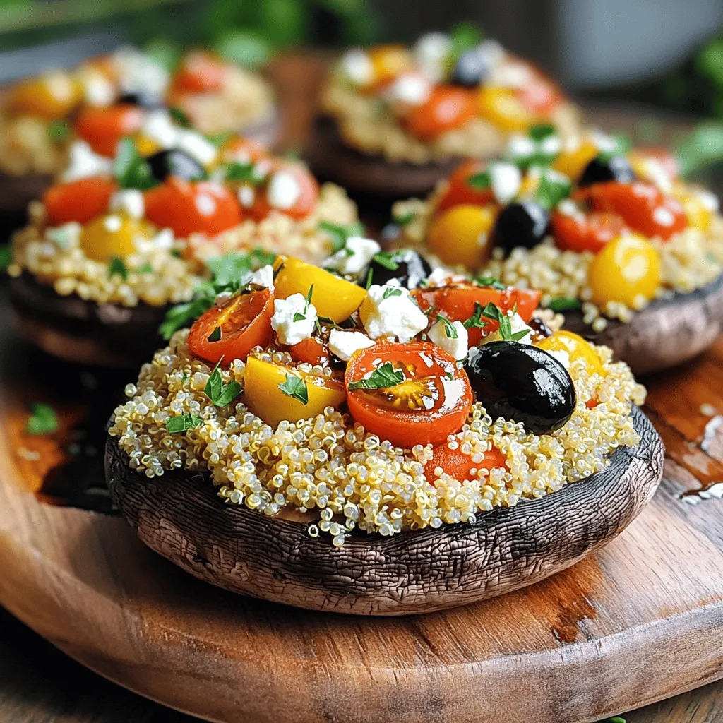- 4 large Portobello mushrooms, stems removed - 1 cup cooked quinoa - 1/2 cup cherry tomatoes, halved - 1/2 cup feta cheese, crumbled - 1/4 cup black olives, sliced - 2 cloves garlic, minced - 1/4 cup fresh parsley, chopped - 1 tablespoon balsamic vinegar - 2 tablespoons olive oil - Salt and pepper to taste - Optional: Red pepper flakes for a kick Gather these ingredients to make your stuffed mushrooms. Each ingredient adds flavor and texture. The Portobello mushrooms serve as the base, holding the tasty filling. Quinoa brings a nutty taste and a good amount of protein. Cherry tomatoes add a fresh burst of flavor. Feta cheese gives a tangy kick, while black olives add depth. Garlic and parsley bring in nice herb tones. Balsamic vinegar adds a sweet touch. Olive oil helps bind everything together and gives a nice sheen. - Prep Time: 15 minutes - Cook Time: 30 minutes - Total Time: 45 minutes You can whip these up in just 45 minutes. This makes it a perfect dish for a busy weeknight or a fun gathering. The prep is quick, and the baking time gives you a chance to relax while they cook. - Servings: 4 This recipe serves four people. It’s great for sharing at a dinner or for meal prepping for the week. Each person gets a hearty mushroom filled with amazing flavors. Enjoy this delicious dish any time! For the full recipe, check out the details above. - Preheat your oven to 375°F (190°C). - Brush Portobello mushrooms with olive oil and season with salt and pepper. Place them gill-side up on a baking sheet. - In a bowl, combine cooked quinoa, halved cherry tomatoes, crumbled feta cheese, sliced black olives, minced garlic, and chopped parsley. - Drizzle balsamic vinegar over this mix and stir well. Season with salt, pepper, and red pepper flakes if you like heat. - Generously fill each Portobello mushroom cap with the quinoa mixture. Press down slightly to pack it in. - Bake in the preheated oven for 25-30 minutes. Check for tenderness in the mushrooms and ensure the filling is warm. Follow these steps closely, and you will enjoy a tasty dish. For the full recipe, check the details above! You can easily swap feta cheese for goat cheese or even cream cheese. Both options add creaminess and flavor. If you want a lighter touch, try using ricotta cheese. For the filling, mix in vegetables like spinach, zucchini, or bell peppers. These veggies add color and nutrients to your dish. To get tender mushrooms, first brush them gently with olive oil. This keeps them moist. Bake them gill-side up to allow juices to flow and enhance flavor. For even baking, make sure the mushrooms sit flat on the baking sheet. This helps them cook evenly. Garnish your stuffed mushrooms with a sprinkle of fresh parsley or a drizzle of olive oil. This adds a nice touch to your dish. Pair them with a fresh salad or some crusty bread for a complete meal. A light white wine can also complement the flavors well. For more ideas, check out the Full Recipe. {{image_2}} To make your stuffed Portobello mushrooms even better, consider adding some green. Spinach or kale works great in the filling. Just chop them fine and mix them in with the other ingredients. These leafy greens add color and nutrients. You can also swap the quinoa for different grains like rice or couscous. Both options will give your dish a nice texture. If you want to make this dish vegan, it’s simple! You can replace the feta cheese with vegan cheese. Look for products made from nuts or soy. If you want a lighter dish, you can skip the cheese altogether. The mushrooms will still taste amazing with the other ingredients. Spice things up by adding flavors! A dash of cumin or paprika can elevate your mushrooms. These spices add warmth and depth. You can also try mixing in different herbs. Basil, thyme, or oregano can give your dish a unique twist. Experimenting with flavors makes every bite exciting! For the full recipe, check the details above and let your creativity shine. To refrigerate stuffed mushrooms, let them cool first. Place them in an airtight container. You can store them for up to three days. When you want to eat them again, reheat in the oven at 350°F (175°C). This keeps them warm and tasty. You can also microwave them, but they may lose some texture. You can freeze stuffed mushrooms before or after baking. If you freeze them before baking, wrap them well in foil or plastic wrap. If after baking, let them cool completely first. To thaw, place them in the fridge overnight. You can also use the microwave for a quick thaw, but be careful with heating. Leftovers last about three days in the fridge. If you notice any mold or an off smell, it is time to toss them. Always check for changes in color or texture. Fresh mushrooms should look firm and moist. Keep an eye on them to enjoy your stuffed Portobello mushrooms at their best. Portobello mushrooms are low in calories and high in nutrients. They are rich in fiber, which helps digestion. These mushrooms also provide antioxidants that protect your cells. They contain B vitamins, which help with energy and mood. Plus, they have minerals like selenium and potassium that support heart health. Eating Portobello mushrooms can also boost your immune system. Yes, you can prepare the stuffed Portobello mushrooms in advance. You can make the filling a day ahead. Store it in an airtight container in the fridge. You can also stuff the mushrooms and place them in the fridge. Just remember to bake them before serving. For best taste, cook them within a day or two. Stuffed Portobello mushrooms can be gluten-free, but check your ingredients. The quinoa in the recipe is gluten-free. Make sure your feta cheese and olives are also gluten-free. Always read labels to be safe. If you use gluten-free breadcrumbs, you can keep the dish safe for those with gluten sensitivity. To check if your stuffed mushrooms are done, look for a few signs. The mushrooms should be tender and the filling hot. You can also use a fork to poke the mushrooms gently. If the fork goes in easily, they are ready. Keep an eye on them to avoid overcooking. Enjoy your savory stuffed Portobello mushrooms! For the full recipe, check out the recipe section. This blog post covered how to make delicious stuffed Portobello mushrooms. We went over ingredients, cooking steps, and helpful tips. You learned how to fill and bake the mushrooms to get the best flavors. We also shared variations for different diets. You can enjoy these stuffed mushrooms as a tasty meal or snack. With easy prep, they are perfect for any occasion. Happy cooking!