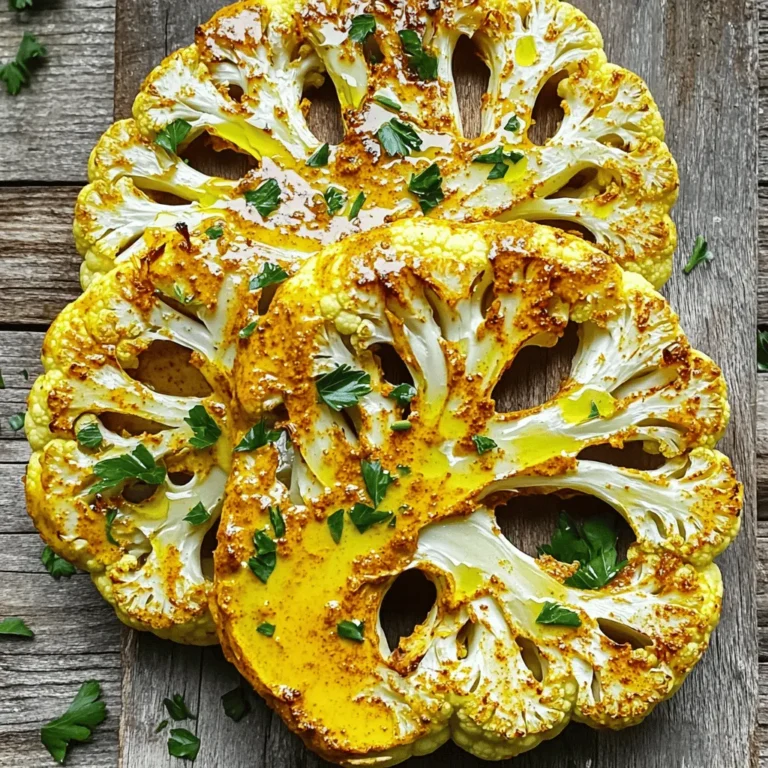 To make roasted cauliflower steaks, you need a few simple items. Here’s what you will use: - 1 large head of cauliflower - 3 tablespoons olive oil These two ingredients are the base for your dish. The cauliflower gives you the main flavor and texture. The olive oil helps it roast nicely and adds richness. Next, you’ll add some seasonings to boost the flavor. Here’s what to include: - 1 teaspoon smoked paprika - 1 teaspoon garlic powder - 1/2 teaspoon cumin - 1/2 teaspoon turmeric - Salt and pepper to taste These spices create a warm, savory taste. Smoked paprika gives a nice depth. Garlic powder adds a zing. Cumin and turmeric add earthiness and color. Salt and pepper enhance all the flavors. For an extra kick, you can add these optional ingredients: - Fresh parsley for garnish - Optional: 1/4 cup tahini for drizzling Fresh parsley brightens the dish. Tahini gives a creamy texture and a nutty flavor. You can use tahini if you want a richer taste. You can find the full recipe above to guide you through the cooking process. Enjoy your flavorful roasted cauliflower steaks! 1. First, preheat your oven to 425°F (220°C). This helps the cauliflower get nice and crispy. 2. Next, remove the leaves from the cauliflower. Trim the stem so it sits flat on the cutting board. 3. Carefully slice the cauliflower into 3/4-inch thick steaks. Aim for about 3-4 steaks. If any florets break off, save them for later. 4. In a small bowl, mix olive oil, smoked paprika, garlic powder, cumin, turmeric, salt, and pepper. This will be your tasty marinade. 5. Brush both sides of each cauliflower steak with this marinade. Make sure they are well-coated. Toss any reserved florets in the leftover marinade too. 6. Place the cauliflower steaks on a baking sheet lined with parchment paper. Arrange them in a single layer. 7. Roast in the oven for about 25-30 minutes. Flip the steaks halfway through. They should turn golden brown and become tender. 8. In the last 5 minutes, add the reserved florets to the baking sheet. This will give them extra flavor and texture. 9. After roasting, remove the baking sheet from the oven. Let the cauliflower cool slightly before serving. 10. Garnish your steaks with chopped fresh parsley. If you like, drizzle some tahini on top for added flavor. For the full recipe, check the details above. Enjoy your delicious roasted cauliflower steaks! To get the best roasted cauliflower steaks, start with a large head of cauliflower. Cut it carefully into thick slices, about 3/4 inch each. This thickness helps the steaks stay juicy and tender. Always make sure to keep the slices intact. If they break, you can roast those florets too. They will add more flavor to your dish. For great flavor, use a mix of spices in the marinade. Olive oil, smoked paprika, garlic powder, cumin, and turmeric work well together. These spices give the cauliflower a nice taste. Brush both sides of the steaks with the marinade. Letting them sit for a few minutes before roasting can also boost the flavor. Roasting at a high temperature, around 425°F, helps create a crispy outside while keeping the inside soft. You don't need a lot of fancy tools to make roasted cauliflower steaks. A sharp knife and a cutting board are essential for slicing the cauliflower. Use a baking sheet lined with parchment paper to prevent sticking. A basting brush helps apply the marinade evenly. If you have a meat thermometer, it can help check if the steaks are done, but it’s not necessary. The best tool you have is your own taste. Trust your instincts to know when they are ready. For the full recipe on how to make these delicious roasted cauliflower steaks, check out the [Full Recipe]. {{image_2}} You can change the taste of roasted cauliflower steaks easily. Here are some ideas: - Herb Mix: Use fresh herbs like rosemary or thyme. They add a lovely aroma. - Spicy Kick: Add red pepper flakes or chili powder for heat. - Citrus Twist: Squeeze fresh lemon juice before serving for brightness. Mix and match these flavors to suit your taste. You can also try different spices like curry or za'atar. Each will give your dish a unique flair. Serving your cauliflower steaks with sauces can enhance their flavor. Here are some great options: - Tahini Sauce: Drizzle tahini for a nutty flavor. - Chimichurri: This fresh sauce made with herbs adds a vibrant touch. - Yogurt Sauce: Mix yogurt with garlic and lemon for a creamy dip. Feel free to experiment with sauces. Each will change the dish in fun ways. You can also cook cauliflower steaks using different methods. Here’s how: - Grilling: Preheat your grill. Brush the steaks with oil and grill for about 5-7 minutes on each side. This adds a nice smoky flavor. - Air Frying: Set your air fryer to 400°F (200°C). Cook the cauliflower for about 15-20 minutes. This method gives a crispy texture without much oil. These methods can make your cauliflower steaks even more exciting. Try the full recipe for a delicious meal. To keep your leftover roasted cauliflower steaks fresh, place them in an airtight container. Make sure to let them cool down first. You can store them in the fridge for up to three days. This method helps keep the taste and texture intact. When you’re ready to enjoy your leftovers, use the oven for the best results. Preheat it to 350°F (175°C). Place the steaks on a baking sheet for about 10-15 minutes. This warms them up and keeps them crispy. You can also use a microwave, but be aware it may make them soft. If you want to save your roasted cauliflower steaks for later, freezing works well. First, let them cool completely. Then, wrap each steak in plastic wrap. Place them in a freezer-safe bag. They can last up to three months in the freezer. When you're ready to eat, thaw them in the fridge overnight before reheating. For more detailed cooking steps, check out the Full Recipe. You can tell when cauliflower steaks are done by their color and texture. They should be golden brown and tender when pierced with a fork. The edges should look crispy, giving them a nice bite. Cooking time is usually about 25-30 minutes at 425°F. Flip them halfway to ensure even cooking. Always keep an eye on them to avoid burning. Yes, you can prepare cauliflower steaks in advance. Slice the cauliflower and keep the steaks in the fridge for up to 24 hours. You can also marinate them ahead of time. Just cover them tightly to keep them fresh. When you are ready to cook, simply place them on a baking sheet and roast. Roasted cauliflower steaks pair well with many sides. Some great options are: - Quinoa salad with tomatoes and herbs - Creamy mashed potatoes - A simple green salad with lemon vinaigrette - Steamed asparagus or green beans - Hummus or tahini dip for extra flavor These sides complement the rich, smoky taste of the steaks. For more ideas, check out the Full Recipe. Roasted cauliflower steaks are easy and tasty. We covered ingredients, cooking steps, and tips to enhance flavor. You learned how to store leftovers for future meals. Enjoy trying various flavors and cooking methods to keep things fun. Remember, experimenting makes cooking exciting and keeps it fresh. Dive in, and make your roasted cauliflower steaks a hit!