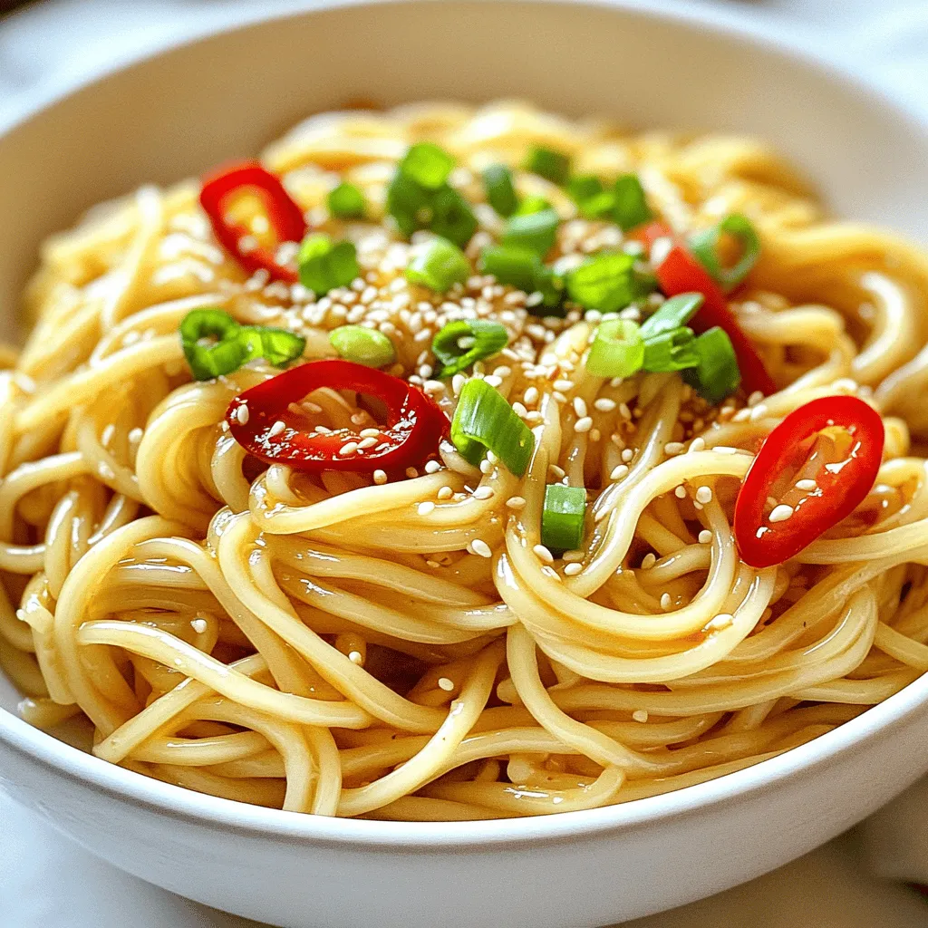 For Spicy Garlic Noodles, you will need: - 8 oz (225g) egg noodles (or any preferred noodles) - 4 tablespoons sesame oil - 6 garlic cloves, minced - 1-2 red chili peppers, finely sliced (adjust for heat) - 3 tablespoons soy sauce - 1 tablespoon rice vinegar - 1 tablespoon brown sugar - 1 teaspoon ginger, grated - 1/4 cup green onions, chopped (for garnish) - Sesame seeds, for garnish If you can't find some ingredients, don't worry! Here are swaps: - Use spaghetti if you lack egg noodles. - Swap sesame oil with olive oil for a lighter taste. - For a milder flavor, try green bell peppers instead of red chili peppers. - You can replace soy sauce with tamari for a gluten-free option. For the best taste, I recommend these brands: - Noodles: Look for fresh or dry noodles from a local Asian market. - Soy Sauce: Kikkoman is a trusted brand for rich flavor. - Sesame Oil: Use Kadoya for a strong, nutty aroma. - Rice Vinegar: Marukan offers a great balance of tartness. These choices ensure your dish bursts with flavor. For the full recipe, check the details above. First, gather your noodles. I love using egg noodles, but any noodles work. Cook the noodles according to the package. Aim for al dente, which means they should be firm. After cooking, drain them and set aside. You want to keep them ready for the sauce. Now, it’s time to make the sauce. In a large skillet or wok, heat four tablespoons of sesame oil over medium heat. When the oil is hot, add six minced garlic cloves. Sauté them for about one minute. You want them fragrant, not browned. Next, toss in one to two sliced red chili peppers. Adjust the amount based on your heat preference. Add one teaspoon of grated ginger next. Cook for another minute, allowing the flavors to mix well. Then, stir in three tablespoons of soy sauce, one tablespoon of rice vinegar, and one tablespoon of brown sugar. Mix everything well. Let the sauce bubble for about two to three minutes. This helps it thicken slightly. Now, it’s time for the best part—combining! Add the drained noodles to the skillet. Toss them gently to coat them with the spicy garlic sauce. Cook for an additional two to three minutes. This will heat the noodles through and blend the flavors. Once everything is hot, remove the skillet from heat. Garnish with chopped green onions and sesame seeds. Your spicy garlic noodles are ready to serve! You can find the full recipe above for more details. To boost the flavor, use fresh garlic. Fresh garlic gives a brighter taste. You can also add more chili for a kick. A splash of lime juice at the end adds freshness. Try mixing in some hoisin sauce for depth. To control heat, choose your chili wisely. Use mild peppers for a gentle spice. For more heat, pick hotter varieties. You can remove seeds for less heat. Taste as you go to find your perfect balance. For the best texture, cook noodles until al dente. This keeps them firm and chewy. After draining, rinse briefly under cold water. This helps stop cooking and keeps them from sticking. Toss them in sesame oil right after. This adds flavor and keeps them separate. For the full recipe, check out the [Full Recipe]. {{image_2}} You can make Spicy Garlic Noodles vegetarian by skipping any meat. Use mushrooms or bell peppers for a hearty bite. Tofu is a great choice too. It soaks up the sauce well. Just cube it and toss it in with the noodles. You can also add seasonal veggies like broccoli or carrots. They add color and crunch. If you want to add protein, chicken and shrimp work great. For chicken, use thin slices or small pieces. Cook them in the skillet before adding garlic. If using shrimp, add them right after the garlic. They cook fast and become juicy. For tofu, use firm tofu and press it first. This helps it absorb the sauce better. Each option brings its unique flavor and texture. For a gluten-free version, swap out regular soy sauce for tamari. You can also use rice noodles or zucchini noodles. They have a nice texture and taste great. Just cook them according to their instructions. These swaps keep all the spicy goodness while fitting your diet. Whatever you choose, the flavor will still shine through. After you enjoy your spicy garlic noodles, let them cool first. Place them in an airtight container. This keeps the noodles fresh for a few days. Store them in your fridge. Use them within 3 days for the best taste. To reheat your noodles, use a skillet. Add a splash of water or oil to prevent sticking. Heat on medium-low, stirring often. This helps keep the noodles soft. You can also microwave them. Use a microwave-safe bowl and cover it. Heat in short bursts, stirring in between. If you have extra noodles, you can freeze them. First, cool them completely. Then, put them in a freezer bag. Remove as much air as possible to avoid freezer burn. They can last up to 2 months in the freezer. When ready to eat, thaw in the fridge overnight and reheat as mentioned above. Spicy Garlic Noodles are a tasty dish made with noodles, garlic, and spices. They pack a punch of flavor from garlic and chili peppers. You can find them in many Asian cuisines, especially in Chinese and Vietnamese food. The sauce is a blend of soy sauce, sesame oil, and rice vinegar. This dish is both simple to make and full of bold tastes. You can enjoy it as a main course or a side dish. This recipe is quick and perfect for busy weeknights. Yes, you can make Spicy Garlic Noodles ahead of time. Cook the noodles and sauce, then store them separately. This helps keep the noodles from getting mushy. When you are ready to serve, just reheat them together in a pan. Add a splash of water or more sauce to help them warm up. This dish tastes great even after it sits for a day or two in the fridge. You can find Spicy Garlic Noodles in many Asian restaurants. Look for places that serve Chinese or Vietnamese food. Some places might call them by different names, but they usually have similar flavors. If you are at a noodle shop, ask if they have spicy garlic noodles. Many restaurants also offer them as a special dish. Enjoy exploring different styles and flavors! This blog post covered making Spicy Garlic Noodles. We talked about ingredients, cooking steps, and tips for flavor. I shared ways to add protein and make vegetarian choices. Storage tips ensure your leftovers taste great later. In the end, this dish is fun and easy. It’s perfect for any meal. Enjoy your cooking and share your delicious results!