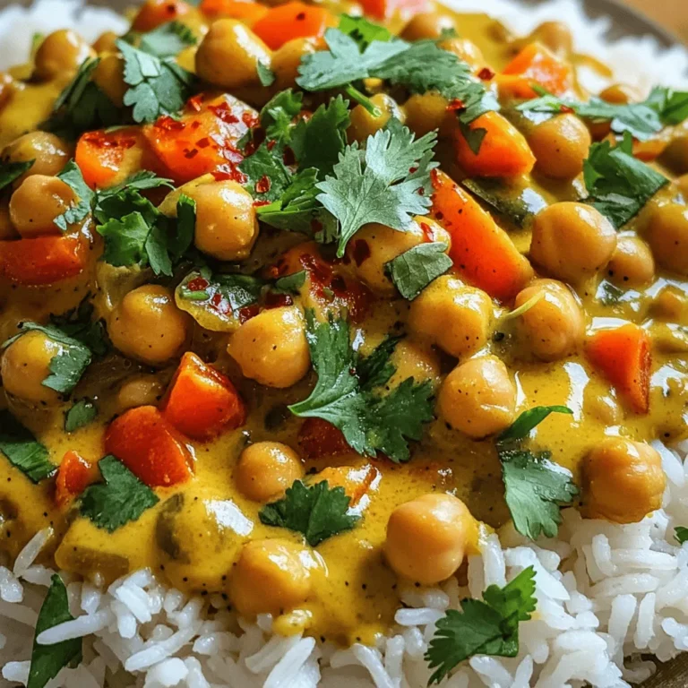 - 2 cups canned chickpeas, drained and rinsed - 1 tablespoon coconut oil - 1 medium onion, finely chopped - 3 cloves garlic, minced - 1 tablespoon fresh ginger, grated - 1 medium carrot, diced - 1 bell pepper (red or yellow), diced For this dish, canned chickpeas save time. You can rinse them and use them right away. Coconut oil adds a nice flavor and helps cook your veggies. Fresh vegetables like onion, garlic, ginger, carrot, and bell pepper create a tasty base. These veggies add flavor and nutrients. - 2 tablespoons curry powder - 1 teaspoon turmeric powder - 1 teaspoon cumin powder - 1 tablespoon tomato paste Spices bring life to your curry. Curry powder gives a warm, rich taste. Turmeric adds color and health benefits. Cumin brings a nutty flavor. Tomato paste adds depth. Together, they create a balanced and flavorful dish. - 1 can (14 oz) coconut milk - 1 cup vegetable broth - Salt and pepper to taste Coconut milk makes the curry creamy and rich. It balances the spices well. Vegetable broth adds extra flavor. You can adjust salt and pepper to suit your taste. For the full recipe, check the detailed steps provided. - Gather all ingredients. You need: - 2 cups canned chickpeas, drained and rinsed - 1 tablespoon coconut oil - 1 medium onion, finely chopped - 3 cloves garlic, minced - 1 tablespoon fresh ginger, grated - 1 medium carrot, diced - 1 bell pepper (red or yellow), diced - 1 can (14 oz) coconut milk - 2 tablespoons curry powder - 1 teaspoon turmeric powder - 1 teaspoon cumin powder - 1 tablespoon tomato paste - 1 cup vegetable broth - Salt and pepper to taste - Fresh cilantro, for garnish - Cooked basmati rice or quinoa, for serving - Prepare your vegetables by finely chopping and dicing them. This helps them cook evenly. - Heat the coconut oil in a large pot over medium heat. - Add the chopped onion, and sauté for about 5 minutes until translucent. - Stir in the minced garlic and grated ginger. Cook for 1 more minute until fragrant. - Add the diced carrot and bell pepper to the pot. Cook for 3-4 minutes until the vegetables soften. - Sprinkle in the curry powder, turmeric powder, and cumin powder. Stir to coat the vegetables and cook for another minute. - Add the tomato paste to the pot and mix well. - Pour in the coconut milk and vegetable broth, stirring to combine. - Add the drained chickpeas, bringing the mixture to a gentle simmer. - Reduce the heat to low. Let it cook for 15-20 minutes, stirring occasionally, until the sauce thickens slightly. - Season with salt and pepper to taste. - Serve the curry hot over cooked basmati rice or quinoa. - For garnish, add fresh cilantro and sprinkle some chili flakes for an extra kick. You can find the [Full Recipe](#) for more details. Enjoy your delicious Vegan Chickpea Curry! To get the right texture, simmer the curry long enough. This helps the flavors blend well. Aim for about 15 to 20 minutes. If the sauce seems too thick, add a bit more vegetable broth or coconut milk. A splash of water can also work. Just stir well and simmer again. Want to boost the taste? Try adding more spices or fresh herbs. Fresh cilantro really brightens the dish. You can also add a pinch of chili for heat. If you like it spicy, add more chili flakes or fresh peppers. Remember, you can always adjust the spices to your liking. An appealing dish makes mealtime special. Use a wide bowl to show off the curry's colors. Add the curry in the center and let it spill slightly over the edges. Garnish with fresh cilantro for a pop of green. A sprinkle of chili flakes adds color and hints at spice. For an extra touch, serve with a side of fluffy basmati rice or quinoa. Check out the Full Recipe for more ideas! {{image_2}} You can switch chickpeas for other legumes. Black beans, lentils, or kidney beans work well. Each will give a new taste. They also add different nutrients. You can also mix in different veggies. Try spinach, zucchini, or sweet potatoes for added texture and flavor. They make the dish colorful and fun. If you need a gluten-free option, this recipe is already good. All the ingredients are naturally gluten-free. Just use gluten-free broth if needed. For low-carb variations, swap chickpeas for cauliflower or zucchini. This change keeps the dish light and still tasty. To change the flavor, you can use different curry pastes. Green or red curry paste gives a spicy kick. You can also mix spices from different regions. Try adding garam masala for a warm, rich taste. Each twist brings a new experience to the dish. For the Full Recipe, check out the main section. To store your leftover vegan chickpea curry, let it cool first. Then, transfer it to an airtight container. This keeps the flavors fresh. In the fridge, it stays good for about 3 to 5 days. Always check for any signs of spoilage before eating. Freezing is a great option for meal prep. To freeze, first cool the curry completely. Then, portion it into freezer-safe containers. Make sure to leave some space for expansion. It can last up to 3 months in the freezer. When you’re ready to eat, thaw it overnight in the fridge. For reheating, just warm it up in a pot on the stove or in the microwave until hot. Meal prepping makes weeknight dinners easy. You can cook a big batch of chickpea curry and store it. Divide the curry into single servings for quick meals. This way, you can grab a portion and heat it whenever you need. It saves time and keeps you healthy! You can use canned or dried chickpeas. Canned chickpeas are quick and easy. They come pre-cooked, so you can add them right to your curry. Just drain and rinse them before use. Dried chickpeas need more time. You must soak them overnight and then cook them for about an hour. This way, they get soft and creamy. Choose what fits your time best. Yes, you can add other plant-based proteins. Tofu is a great option. It absorbs flavors well. Tempeh also works; it adds a nice texture. You could even mix in some lentils for extra protein. Just remember to adjust cooking times to ensure everything is cooked perfectly. To change the spice level, you can add or reduce spices. If you like it mild, start with less curry powder. Taste as you cook and add a little more if needed. For more heat, try adding red pepper flakes or fresh chili peppers. Remember, you can always add more, but it’s hard to take it out once it's in! Vegan chickpea curry combines simple ingredients and flavors for a delicious meal. We explored the main ingredients and their roles, along with step-by-step instructions for cooking. Tips like achieving the perfect consistency and creative variations help you customize your curry. With storage tips, this dish is perfect for meal prep. Enjoy making this easy, flavorful dish that fits any diet!