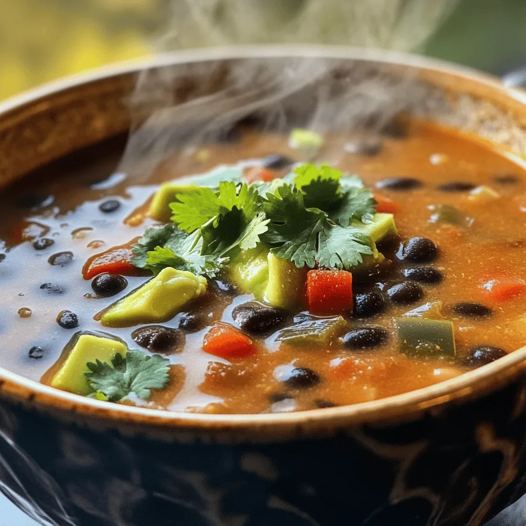 To make the best Spicy Black Bean Soup, gather these simple ingredients: - 2 cans (15 oz each) black beans, drained and rinsed - 1 medium onion, diced - 3 cloves garlic, minced - 1 red bell pepper, diced - 1 jalapeño, minced (seeds removed for less heat) - 4 cups vegetable broth - 1 teaspoon cumin - 1 teaspoon smoked paprika - ½ teaspoon cayenne pepper (adjust for spice preference) - 1 tablespoon olive oil - Salt and pepper to taste - Juice of 1 lime - Fresh cilantro, chopped (for garnish) - Avocado, diced (for serving) These ingredients are key to a rich and flavorful soup. The black beans provide protein and fiber. The onion, garlic, and peppers add depth and sweetness. You can customize the soup! Try adding corn or diced tomatoes for a twist. If you want it spicier, keep the jalapeño seeds. For a milder soup, skip the cayenne pepper. With the right ingredients, you can create a dish that warms your heart and your taste buds. Enjoy! To start, gather all your ingredients. You'll need black beans, onion, garlic, red bell pepper, jalapeño, vegetable broth, spices, olive oil, lime juice, salt, and pepper. You can also have fresh cilantro and diced avocado for serving. 1. Heat the Olive Oil: In a large pot, heat 1 tablespoon of olive oil over medium heat. 2. Sauté the Onion: Add the diced onion to the pot. Cook for about 5 minutes until the onion turns soft and clear. 3. Add Garlic and Peppers: Mix in the minced garlic, diced red bell pepper, and minced jalapeño. Cook for 3-4 minutes more. The smell will be amazing! 4. Spice It Up: Stir in 1 teaspoon of cumin, 1 teaspoon of smoked paprika, and ½ teaspoon of cayenne pepper. Cook this for 1 minute to let the spices bloom. 5. Add Beans and Broth: Pour in the rinsed black beans and 4 cups of vegetable broth. Stir everything together. 6. Bring to a Boil: Turn up the heat until the soup boils. Then, lower the heat and let it simmer for 15-20 minutes. This lets all the flavors mix well. 7. Blend the Soup: Use an immersion blender to blend the soup until it's smooth. If you don't have one, you can carefully transfer it to a blender in batches. 8. Season and Serve: Add salt, pepper, and the juice of 1 lime to taste. Simmer for another 5 minutes. When serving, top each bowl with diced avocado and fresh cilantro. This soup is both spicy and comforting. If you want a smoother texture, use an immersion blender. It’s easy and keeps the soup hot. Traditional blenders work too, but you must be careful with hot liquids. Try to blend in small amounts to avoid spills. For the complete recipe, including exact measurements and cooking time, check out the [Full Recipe]. Enjoy your cooking! To make your spicy black bean soup just right, adjust the cayenne pepper and jalapeño. Start with half a teaspoon of cayenne. If you like it hotter, add more. For the jalapeño, remove the seeds for less heat. If you want more kick, keep some seeds. You can also try spice blends like chili powder or smoked paprika. These add depth to the flavor. Balancing flavors is key. A splash of lime juice brightens the soup. It cuts through the richness and adds a fresh note. Season with salt and pepper to round out the taste. To boost flavor, consider adding spices like oregano or thyme. Fresh herbs can elevate your soup, too. Cilantro adds a nice touch. You can toss it in at the end or use it as a garnish. For richer flavors, cook the soup longer. Simmering it allows the ingredients to meld better. If you want a thicker soup, blend more of it until smooth. For a chunkier texture, blend just half and leave the rest whole. Experiment with these tips to create a spicy black bean soup that suits your taste perfectly. For a full recipe, check out the Full Recipe section! {{image_2}} This soup is easy to make vegan or vegetarian. Just use vegetable broth instead of chicken broth. You can add more plant-based ingredients, like corn or zucchini. If you want extra protein, try adding quinoa or tofu. These options keep the soup healthy and satisfying. You can switch out black beans if needed. Kidney beans or pinto beans work well too. For broth, you can use water with some seasonings. If you want fresh flavors, use fresh tomatoes instead of canned ones. Fresh ingredients often taste better and give a nice touch. Serving the soup is fun! You can add cooked rice on the bottom of the bowl. This adds texture and makes it a meal. Tortilla chips are a great side; they add a nice crunch. You might also want to serve it with crusty bread. For a pretty look, garnish with diced avocado and fresh cilantro. These toppings make the soup more appealing and tasty. To keep your spicy black bean soup fresh, follow these tips: - Refrigerate: Let the soup cool first. Store it in an airtight container. The soup lasts about 3 to 4 days in the fridge. - Freeze: For longer storage, use freezer-safe containers. Leave some space at the top for expansion. The soup can last up to 3 months in the freezer. Using glass or BPA-free plastic containers is best. These materials help keep the soup fresh and safe. You can reheat your soup using two main methods: - Stovetop: Pour the soup into a pot. Heat on medium-low, stirring often. This method makes sure the soup warms evenly. - Microwave: Place the soup in a microwave-safe bowl. Cover it loosely to avoid spills. Heat in short bursts of 1 minute, stirring in between. To keep the flavor and moisture, add a splash of broth or water while reheating. This helps the soup stay tasty and not dry out. Enjoy your delicious soup! Can I make this soup ahead of time? Yes, you can make this soup ahead of time. It tastes even better the next day. Just let it cool, then store it in the fridge for up to three days. You can also freeze it for up to three months. To reheat, just warm it on the stove or in the microwave. Is this soup gluten-free? Absolutely! This soup is naturally gluten-free. Just make sure your vegetable broth is labeled gluten-free. Most ingredients in this soup, like black beans and veggies, are safe for a gluten-free diet. How can I make it less spicy? To make it less spicy, you can remove the seeds from the jalapeño. You can also cut back on the cayenne pepper. If you want even less heat, add more black beans or vegetable broth. This will help balance the spices. Overview of calories and macros per serving Each serving of Spicy Black Bean Soup has about 250 calories. It contains around 15 grams of protein, 10 grams of fat, and 30 grams of carbs. This makes it a filling and healthy choice. Health benefits of black beans and vegetables in the recipe Black beans are rich in fiber and protein. They help keep you full and support digestion. The vegetables, like peppers and onions, add vitamins and minerals. Eating this soup is a great way to get more nutrients in your diet. Plus, the spices provide antioxidants, which are good for your health. This blog post covered everything you need for Spicy Black Bean Soup. We started with the exact ingredients and measurements, then moved to step-by-step cooking instructions. Next, we provided tips on adjusting spice levels and enhancing flavors. You learned about vegan options, ingredient swaps, and creative serving ideas. Finally, we discussed storage and reheating tips. With these insights, you can make a delicious and flexible soup tailored to your taste. Enjoy cooking!