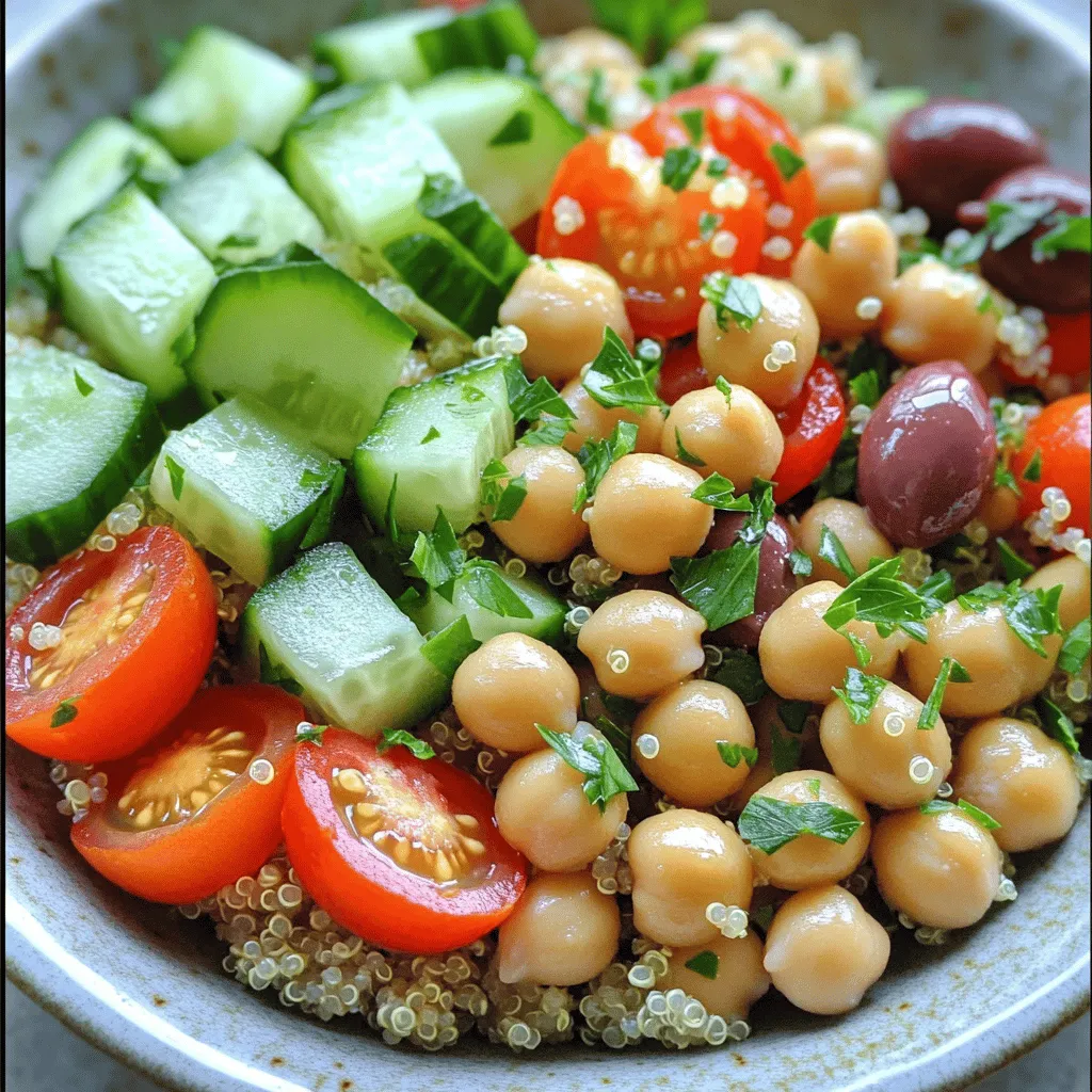 - 1 cup quinoa, rinsed - 2 cups vegetable broth or water - 1 cup chickpeas, canned or cooked - 1 cup cherry tomatoes, halved - 1 cucumber, diced - 1 red bell pepper, diced - ½ red onion, finely chopped - ½ cup kalamata olives, pitted and sliced - 1 tsp dried oregano - ¼ cup fresh parsley, chopped - 3 tbsp olive oil - 2 tbsp lemon juice - Salt and pepper to taste The ingredients in this Mediterranean quinoa bowl create a colorful and tasty dish. Quinoa serves as a healthy base. It is rich in protein and gluten-free. The chickpeas add more protein and fiber. Tomatoes, cucumber, and bell pepper bring freshness and crunch. The red onion gives a sharp taste. Kalamata olives add a salty kick. Dried oregano gives the dish a classic Mediterranean flavor. Fresh parsley brightens the bowl with its green color and taste. Olive oil and lemon juice make a zesty dressing that ties everything together. You can adjust the salt and pepper to match your taste. This bowl is not just filling; it is also full of nutrients. Each ingredient plays a big role in the dish's flavor and health benefits. You can easily find these ingredients in your local store. Want to make this dish? Check out the full recipe for more details! This dish offers a good balance of carbs, protein, and healthy fats. It can keep you full and energized. This recipe serves four. You can easily adjust the portions based on your needs. Start by rinsing 1 cup of quinoa under cold water. This step helps remove any bitterness. Next, put the quinoa in a medium saucepan. Add 2 cups of vegetable broth or water to the pan. Bring it to a boil over medium heat. Once boiling, reduce the heat to low. Cover the pan and let it simmer for about 15 minutes. The quinoa will absorb the liquid and become fluffy. Once done, take it off the heat and let it cool for a few minutes. While your quinoa cooks, it’s time to chop the veggies. In a large mixing bowl, combine 1 cup of chickpeas, 1 cup of halved cherry tomatoes, and 1 diced cucumber. Then, add 1 diced red bell pepper and ½ finely chopped red onion. Don’t forget to toss in ½ cup of sliced kalamata olives and ¼ cup of chopped fresh parsley. This mix brings bright colors and fresh flavors to your bowl. For a tasty dressing, grab a small bowl. Whisk together 3 tablespoons of olive oil, 2 tablespoons of lemon juice, and 1 teaspoon of dried oregano. Season it with salt and pepper to taste. This dressing adds a zesty kick to your quinoa bowl. Once the quinoa has cooled, combine it with the vegetable mixture. Drizzle the dressing over everything and gently toss to mix. Taste it and adjust the seasoning if you prefer more lemon or salt. For the full recipe, check out the detailed instructions provided above. To cook quinoa perfectly, start by rinsing it well. This removes the bitter coating called saponin. Use a ratio of two parts liquid to one part quinoa. I prefer vegetable broth for added flavor. Bring the liquid to a boil, then lower the heat. Cover and let it simmer for about 15 minutes. After cooking, let it sit for five minutes. Fluff it with a fork before serving. This keeps the grains separate and light. To boost flavor, use fresh herbs and spices. Fresh parsley adds brightness. A splash of lemon juice gives zest. You can also try adding garlic or fresh mint for extra depth. If you like heat, sprinkle some red pepper flakes on top. Mixing in roasted nuts or seeds adds crunch and richness. Always taste as you go, and adjust the seasoning to your liking. Presentation makes meals more inviting. Serve the quinoa bowl in shallow plates for a beautiful look. Layer the ingredients for a colorful display. Top with a sprinkle of fresh parsley for a pop of green. Drizzle a little olive oil on top for shine. Place lemon wedges on the side for a fresh touch. This not only looks great but also makes it easy for guests to add more flavor if they wish. For the full recipe, check out the complete guide to creating this delicious dish. {{image_2}} If you want to change things up, you can swap some ingredients. For instance, you can use brown rice or farro instead of quinoa. Both grains offer great texture and flavor. If you don't have chickpeas, try black beans or lentils. They add protein and fiber too. For a different twist, replace kalamata olives with green olives or artichoke hearts. The flavors will still shine through. This recipe is already vegan and gluten-free! Quinoa is a great base. Chickpeas add protein while veggies bring freshness. If you want more protein, add toasted nuts like almonds or walnuts. For a creamy touch, mix in some avocado. It makes the dish rich without using dairy. You can adjust this bowl with the seasons. In spring, add fresh peas or asparagus. In summer, swap in ripe peaches or zucchini. In fall, roasted sweet potatoes or butternut squash make the dish hearty. In winter, try adding roasted Brussels sprouts for a warm touch. Each season brings new flavors, making your quinoa bowl exciting all year long. For the full recipe, check out [Full Recipe]. To keep your Mediterranean quinoa bowl fresh, store it in an airtight container. This helps avoid spills and keeps flavors intact. Let the dish cool to room temperature before sealing. You can store it in the fridge for easy access later. Your quinoa bowl will last about 3 to 5 days in the fridge. Make sure to check for any off smells or changes in texture before eating. If you notice anything unusual, it’s best to toss it out. Enjoy it cold or reheated for a quick meal. You can freeze the Mediterranean quinoa bowl for longer storage. To do this, pack the quinoa and veggies in a freezer-safe container. Make sure to leave some space for expansion as it freezes. It will stay fresh for about 2 to 3 months in the freezer. When you’re ready to eat, thaw it in the fridge overnight and heat it up. Follow the [Full Recipe] to enjoy this vibrant dish any time! Yes, you can make the Mediterranean Quinoa Bowl ahead of time. This dish stores well in the fridge. Cook the quinoa and prepare the veggies. Just mix them with the dressing when you are ready to eat. I often make it a day in advance for busy days. It saves time and makes meals easy. There are many yummy toppings you can add to your bowl. You can try: - Feta cheese for creaminess - Avocado for a rich flavor - Roasted vegetables for warmth - Fresh herbs like mint or dill for brightness - Nuts or seeds for a crunchy bite These toppings let you customize your bowl. You can change it every time you make it! Yes, quinoa is gluten-free. It comes from a seed, not a grain. This makes it a great choice for people with gluten intolerance. Quinoa is also high in protein and fiber. It adds nutrition to your meals. You can enjoy it without worry if you need to avoid gluten. This blog post shared a simple recipe for a Mediterranean quinoa bowl. You learned about the healthy ingredients and their benefits. I also gave step-by-step cooking instructions and storage tips. Exploring variations can spice up your meals too. Eating healthy can be easy and fun. This dish is packed with flavor and nutrients. I hope you enjoy making it as much as I do. Prepare to impress with your delicious creation!