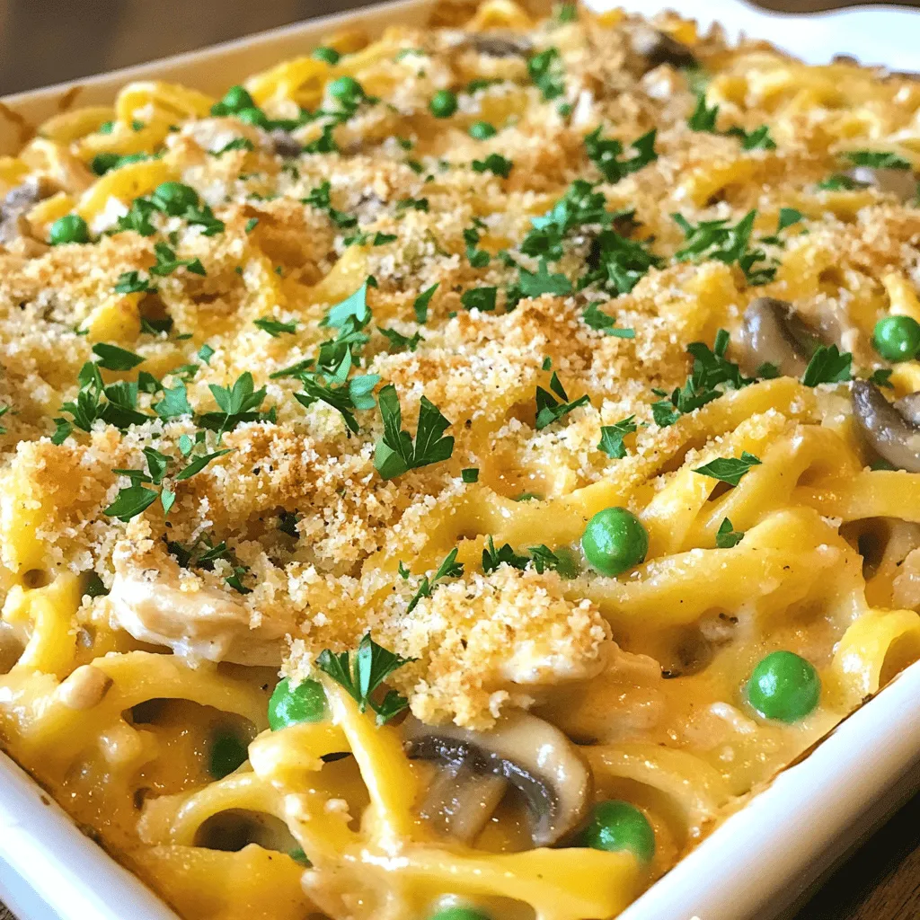 For this dish, gather these ingredients: - 2 cups cooked chicken, shredded - 8 oz fettuccine or spaghetti pasta - 1 cup mushrooms, sliced - 1 cup green peas (fresh or frozen) - 1/2 cup onion, finely chopped - 2 cloves garlic, minced - 2 cups chicken broth - 1 cup milk - 1/2 cup heavy cream - 1 cup grated Parmesan cheese - 1 cup shredded mozzarella cheese - 1/4 cup all-purpose flour - 2 tablespoons olive oil - 1 teaspoon dried thyme - 1 teaspoon salt - 1/2 teaspoon black pepper - 1/4 cup breadcrumbs (optional, for topping) - Fresh parsley, chopped (for garnish) You can swap ingredients if needed. Here are some ideas: - Use rotisserie chicken instead of cooking your own. - Replace fettuccine with penne or elbow macaroni. - For creaminess, try using sour cream instead of heavy cream. - Instead of chicken broth, vegetable broth works well for a lighter taste. - You can use any cheese you like in place of mozzarella. Fresh ingredients make a big difference. Here are some tips: - Choose chicken that looks pink and moist, not gray or dried out. - Look for firm, shiny mushrooms without dark spots. - For peas, fresh ones should be bright green and crisp. - Pick onions that feel heavy for their size and are firm. - When selecting garlic, choose bulbs that are dry and firm. Using fresh ingredients will make your Easy Chicken Tetrazzini taste amazing! For the full recipe, check out the details above. To make Easy Chicken Tetrazzini, start by preheating the oven to 350°F (175°C). Grease a 9x13 inch baking dish. Next, cook 8 oz of fettuccine or spaghetti in a large pot. Follow the package instructions until the pasta is al dente. Drain it and set it aside. In a large skillet, heat 2 tablespoons of olive oil over medium heat. Add 1/2 cup of finely chopped onion and 2 cloves of minced garlic. Sauté them until the onion turns translucent, which takes about 3-4 minutes. Then, add 1 cup of sliced mushrooms. Cook until they soften, which should take about 5 minutes. Now, stir in 2 cups of shredded cooked chicken and 1 cup of green peas. Mix them well. Sprinkle 1/4 cup of all-purpose flour over the mixture. Cook for 2 minutes while stirring constantly. Gradually pour in 2 cups of chicken broth, 1 cup of milk, and 1/2 cup of heavy cream. Keep stirring until it thickens and bubbles. Add 1 teaspoon of dried thyme, 1 teaspoon of salt, and 1/2 teaspoon of black pepper to the skillet. Mix in 1/2 cup of grated Parmesan cheese until it melts. Next, combine the cooked pasta with the chicken mixture, ensuring it coats evenly. Transfer everything to the greased baking dish. Spread it out evenly. Top it with 1 cup of shredded mozzarella cheese and the rest of the Parmesan. If you like, sprinkle 1/4 cup of breadcrumbs on top. Bake for 25-30 minutes or until the top is golden and bubbly. Preparation helps in making this dish easy and quick. Start by shredding the chicken ahead of time. You can use leftover chicken or buy rotisserie chicken for ease. Slice the mushrooms and chop the onions in advance too. This way, you can cook without delays. Sautéing is a key technique here. It helps develop flavors in the onions and mushrooms. Stirring constantly when adding flour avoids clumps. Gradually adding liquids ensures a smooth sauce. Mixing pasta with the sauce helps it soak up the flavors. These steps are vital for a great Chicken Tetrazzini. For the full recipe, check out the details above. To make a great Chicken Tetrazzini, start with the right pasta. Use fettuccine or spaghetti. They hold the sauce well. Cook the pasta just until it's al dente. This keeps it firm and prevents mushiness later. Use fresh ingredients when you can. Fresh mushrooms and peas add flavor and texture. Sauté the onions and garlic until they are soft and fragrant. This builds a solid base for your dish. One big mistake is overcooking the pasta. It may turn soft in the oven. Another mistake is not mixing the sauce well. Make sure every piece of pasta gets coated. This ensures even flavor. Watch the heat when cooking the sauce. If it's too high, the sauce can burn. Stir frequently to avoid sticking. Lastly, don’t skip the cheese topping. It adds a nice golden crust and flavor. To boost flavor, consider adding different herbs. Fresh thyme is great, but rosemary or basil can work too. You can also include a splash of white wine in the sauce for depth. Texture can be improved by adding a crispy topping. Use breadcrumbs mixed with Parmesan cheese for extra crunch. If you like, sprinkle some red pepper flakes for a little heat. For the full recipe, you can check the full recipe section. Enjoy cooking! {{image_2}} You can make chicken tetrazzini in many fun ways. Try adding different veggies. For a twist, use bell peppers, spinach, or even zucchini. You can also switch up the cheeses. Use cheddar for a sharper flavor or add cream cheese for creaminess. Mixing in some sun-dried tomatoes gives a nice depth. Each change makes it unique and tasty. If you want a vegetarian version, skip the chicken. Use mushrooms or eggplant instead. You can also add lentils for protein. For gluten-free options, swap regular pasta for gluten-free pasta. You can find many types at the store. Use gluten-free flour to thicken the sauce. This way, everyone can enjoy this dish. Feel free to swap ingredients to make it your own. Instead of chicken broth, use vegetable broth. This adds a different flavor. You can also use white wine for a richer taste. If you like heat, add some red pepper flakes. Want a smoky flavor? Try smoked paprika. These swaps can change the whole dish while keeping it delicious. For the full recipe, check here. After you make Chicken Tetrazzini, let it cool down first. Then, cover it tightly with plastic wrap or transfer it to an airtight container. This keeps it fresh for up to three days in the fridge. Make sure to label the container with the date. This way, you know when to eat it! If you want to keep Chicken Tetrazzini longer, freezing is a great option. First, let it cool completely. Next, portion it into single servings or keep the whole dish. Wrap it well in plastic wrap and then in aluminum foil. This prevents freezer burn. It can last up to three months in the freezer. When you’re ready to eat, just thaw it in the fridge overnight. To reheat your Chicken Tetrazzini, use the oven for the best results. Preheat it to 350°F (175°C). Place the tetrazzini in a baking dish and cover it with foil. Heat for about 20-30 minutes, or until it is warm throughout. You can also use a microwave. Put it in a microwave-safe dish and cover it. Heat in 1-minute intervals until hot. If you want it crispy, finish in the oven for a few minutes. Enjoy your meal! For the full recipe, check out the earlier section. Chicken Tetrazzini is a creamy pasta dish with chicken, mushrooms, and cheese. It is named after an Italian opera singer, Luisa Tetrazzini. This dish is warm, filling, and perfect for family dinners. You can make it with different pasta types, but fettuccine or spaghetti works best. Yes, you can use rotisserie chicken. It saves time and adds flavor. Just shred the chicken into bite-sized pieces. It blends well with the sauce and pasta. This is a great shortcut if you are busy. Chicken Tetrazzini lasts about 3 to 4 days in the fridge. Store it in an airtight container. Make sure it cools down before you put it in the fridge. This keeps it fresh and safe to eat. Yes, you can make Chicken Tetrazzini ahead of time. Prepare the dish and store it in the fridge before baking. Just cover it tightly with foil or plastic wrap. When ready to eat, bake it as usual for a quick meal. The best way to reheat Chicken Tetrazzini is in the oven. Preheat it to 350°F (175°C). Place the dish in the oven for about 20 minutes. This method keeps the pasta creamy and prevents it from drying out. You can also add a splash of milk before reheating. To spice up your Chicken Tetrazzini, try adding red pepper flakes or a dash of hot sauce. You can also mix in fresh herbs like basil or parsley. For an extra kick, add sautéed bell peppers or spinach. These options make the dish even more delicious. In this blog post, we explored making Easy Chicken Tetrazzini. We covered ingredient lists, cooking steps, and storage tips. You can easily customize the dish with flavor swaps or dietary tweaks. Remember, using fresh ingredients makes a big difference. As you cook, keep these tips in mind to avoid common pitfalls. Enjoy the process and let your creativity shine. Chicken Tetrazzini is a wonderful dish for any occasion. Happy cooking!