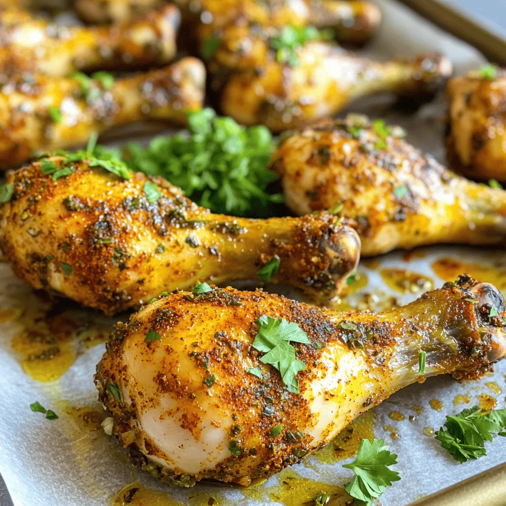Here’s what you need for crispy oven-baked chicken drumsticks: - Chicken: 8 drumsticks - Oil: 2 tablespoons olive oil - Spices: 1 teaspoon paprika, 1 teaspoon garlic powder, 1 teaspoon onion powder - Herbs: 1 teaspoon dried oregano, 1 teaspoon dried thyme - Seasoning: ½ teaspoon cayenne pepper, salt, pepper to taste - Garnish: Fresh parsley, chopped Each ingredient adds its own magic. The chicken drumsticks provide the base. Olive oil helps the spices stick and adds richness. Paprika gives a nice color and mild flavor. Garlic and onion powders add depth to the taste. Oregano and thyme give a fresh herb note. Cayenne pepper adds a bit of heat, but you can adjust it to your taste. Salt and pepper are key for enhancing all these flavors. Finally, chopped parsley makes your dish look fresh and pretty. For the full recipe, you can check the detailed instructions. - Preheat the oven: Set your oven to 425°F (220°C). - Prepare the baking tray: Line it with parchment paper or aluminum foil for easy cleanup. - Combine spices and oil in a bowl: In a large bowl, mix 2 tablespoons of olive oil with 1 teaspoon each of paprika, garlic powder, onion powder, dried oregano, and dried thyme. Add ½ teaspoon cayenne pepper for a kick, along with salt and pepper to taste. Stir until it forms a smooth paste. - Coat drumsticks with the spice mixture: Take 8 chicken drumsticks and add them to the bowl. Use your hands to coat each drumstick evenly with the spice mix. Make sure to cover all sides. - Arrange coated drumsticks on the baking tray: Place the coated drumsticks on the prepared baking tray. Leave space between each piece to ensure even cooking. - Bake for 35-40 minutes, turning halfway: Put the tray in the preheated oven. Bake for about 35-40 minutes. Turn the drumsticks halfway through to get an even crisp. - Check internal temperature: Use a meat thermometer to check that the chicken reaches 165°F (75°C). This ensures they are cooked through and safe to eat. For the full recipe, refer to the original source. To get that perfect crunch, use a wire rack on your baking tray. This allows hot air to flow around the chicken. The air helps the skin get crispy all around. If you don’t have a wire rack, you can still make it work. Just make sure to place the drumsticks on parchment paper, but flip them halfway for even cooking. You can spice things up by adding more cayenne pepper. If you like it mild, use less. For a different flavor, try adding smoked paprika or cumin. Fresh herbs like rosemary or thyme can also change the taste. Experiment with what you enjoy most! Spacing the drumsticks on the tray is key. If they touch, they will steam instead of bake. This means less crispiness. Aim for at least an inch between each drumstick. This small step makes a big difference in how well they cook and brown. {{image_2}} You can change the taste of your oven-baked chicken drumsticks in fun ways. Here are two ideas: - BBQ glazed oven-baked chicken drumsticks: Brush your favorite BBQ sauce on the drumsticks in the last 10 minutes of cooking. This gives a sweet and smoky flavor that everyone loves. - Asian-inspired soy sauce and ginger marinade: Mix soy sauce, fresh ginger, and garlic. Marinate the drumsticks for at least 30 minutes before baking. This adds a savory and tangy taste that is very refreshing. You can also try different cooking methods to make drumsticks. - Air fryer method for drumsticks: Preheat your air fryer to 400°F (200°C). Cook the drumsticks for about 25 minutes, flipping them halfway. This method makes the skin super crispy while keeping the meat juicy. - Slow cooker variation for tender meat: Place the seasoned drumsticks in a slow cooker. Cook on low for 6-8 hours or on high for 3-4 hours. This method makes the meat very tender and full of flavor. If you want to switch things up, you can try other proteins. - Substitute chicken with turkey or duck legs: Turkey drumsticks work well too. They have a rich flavor and cook similarly to chicken. Duck legs bring a unique taste and are great for special meals. Just adjust the cooking time as needed. To keep your cooked drumsticks fresh, store them in an airtight container. Place a paper towel in the container to absorb moisture. This helps keep the skin crispy. Refrigerate them within two hours of cooking. They stay good in the fridge for up to four days. If you want to enjoy them later, freezing is a great option. When it's time to reheat, the oven is best for keeping them crispy. Preheat your oven to 375°F (190°C). Place the drumsticks on a baking sheet and cover them loosely with foil. Heat for about 20 minutes until warmed through. If you're short on time, you can use a microwave. Heat them in short bursts, turning them to avoid uneven heating. To freeze your chicken drumsticks, let them cool completely first. Wrap each drumstick in plastic wrap. Then, place them in a freezer bag or container. Squeeze out as much air as you can to prevent freezer burn. They can last up to three months in the freezer. When ready to eat, thaw them in the fridge overnight before reheating. Enjoy your crispy herb & spice oven-baked chicken drumsticks again soon! For the full recipe, check out the details above. Bake chicken drumsticks for about 35 to 40 minutes. The oven should be set to 425°F (220°C). You want the internal temperature to reach 165°F (75°C). Checking the temperature ensures they are safe to eat. Yes, marinating chicken drumsticks is a great idea! It adds flavor and keeps the meat moist. You can marinate for as little as 30 minutes or up to 24 hours. A simple marinade of olive oil, vinegar, and spices works well. Oven-baked chicken drumsticks pair well with many sides. Here are some ideas: - Rice or quinoa - Mashed potatoes - Roasted vegetables - A fresh salad - Baked beans These options enhance the meal and balance flavors. To check if chicken drumsticks are done, use a meat thermometer. Insert it into the thickest part of the drumstick. If it reads 165°F (75°C), they are cooked. If you don’t have a thermometer, cut into the meat. The juices should run clear, not pink. Yes, you can make the skin crispy! Try these tips: - Pat the drumsticks dry with paper towels before seasoning. - Use a wire rack on the baking tray to allow air to circulate. - Bake them at a higher temperature for the last 5 to 10 minutes. These steps will give you that perfect, crispy skin. For the full recipe, check out the Crispy Herb & Spice Oven-Baked Chicken Drumsticks. This blog post covered how to make delicious oven-baked chicken drumsticks. You learned about the key ingredients, including chicken, spices, and herbs. I provided easy steps for preparation and cooking, along with tips for crispiness and flavor variations. In my final thoughts, you can experiment with spices and methods to please your taste buds. Whether you choose to bake, air fry, or slow cook, these drumsticks will be a hit. Enjoy your cooking adventure!