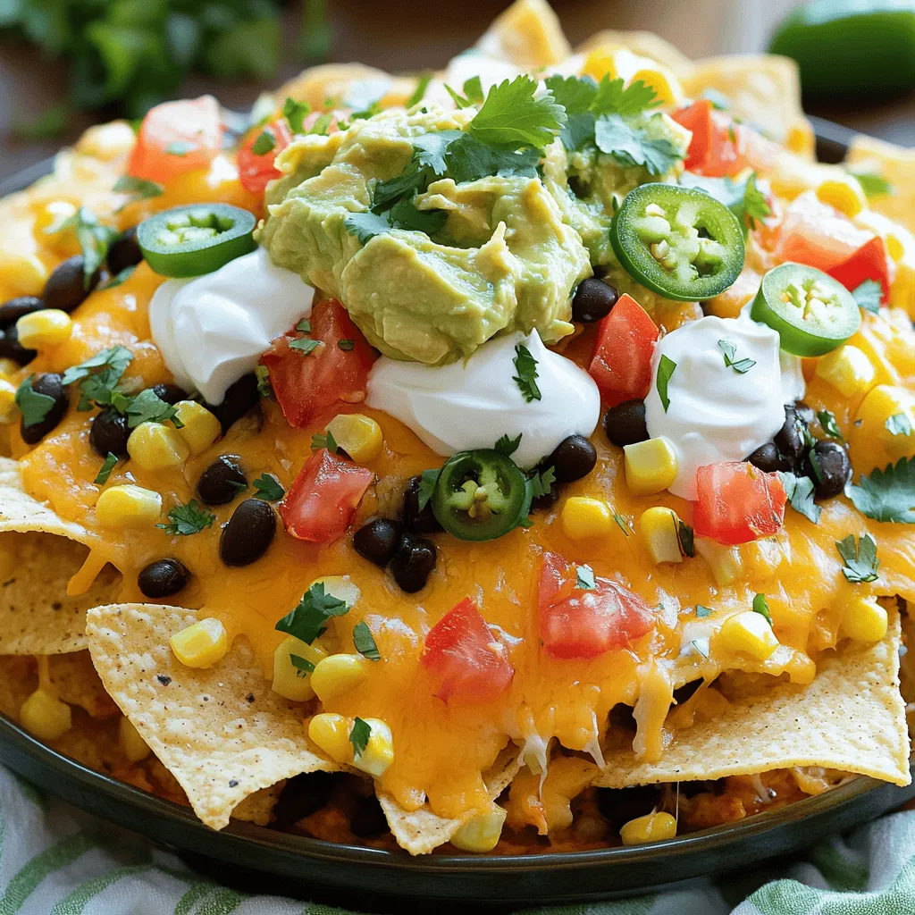 To make loaded cheesy nachos, you need a few key items: - 10 oz tortilla chips - 2 cups shredded cheddar cheese - 1 cup shredded Monterey Jack cheese - 1 can (15 oz) black beans, rinsed and drained - 1 cup corn kernels (fresh, frozen, or canned) - 1 jalapeño, sliced (seeds removed for less heat) - 1/2 cup diced tomatoes - 1/4 cup sliced green onions - 1/2 cup guacamole - 1/2 cup sour cream - Fresh cilantro leaves for garnish - Hot sauce (optional) Each ingredient adds a layer of flavor and texture. The chips form a crunchy base. The cheeses melt into a gooey delight. Black beans and corn add heartiness, while fresh toppings bring color and taste. Picking good brands can elevate your nachos. For tortilla chips, look for brands like Tostitos or Santitas for a reliable crunch. When it comes to cheese, I recommend Tillamook or Cabot for cheddar and Monterey Jack. For fresh toppings, local produce is best. If you can't find that, brands like Del Monte offer quality canned options. You will need a few simple tools to create your nacho masterpiece: - Baking sheet - Oven-safe platter - Mixing bowls The baking sheet helps distribute heat evenly, ensuring all chips get that golden melt. An oven-safe platter allows you to serve right from the oven. Mixing bowls help combine ingredients easily, making the layering process smooth and fun. For the full recipe, check out the Ultimate Loaded Cheesy Nachos . 1. Preheating the oven Preheat your oven to 350°F (175°C). This step is key for a perfect melt. 2. Arranging the chips Spread 10 oz of tortilla chips evenly on a large baking sheet or oven-safe platter. Make sure the chips are not stacked. They need space to crisp up. 1. First cheese layer In a bowl, mix 2 cups of shredded cheddar cheese and 1 cup of shredded Monterey Jack cheese. Sprinkle half of this cheese mix evenly over the chips. This creates a cheesy base that melts nicely. 2. Adding toppings Now, layer 1 can of black beans (rinsed and drained), 1 cup of corn kernels, 1 sliced jalapeño, and 1/2 cup of diced tomatoes on top of the cheese. Add the rest of the cheese mixture on top of the toppings. This ensures every bite is full of flavor. 1. Cook time and temperature Place the baking sheet in the preheated oven. Bake for 10-12 minutes. Keep an eye on the cheese as it melts and gets bubbly. 2. Indicators for doneness The nachos are done when the cheese is melted and bubbly. You want it to look golden and gooey. Remove them from the oven carefully. To get the best cheese melt, start with room temperature cheese. Cold cheese does not melt well. Let it sit out for about 30 minutes before use. Mixing cheese types also helps. I love using both cheddar and Monterey Jack. Cheddar gives a strong flavor, while Monterey Jack adds creaminess. This combo creates a smooth, gooey texture. When serving nachos for parties, think big! Use a large platter or baking sheet. Spread the nachos out evenly so everyone can grab a chip. For dipping, offer guacamole, sour cream, and hot sauce on the side. You can also try salsa or queso for extra flavor. This way, everyone finds their favorite dip. One big mistake is overloading nachos. Too many toppings can make them soggy. Stick to a few key toppings to keep the crunch. Another mistake is not using the right chip. Look for sturdy tortilla chips that can hold the weight of the toppings. Thin chips break easily and spoil the fun. {{image_2}} For a tasty vegetarian twist, you can add alternative proteins like lentils or tofu. These options pack a punch while keeping the dish meat-free. They also soak up flavor well. You can also load your nachos with extra vegetable toppings. Consider black olives, bell peppers, or even avocado for creaminess. These veggies not only add color but also create a fulfilling dish. If you love heat, spicy loaded nachos are for you. Start by adding more jalapeños to your layers. You can use fresh slices or pickled ones. Both will kick up the flavor. Consider different hot sauce options, too. Try a smoky chipotle sauce for a unique taste. You can also mix sauces for a flavor explosion. For a fun twist, why not try sweet and savory nachos? Incorporate sweet toppings like pineapple or mango. These fruits add a nice contrast to the cheese and spices. You can also experiment with unique flavor combinations. Think of adding a drizzle of honey or maple syrup over cheese. It sounds odd but tastes amazing! This mix is sure to surprise and delight your taste buds. For a full recipe, check out the Ultimate Loaded Cheesy Nachos. After enjoying your loaded cheesy nachos, cool them down first. Let them sit at room temperature for about 30 minutes. This helps avoid sogginess. Next, place the nachos in an airtight container. A glass or plastic container works well. Make sure to store them in the fridge. They stay fresh for up to three days. When it’s time to enjoy leftovers, you can choose the oven or the microwave. The oven gives the best results. Preheat it to 350°F (175°C). Spread the nachos on a baking sheet. Heat them for about 10 minutes. This keeps the chips crispy. If you use the microwave, heat in short bursts. Start with 30 seconds, check, and repeat if needed. The nachos may not be as crunchy in the microwave. You can freeze nachos, but not all parts. The chips can get soggy when thawed. Instead, freeze the toppings. Store the cheese, beans, and veggies in separate bags. When ready to eat, thaw them in the fridge overnight. You can then add them to fresh chips and bake. This keeps your nachos tasty! To make loaded cheesy nachos from scratch, follow these steps: - Preheat your oven to 350°F (175°C). - Spread tortilla chips on a baking sheet. - Mix cheeses in a bowl, then sprinkle half over the chips. - Layer black beans, corn, jalapeños, and tomatoes over the cheese. - Top with the rest of the cheese mixture. - Bake for 10-12 minutes, until cheese is melted. - Garnish with green onions, guacamole, and sour cream. Tips: - Use a baking sheet lined with parchment paper for easy cleanup. - Layering cheese helps it stick and keeps nachos from falling apart. Yes, you can use many types of cheese for nachos. Here are the best options: - Cheddar cheese provides great flavor. - Monterey Jack cheese melts smoothly. - Pepper jack cheese adds a spicy kick. - Queso blanco offers a creamy texture. Mix different cheeses for the best taste and texture. Experiment with what you like best. You can get creative with nacho toppings. Here are some popular and unique ideas: - Sliced jalapeños for heat. - Diced tomatoes for freshness. - Black olives for a briny flavor. - Grilled chicken or ground beef for protein. - Pico de gallo for a fresh taste. - Corn salsa for sweetness. Feel free to try unusual toppings like pineapple or pickled onions for fun. Keeping nachos crispy is easy with these expert tips: - Bake them quickly to melt cheese without cooking chips too long. - Layer toppings carefully; avoid overloading them. - Serve immediately after baking. - Use thicker chips; they hold up better to toppings. Crispy nachos are a joy to eat. Follow these tips for the best results! Loaded cheesy nachos are fun to make and share. We covered key ingredients, brands, and tools needed. I shared step-by-step instructions for perfect nachos, plus tips to avoid mistakes. You can try variations, like spicy or sweet nachos, to keep things exciting. Lastly, I explained how to store and reheat leftovers. With this guide, making nachos at home will be easy and delicious. Enjoy your nacho-making journey!