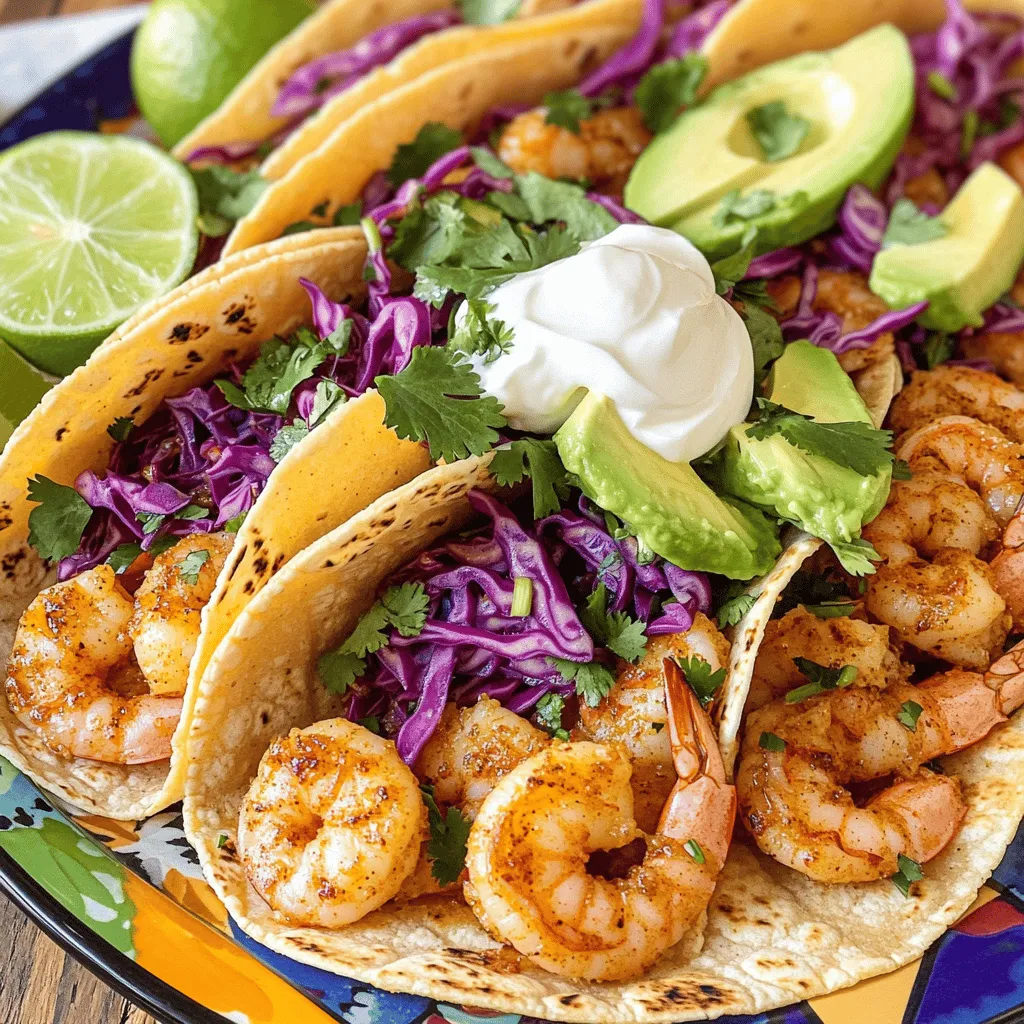 - 1 lb large shrimp, peeled and deveined - 4 cloves garlic, minced - 2 tablespoons olive oil - 1 teaspoon chili powder - ½ teaspoon smoked paprika - ½ teaspoon cayenne pepper (adjust to taste) - Salt and pepper to taste - 8 small corn tortillas - 1 cup red cabbage, shredded - 1 avocado, sliced - ½ cup fresh cilantro, chopped - 1 lime, cut into wedges - ¼ cup sour cream or Greek yogurt (for topping) In this recipe, the main ingredients make the shrimp shine. You start with fresh shrimp, which gives a sweet and briny taste. The garlic adds depth, while olive oil helps with cooking and flavor. For spices, chili powder and smoked paprika bring warmth and color. Cayenne pepper adds heat, which you can adjust to your liking. Salt and pepper enhance all these flavors. Toppings are key for texture and freshness. The corn tortillas hold everything together. Shredded red cabbage adds crunch, and avocado brings creaminess. Fresh cilantro adds brightness, and lime juice ties it all up with a zesty finish. You can find the full recipe above to make these delicious tacos! First, take a large bowl. Add the shrimp, minced garlic, olive oil, and spices. Use your hands or a spoon to mix everything well. Make sure each shrimp gets coated with the garlic and spices. This step is key for flavor! Next, heat a skillet over medium-high heat. Once it's hot, add the shrimp mixture. Cook the shrimp for 2-3 minutes on each side. They should turn pink and opaque. Keep an eye on them. Overcooked shrimp can be tough. While the shrimp cook, grab another skillet. Warm the corn tortillas in it for about 30 seconds on each side. This makes them soft and easy to fold. You can use a dry skillet for this step. Now it's time to build your tacos! Take a tortilla and lay down a few shrimp. Next, add the shredded red cabbage and avocado slices. Don’t forget to sprinkle fresh cilantro on top. Finally, drizzle some lime juice over everything. Enjoy your fresh and tasty tacos! If you want to see the full recipe, check above! When choosing shrimp, look for either fresh or frozen options. The shrimp should feel firm to the touch. Fresh shrimp should have a clean smell. If it smells strong or fishy, skip it. Frozen shrimp can be great, too. Just make sure they are completely thawed before cooking. Cooking shrimp takes just a few minutes. Avoid overcooking them to keep them tender. Shrimp are ready when they turn pink and opaque. If they curl tightly, they are overdone. Keep an eye on them while they cook. You want them juicy, not rubbery! Presentation matters when serving tacos. Use a vibrant platter to make the dish pop. Garnish with lime wedges and fresh cilantro. This adds color and freshness. You can also sprinkle some extra chili powder for a nice touch. It makes the dish look as good as it tastes! {{image_2}} You can make these tacos even spicier! Just add sliced jalapeños. They bring a fresh, zesty kick. You can use fresh or pickled jalapeños, depending on your taste. Mix them in with the shrimp or top your tacos with them. This adds heat and a fun crunch! Want a healthier twist? Use whole wheat tortillas instead of corn. Whole wheat adds fiber and nutrients. You can also ditch the tortillas and use lettuce wraps. This keeps the tacos light and fresh. The crunchy lettuce pairs well with the shrimp. Toppings can change the whole flavor. Try mango salsa for a sweet touch. The juicy mango balances the spice from the shrimp. Pickled red onions are another great choice. They add tang and crunch. Get creative and mix up your toppings for a unique meal! Store any leftover tacos in an airtight container. They taste best within 1-2 days. If you keep them too long, the shrimp might lose their flavor. The cabbage may get soggy, too. Always check before eating. You can freeze cooked shrimp for future meals. Wrap the shrimp tightly in plastic. Place them in a freezer bag to avoid freezer burn. When ready to eat, thaw them in the fridge overnight. This way, they stay fresh and tasty. To reheat, use a skillet over low heat. This helps keep the shrimp tender. If you microwave them, they may turn rubbery. Heat them gently until warm. Then, enjoy your tasty tacos again! You can make spicy shrimp less spicy by reducing the cayenne pepper or omitting it altogether. This change will keep the flavor while making it milder. Yes, you can use frozen shrimp for this recipe. Just be sure to thaw them completely before cooking. This ensures they cook evenly and taste fresh. If you need a substitute for corn tortillas, you have options. Flour tortillas or lettuce wraps make great alternatives. They add different textures and flavors to your tacos. You can find the Full Recipe for Spicy Garlic Shrimp Tacos available above! It's easy to follow and will guide you through each step. In summary, we explored delicious spicy garlic shrimp tacos. We covered ingredients, cooking steps, and helpful tips. You can create healthy, tasty variations too. Remember to store leftovers properly for later enjoyment. Enjoy these tacos with friends or family, and customize them to suit your taste. With these straightforward steps, tasty meals are easy to make. Dive into this flavorful dish and relish every bite!