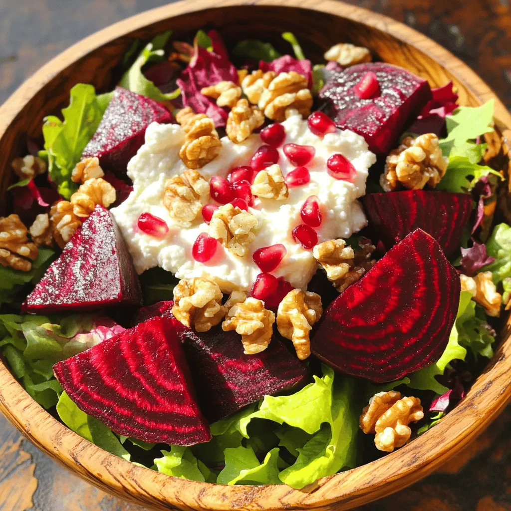 - 3 medium beets, washed and trimmed - 2 tablespoons olive oil - 1 teaspoon salt - 1 teaspoon black pepper - 4 cups mixed salad greens (arugula, spinach, or mixed baby greens) - 100g goat cheese, crumbled - 1/4 cup walnuts, toasted and roughly chopped - 1/4 cup pomegranate seeds (optional) - 2 tablespoons balsamic vinegar - 1 teaspoon honey - Zest of 1 orange The main stars of this dish are the beets. They bring a sweet, earthy taste. Roasting makes them tender, enhancing their natural sweetness. I recommend using medium-sized beets for even cooking. Next, the olive oil adds richness and helps the seasonings stick. Salt and black pepper bring out the flavors. The mixed salad greens provide freshness and crunch. You can use arugula, spinach, or baby greens for variety. Goat cheese adds a creamy texture. Its tangy flavor pairs well with the sweet beets. Walnuts offer a nice crunch and healthy fats. Pomegranate seeds add a pop of color and a burst of sweetness. The balsamic vinegar gives a tangy kick. Honey balances the acidity. Lastly, orange zest adds a bright citrus note. Each ingredient plays a role in creating a delightful salad. You can find the full recipe above to guide you through the cooking process. - Preheat the oven and prep the beets: Start by preheating your oven to 400°F (200°C). This heat will help the beets become sweet and tender. While the oven heats, wash and trim the beets. You want them clean, so scrub off any dirt. - Wrapping and roasting the beets: Wrap each beet in aluminum foil. This keeps the moisture in while they roast. Place the wrapped beets on a baking sheet for easy handling. Roast them for 45-60 minutes. They are done when you can easily pierce them with a fork. Once they cool, peel the skins off. The skins should slide off easily. Slice the beets into wedges for the salad. - How to make the homemade vinaigrette: In a large mixing bowl, combine 2 tablespoons of olive oil, 1 teaspoon of salt, 1 teaspoon of black pepper, 2 tablespoons of balsamic vinegar, and 1 teaspoon of honey. Add the zest of 1 orange for a fresh kick. Whisk these ingredients together until they are well mixed. This dressing adds flavor to the salad. - Mixing salad greens and dressing: In another bowl, take 4 cups of mixed salad greens. You can use arugula, spinach, or baby greens. Pour half of the dressing over the greens. Toss gently until the leaves are coated. This step ensures every bite has flavor. - Plating techniques for a beautiful presentation: Take four individual serving plates. Place the dressed salad greens on each plate. Arrange the roasted beet wedges on top of the greens. This creates a colorful base for your salad. - Adding final toppings and garnishes: Crumble 100g of goat cheese over the beets on each plate. Then, sprinkle 1/4 cup of toasted walnuts and 1/4 cup of pomegranate seeds for added texture. These toppings not only add flavor but also make the salad visually appealing. Drizzle the remaining dressing over the salads for extra taste. For the full recipe, refer to the detailed instructions above. To roast beets, start with medium-sized ones. This size cooks evenly. Wash and trim the beets well. Wrapping them in foil keeps them moist. Set your oven to 400°F (200°C). Place the wrapped beets on a baking sheet. Roast for 45 to 60 minutes. Check if they are fork-tender to ensure they are done. Let them cool a bit before peeling. The skins should come off easily. Slice them into wedges for your salad. This method keeps the flavor rich and the texture tender. Pair this salad with grilled chicken or fish for a full meal. A simple roasted vegetable dish works well too. For a nice drink, try a crisp white wine. A Sauvignon Blanc or a dry rosé complements the flavors. These choices enhance the taste of the beets and cheese. They also balance the sweetness of the salad. Serve the salad in a large bowl for a rustic look. You can also use individual plates for a fancy touch. Layer the salad with greens first, then add the beet slices. Crumble goat cheese on top. For extra color and crunch, sprinkle walnuts and pomegranate seeds. Adding a few extra pomegranate seeds makes it pop visually. This makes your salad not just tasty but also beautiful. For the full recipe, check out the complete guide. {{image_2}} You can change the greens in this salad. Try using kale or romaine instead of mixed greens. Both provide a nice crunch and flavor. You can also switch the cheese. Feta or blue cheese adds a different taste. Feta is tangy, while blue cheese is bold and creamy. Adding fruits can boost flavor. Slices of orange or crunchy apples brighten the dish. They add sweetness and acidity. Fresh herbs like basil or mint can give a nice lift. They add brightness and aroma, making the salad feel fresh and light. In summer, you can include berries. Strawberries or blueberries complement the beets well. They add sweetness and color. For winter, use roasted root vegetables. Carrots or sweet potatoes add warmth and hearty texture. This keeps the salad cozy and filling during colder months. To keep your roasted beet salad fresh, store it in a sealed container. Place it in the fridge right after serving. This will help maintain the flavors and textures. The salad can stay fresh for up to three days. After this period, the greens may wilt, and the beets may lose their crunch. Can you freeze roasted beets? Yes, you can freeze roasted beets! Just peel and slice them before freezing. Store them in an airtight bag or container. However, I do not recommend freezing the entire salad. The greens will become soggy when thawed. To preserve the salad, keep the components separate if you plan to freeze. To refresh your salad, add a splash of vinegar or citrus juice. This brightens the flavors. You can also toss in fresh greens to add crunch. If you have leftover components, consider making a wrap or sandwich. Use the beets and goat cheese on whole grain bread or in a tortilla for a tasty lunch. Can I use canned beets instead of fresh? Yes, you can use canned beets. They save time and are easy to find. However, fresh beets taste better and have a firmer texture. For the best flavor, I recommend using fresh beets, especially for this roasted beet salad. What type of goat cheese is best for this salad? Soft goat cheese works best for this salad. It crumbles easily and adds creaminess. You can also try aged goat cheese for a stronger flavor. Choose a cheese that suits your taste. How long do I roast the beets? Roast the beets for 45 to 60 minutes at 400°F (200°C). The time depends on the size of your beets. Smaller beets take less time, while larger ones need more. How can I tell when the beets are done? Insert a fork or knife into the beets. If it goes in easily, they are done. Beets should be fork-tender. If they resist, roast them a bit longer. What mains pair well with this salad? This salad pairs well with grilled chicken or fish. It also complements roasted meats and vegetarian dishes. The flavors balance nicely with hearty mains. Can I make this salad ahead of time? You can prep the beets and dressing ahead. Store them in the fridge until ready to serve. However, add the greens and toppings just before serving for the best texture. Check out the Full Recipe for details on how to prepare everything! This blog shared a tasty beet salad recipe and its key ingredients. You learned how to roast beets and make a homemade dressing. We explored tips for perfecting your dish and techniques to enhance presentation. Consider trying different greens or cheeses to keep it fresh. This salad is easy to adapt to every season and occasion. Enjoy creating your delicious version!