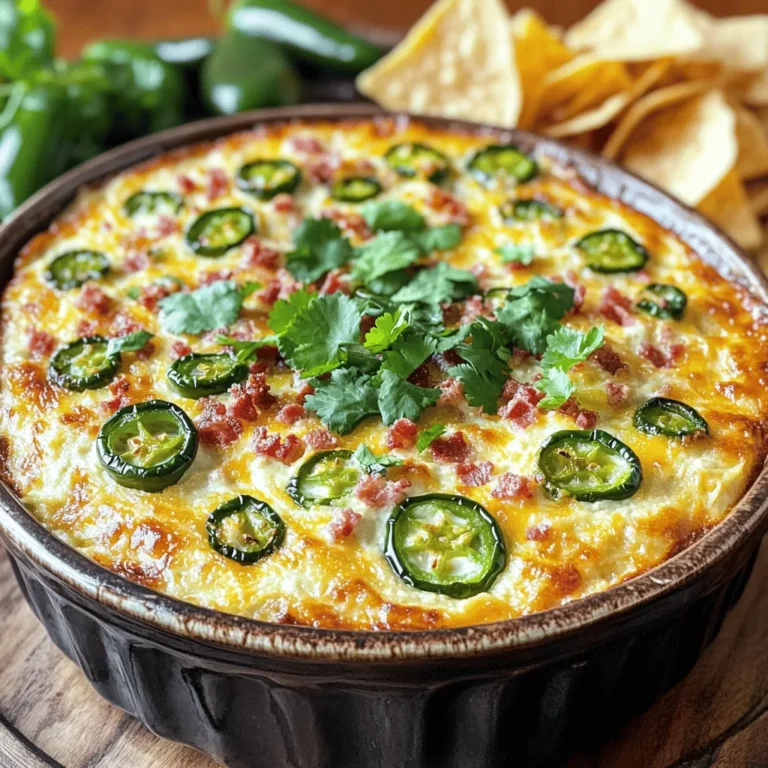 To make a tasty Jalapeno Popper Dip, you will need: - 1 cup cream cheese, softened - 1 cup sour cream - 1 cup shredded cheddar cheese - 1 cup shredded mozzarella cheese - 4 fresh jalapeños, finely chopped (seeds removed for less heat) - 1/2 cup cooked and crumbled bacon (optional for extra flavor) - 1 teaspoon garlic powder - 1 teaspoon onion powder - Salt and pepper to taste - 1/4 cup fresh cilantro, chopped (for garnish) - Tortilla chips or sliced vegetables for serving When choosing jalapeños, look for firm ones with a shiny skin. Avoid soft spots or wrinkles. Dark green peppers are usually fresher and have more flavor. If you want more heat, pick smaller peppers; they tend to be spicier. If you prefer less heat, go for larger jalapeños. You can add more ingredients to boost flavor. Try adding diced tomatoes, green onions, or even a splash of hot sauce. For a touch of sweetness, consider adding a bit of corn. Experimenting with flavors can make your dip even more exciting! Check out the Full Recipe for more ideas. Start by preheating your oven to 350°F (175°C). In a large mixing bowl, add the softened cream cheese and sour cream. Use a spatula to mix them until smooth and creamy. This forms the base of your dip and gives it that rich texture. Now, it's time to make it cheesy! Add the shredded cheddar and mozzarella to your creamy base. Stir well to combine. Next, fold in the finely chopped jalapeños, ensuring that you remove the seeds if you don’t want too much heat. Then, mix in the garlic powder, onion powder, salt, and pepper. If you love bacon, toss in the crumbled bacon for extra flavor. Keep mixing until everything is evenly spread. Transfer the dip mixture into a baking dish. Spread it out evenly so it cooks well. Place the dish in your preheated oven and bake for 25 to 30 minutes. You’ll know it’s ready when the dip is bubbly and golden on top. Once done, take it out of the oven and let it cool for a few minutes. Before serving, add a sprinkle of fresh cilantro on top for a nice touch. Enjoy your creamy and flavorful Jalapeno Popper Dip! For the complete recipe, check out the Full Recipe section. To get a creamy dip, mix the cream cheese and sour cream well. Use a hand mixer for a smooth blend. This method helps avoid lumps. Make sure your cheeses are fresh and shredded, not pre-shredded. Pre-shredded cheese often contains additives that affect texture. Want a milder dip? Remove all the seeds from the jalapeños. You can also use fewer jalapeños to reduce heat. For more spice, add crushed red pepper or extra chopped jalapeños. Taste as you mix to find your perfect balance. Serve the dip hot for the best flavor. Fresh cilantro adds color and flavor on top. Use tortilla chips or sliced veggies for dipping. Place them around the dip in a nice bowl. This setup makes it easy for everyone to enjoy. For the full recipe, check the link provided earlier. {{image_2}} You can easily change this dip for different diets. For a vegan option, swap cream cheese with a plant-based cream cheese. Use coconut yogurt instead of sour cream. Choose vegan cheese for the cheddar and mozzarella. For a gluten-free version, stick to gluten-free tortilla chips. This dip is already gluten-free with all its other ingredients. Feel free to get creative! Add some spice by mixing in diced green chiles. Try adding smoked paprika for a deeper flavor. You can even toss in some ranch seasoning for a zesty twist. Want to make it healthier? Use Greek yogurt instead of sour cream. You’ll still get that creamy texture while adding protein. You don’t have to stick with just tortilla chips. Try using sliced veggies like cucumbers and bell peppers for a fresh crunch. Pita chips also work great, giving a nice contrast to the creamy dip. For a fun twist, serve this dip in mini bread bowls. Your guests will love it! If you want to make it a meal, serve it over nachos with toppings like guacamole or salsa. Check out the Full Recipe for more ideas and a step-by-step guide! After enjoying your Jalapeno Popper Dip, let it cool down. Place any leftovers in an airtight container. Store it in the fridge. This dip stays fresh for about three to four days. Always check for any signs of spoilage before eating. To reheat your dip, preheat your oven to 350°F (175°C). Transfer the dip to a baking dish. Heat for about 15-20 minutes until it's warm and bubbly. You can also use the microwave. Heat in a microwave-safe bowl for one minute at a time, stirring in between. If you want to keep your dip longer, freezing is a great option. First, let it cool completely. Then, scoop the dip into a freezer-safe container. Seal it tightly and label it with the date. This dip can last up to three months in the freezer. When ready to eat, thaw it in the fridge overnight before reheating. Yes, you can make this dip ahead of time. Prepare the dip up to step six. Cover it and store it in the fridge. When you're ready to serve, bake it as directed. This helps the flavors blend well together. If you don't want to use cream cheese, try using Greek yogurt. It adds a nice tang and creaminess. You can also use cashew cream for a dairy-free option. Both will keep your dip rich and tasty. You can store Jalapeno Popper Dip in the fridge for up to five days. Make sure to keep it in an airtight container. This keeps it fresh and ready to enjoy later. Just reheat it before serving to bring back the creamy goodness. You explored how to make Jalapeno Popper Dip from start to finish. We looked at fresh ingredients, strong flavors, and easy steps for the perfect texture. You now know how to store leftovers and even reheat them well. Don’t shy away from trying new variations or adjusting heat. This dip is fun to make and share. With these tips, you can impress your friends and family at your next gathering. Enjoy every creamy, spicy bite!