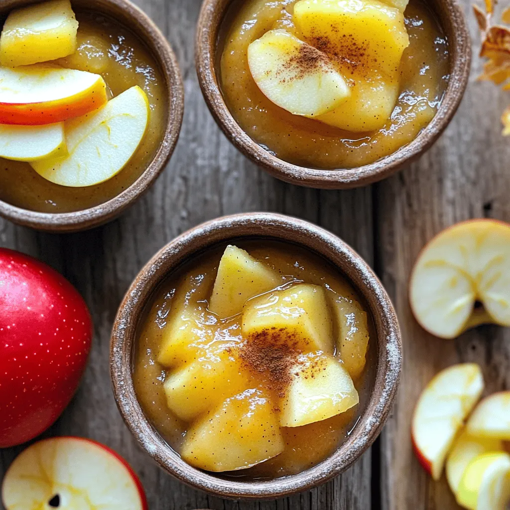 To make your applesauce, you will need: - 6 medium apples (Fuji or Honeycrisp work best), peeled, cored, and chopped - 1/2 cup water - 1/4 cup brown sugar (change this for your taste) - 1 teaspoon cinnamon - 1/2 teaspoon nutmeg - 1/4 teaspoon ground ginger - 1 tablespoon lemon juice - 1/2 teaspoon vanilla extract (optional) Choosing the right apples is key. I like to use Fuji or Honeycrisp apples. These apples are sweet and juicy, which makes for a great sauce. They cook down nicely. You can also try Granny Smith for a tart flavor. The mix of sweet and tart can make your applesauce taste even better. Look for firm apples with no soft spots or blemishes. Fresh apples will give you the best flavor. Want to jazz up your applesauce? Here are some ideas. You can add a pinch of salt to balance the sweetness. Some people like to add cloves for a warm spice. You can try adding a bit of maple syrup instead of brown sugar for a unique taste. If you want a fruity twist, add a handful of berries. These simple changes can make your homemade applesauce stand out. Check out the Full Recipe for more tips! First, gather your ingredients. You need six medium apples, water, brown sugar, and spices. Peel, core, and chop the apples. This step is fun and easy. You can use any apples you like. I love Fuji or Honeycrisp for their sweetness. In a large pot, combine the chopped apples and water. Bring the mixture to a gentle simmer over medium heat. Once it's simmering, add the brown sugar, cinnamon, nutmeg, ground ginger, lemon juice, and vanilla extract if you want extra flavor. Stir gently to mix everything well. Cover the pot and let the apples cook for about 15 to 20 minutes. Stir occasionally to ensure even cooking. The apples will soften during this time. You’ll love the warm, sweet smell filling your kitchen! After cooking, you can decide how smooth you want your applesauce. For a chunky texture, simply mash the apples with a potato masher. If you prefer it smooth, use an immersion blender for a fine puree. Once you reach your desired texture, take the pot off the heat and let it cool slightly. Taste your applesauce. If you want more sweetness or spice, now is the time to adjust. Follow these steps for a delicious homemade applesauce, inspired by the Full Recipe. Enjoy every bite! Making applesauce is easy, but mistakes happen. Here are some you should avoid: - Using the wrong apple type. Stick with sweet apples like Fuji or Honeycrisp. - Adding too much water. Too much water can make it runny. Start with 1/2 cup. - Not monitoring the cooking time. Apples can turn mushy if cooked too long. - Skipping the taste test. Always taste your applesauce before serving. Adjust if needed. You can tweak sweetness and spice to fit your taste. Here are some tips: - Use brown sugar or honey. Adjust the amount based on your sweetness preference. - Add spices slowly. Start with 1/2 teaspoon of cinnamon and nutmeg. You can always add more. - Add lemon juice. This brightens the flavor and balances the sweetness. - Try vanilla extract. A splash can add depth to your applesauce flavor. Having the right tools makes the task easier. Here are my top picks: - Large pot. A sturdy pot helps cook the apples evenly. - Potato masher or immersion blender. Use these tools to mash or puree the apples. - Measuring cups and spoons. Accurate measurements ensure the best flavor. - Wooden spoon. A solid spoon is perfect for stirring the mixture as it cooks. For more details, check out the Full Recipe. {{image_2}} Cinnamon brings warmth to applesauce. To make cinnamon applesauce, use the same base recipe. Add 1 to 2 teaspoons of cinnamon when you add the other spices. This gives your applesauce a cozy flavor. You can also add a pinch of cloves for an extra kick. It’s a great treat for fall or winter. If you want to make sugar-free applesauce, skip the brown sugar entirely. Use ripe apples instead, as they are naturally sweet. You can also add a splash of lemon juice to enhance the flavor. Consider using a little apple juice for sweetness. This way, you can enjoy applesauce without added sugar. You can mix fruits for a fun twist. Try adding pears or peaches to the apples. Use a mix of 4 apples and 2 pears for a sweet blend. This adds a new taste and keeps it fresh. You can also include berries in the summer. Just cook them down with the apples for a fruity delight. Enjoy these variations to keep your applesauce exciting! For more details, check the Full Recipe. To keep your homemade applesauce fresh, store it in an airtight container. Glass jars work well. Let the applesauce cool down before sealing. This keeps moisture out and prevents spoilage. You can also use plastic containers, but ensure they are food-safe. Always label the container with the date. You can freeze applesauce for later use. Pour it into freezer-safe bags or containers. Leave some space at the top for expansion. Seal tightly and store in the freezer. To reheat, thaw the applesauce in the fridge overnight or use the microwave. Heat in short bursts, stirring in between, until warm. Homemade applesauce lasts about one week in the fridge. Store-bought applesauce often has preservatives, so it can last longer, up to a year unopened. Once opened, store-bought applesauce lasts about one week too. Always check for signs of spoilage, like changes in smell or color, before using. Yes, you can use many apple types. Each type gives a unique flavor. Some great choices are Granny Smith, Gala, or Pink Lady. These apples work well too. Mixing different apples can create a more complex taste. Just remember, sweeter apples make sweeter sauce. To thicken applesauce, cook it longer. This helps remove excess water. You can also mash the apples less for a chunkier texture. Adding a bit of cornstarch mixed with water can help too. Stir it in while cooking until it thickens. Yes, homemade applesauce is often healthier. You control the ingredients. You can use less sugar or add spices you like. Store-bought sauces can have extra sugars or preservatives. Making your applesauce means you know exactly what’s in it. Yes, you can can homemade applesauce! Make sure to follow safe canning practices. Use sterilized jars and process them in a boiling water bath. This way, you can enjoy your applesauce later. It can last for up to a year when stored properly. For the full recipe, check out the Sweet & Spicy Autumn Applesauce. Making homemade applesauce is easy and fun. We covered the best apples, flavors, and important steps. I shared tips to avoid common mistakes and select the right tools. You can even explore variations like cinnamon and sugar-free options. In the end, homemade applesauce beats store-bought in taste and health. Enjoying it fresh or stored makes it a versatile treat. Now, get cooking and savor your delicious results!