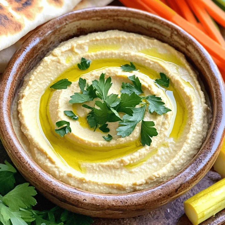 To make roasted garlic lemon hummus, you need simple, fresh ingredients. Here’s the list: - 2 cups canned chickpeas, drained and rinsed - 1 head of garlic - 3 tablespoons tahini - 3 tablespoons fresh lemon juice - 1/4 cup olive oil - 1 teaspoon ground cumin - Salt, to taste - 2 tablespoons water (more if needed) - Fresh parsley, for garnish - Extra olive oil, for drizzling These ingredients combine to create a creamy, flavorful dip. The roasted garlic adds a sweet richness, while lemon juice brightens the taste. Tahini gives it a nutty base. You can adjust the salt to fit your taste, making it perfect for any occasion. Using high-quality olive oil is key for flavor. Fresh parsley adds a nice touch for garnish. All these ingredients come together to create a delightful dish. For the complete process on how to prepare this hummus, check the Full Recipe. To prepare the garlic, start by preheating your oven to 400°F (200°C). Take a whole head of garlic and slice off the top. This exposes the cloves, making them easier to roast. Drizzle a little olive oil on top and wrap the head in aluminum foil. Place it in the oven and roast for about 30-35 minutes. The cloves will become soft and sweet. While the garlic roasts, gather the other ingredients. In a food processor, add 2 cups of canned chickpeas that you have drained and rinsed. Next, scoop in 3 tablespoons of tahini and 3 tablespoons of fresh lemon juice. Add 1 teaspoon of ground cumin and a pinch of salt. Finally, once the garlic is roasted, squeeze the soft cloves into the bowl. Put the lid on the food processor and start blending the mixture. As you blend, slowly pour in 1/4 cup of olive oil. If the hummus seems too thick, add 2 tablespoons of water, one at a time. Keep blending until the hummus is creamy and smooth. Pause to taste and adjust salt or lemon juice if needed. Once the hummus reaches your desired texture, transfer it to a serving bowl. Use a spatula to create a little hollow in the center. Drizzle some extra olive oil into this hollow. Finally, sprinkle with fresh parsley for a pop of color. Your roasted garlic lemon hummus is ready to serve! For the complete directions, check the Full Recipe. Roasting garlic brings out its sweet flavor. Start by preheating your oven to 400°F (200°C). Cut the top off the head of garlic. Drizzle with olive oil and wrap it in foil. Roast it for 30-35 minutes until soft. Let it cool before squeezing the cloves out. This method makes the garlic creamy and sweet. You can change the taste of your hummus easily. If you want it tangier, add more lemon juice. For a bolder flavor, try adding more roasted garlic. If you prefer a bit of heat, a pinch of cayenne pepper works well. Always taste as you mix. This way, you can adjust to your liking. The type of olive oil you use matters. A good quality extra virgin olive oil adds a rich flavor. Look for oil with a fruity or peppery note. This can enhance the hummus. Avoid cheap oils that lack flavor. Quality oil makes your hummus taste gourmet. For the best results, drizzle some extra olive oil on top before serving. For the full recipe, check out the details above. {{image_2}} You can spice up your hummus in many ways. Adding smoked paprika gives a warm, smoky taste. Try a pinch of cayenne pepper for heat. If you like herbs, blend in fresh basil or cilantro. Each spice adds its own twist and makes the dish unique. Chickpeas are great, but other beans work too. White beans, like cannellini, create a creamy texture. Black beans add a rich, earthy taste. Lentils can also be used for a different flavor profile. Just remember to drain and rinse any beans you use. Roasted garlic lemon hummus is easy to serve. Pair it with warm pita bread or crunchy vegetable sticks. It also goes well with crackers or as a spread on sandwiches. For an extra touch, serve it with olives or pickled vegetables. You can find the full recipe to perfect your hummus experience. Store your roasted garlic lemon hummus in the fridge. Use a clean, airtight container. It can last for about 4 to 5 days. If you see any discoloration, toss it. Always stir before serving. You can freeze hummus for later use. Place it in a freezer-safe container. Leave some space at the top for expansion. It can last up to three months. Thaw it in the fridge overnight before using. Use glass or BPA-free plastic containers. Glass helps keep flavors fresh. Plastic is lightweight and easy to handle. Make sure the lid seals tightly to avoid air exposure. This keeps your hummus tasty for longer. For the full recipe, check the earlier section. Homemade hummus lasts about 4 to 7 days in the fridge. Store it in an airtight container. If you see any change in color or smell, it’s best to toss it. Always check for freshness before serving. Yes, you can make roasted garlic lemon hummus ahead of time. This allows the flavors to blend well. Just keep it in the fridge until you are ready to serve. If you don't have tahini, try using peanut butter or almond butter. You can also blend sunflower seeds to create a nut-free option. Adjust the flavor to fit your taste. To make your hummus creamier, add more olive oil or water while blending. You can also blend for a longer time. This will help achieve that smooth texture. If you use warm chickpeas, it can enhance the creaminess too. For the full recipe, check the details above. Homemade hummus is easy and fun to make. You need just a few simple ingredients like chickpeas, garlic, and tahini. We covered how to prepare and blend them for the best texture. Plus, I shared useful tips for flavor and storage. Don’t forget to try different spices or beans for a twist. Enjoy experimenting with this tasty dish. Your homemade hummus will be a hit!