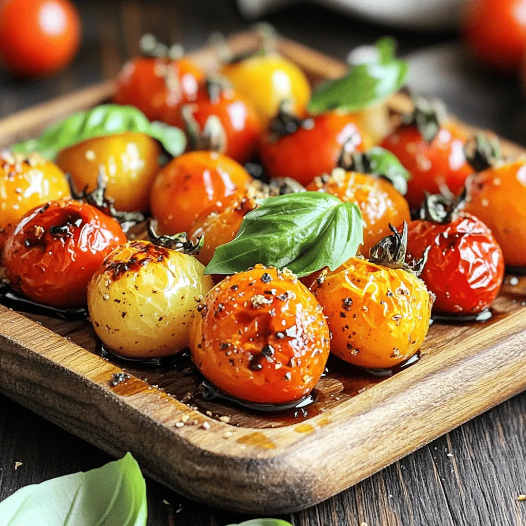 To make oven roasted tomatoes, you need a few key ingredients. Here’s what you will need: - 2 pints cherry tomatoes - 3 tablespoons olive oil - 1 teaspoon dried oregano - 1 teaspoon garlic powder - ¼ teaspoon red pepper flakes - Salt and black pepper to taste These cherry tomatoes bring a sweet burst of flavor. The olive oil helps them roast nicely. The seasonings add depth and warmth. Dried oregano gives a nice herbal taste. Garlic powder enhances the flavor with a savory touch. Red pepper flakes add just a bit of heat. Adjust salt and black pepper to your liking. For the final touch, you can add fresh basil leaves. They give a fresh aroma and color. A drizzle of balsamic glaze also adds sweetness. This is optional but highly recommended for extra flavor. For the full recipe, you can check the complete guide. First, you need to preheat your oven to 400°F (200°C). This temperature helps the tomatoes cook evenly and brings out their natural sweetness. Next, wash your cherry tomatoes thoroughly. Dry them well with a paper towel. This step is key. Wet tomatoes will not roast well. Now, take a large bowl. Add the washed tomatoes. Pour in three tablespoons of olive oil. Then, mix in one teaspoon of dried oregano, one teaspoon of garlic powder, and a quarter teaspoon of red pepper flakes. Sprinkle in salt and black pepper to taste. Toss everything gently until all the tomatoes are coated with the mixture. Line a baking sheet with parchment paper. This makes cleaning easy later. Spread the seasoned tomatoes in one layer on the sheet. Roast them in the oven for 25-30 minutes. You want them soft and slightly caramelized. Keep an eye on them to avoid burning. After roasting, let them cool for a few minutes. Then, transfer the tomatoes to a serving dish. You can garnish with fresh basil leaves. If you like, drizzle some balsamic glaze on top for added flavor. For the full recipe, check the earlier section. To boost flavor, choose fresh herbs. Basil and thyme work great. You can add them when you roast. Dried herbs, like oregano, also add nice taste. Mix them into the olive oil before tossing with tomatoes. This step helps spread the flavor evenly. For even roasting, spread the tomatoes out on your pan. Make sure they sit in a single layer. If they overlap, they may steam instead of roast. This keeps them juicy and helps them caramelize well. Check them halfway through cooking for even heat. Avoid washing tomatoes right before you roast. Dry them well to get the best texture. Also, don’t skip the oil; it helps with browning. Lastly, watch the time. Roasting too long can make them mushy instead of soft and sweet. For a full recipe, check out the details above! {{image_2}} You can use many types of tomatoes for oven roasting. Cherry tomatoes are sweet and easy. Grape tomatoes are another great option. They are small and burst with flavor. If you want something bigger, try plum tomatoes. These have fewer seeds and a meaty texture. You can also slice larger tomatoes for roasting. Just remember to adjust the cooking time. Adding cheese can boost flavor. Feta cheese adds a salty kick. Mozzarella melts well and gives a creamy taste. You can also mix in vegetables. Bell peppers or zucchini roast nicely with the tomatoes. Just chop them into small pieces. They will blend well in taste and texture. Don’t be afraid to get creative with your add-ins! While the classic seasonings work great, try new ones! Italian seasoning adds a nice twist. Smoked paprika gives a unique, smoky flavor. You can also use fresh herbs like thyme or rosemary. Try a bit of lemon zest for a fresh taste. Spice lovers can add more red pepper flakes. Remember, the goal is to enhance the tomatoes' natural sweetness. Explore and find what you love! For the full recipe, check out the detailed instructions. After you enjoy your oven roasted tomatoes, let them cool completely. Place them in an airtight container. They will stay fresh for about 3 to 5 days in the fridge. You can also add a little olive oil on top to keep them moist. If you have more than you can eat, freezing is a great option. First, let the roasted tomatoes cool. Then, spread them out on a baking sheet. Freeze them for about 1 to 2 hours. Once they are firm, transfer them to a freezer bag. They will keep well for up to 6 months. To reheat your roasted tomatoes, use the oven or a skillet. If using the oven, preheat it to 350°F (175°C). Place the tomatoes on a baking sheet and heat for about 10-15 minutes. If you prefer a skillet, heat a little olive oil over medium heat. Add the tomatoes and stir until warm. Enjoy your tasty treat! For the full recipe, check the earlier sections. Roasting tomatoes takes about 25 to 30 minutes at 400°F (200°C). You want them soft and slightly brown. The exact time may change based on your oven. Keep an eye on them to avoid burning. Once you see them caramelizing, they are almost done. Yes, you can use larger tomatoes. However, cut them into smaller pieces to ensure even cooking. Cherry tomatoes roast faster due to their size. Larger tomatoes may need extra time to reach a tender state. Adjust your roasting time as needed. Oven roasted tomatoes are very versatile. You can use them in pasta dishes or salads. They also make a great topping for crusty bread. Try them in sandwiches or as a pizza topping. Their sweet and tangy flavor adds depth to many meals. For more ideas, check out the Full Recipe. Oven roasted tomatoes are simple and tasty. We looked at key ingredients, like herbs, seasonings, and garnishes. I shared clear steps on preparing, roasting, and timing. You learned tips to enhance flavor and avoid mistakes. We explored various tomato types and fun add-ins. Lastly, I covered how to store and reheat your leftovers. Now, you can enjoy delicious roasted tomatoes anytime. They add flavor to many dishes. Try new things and have fun!