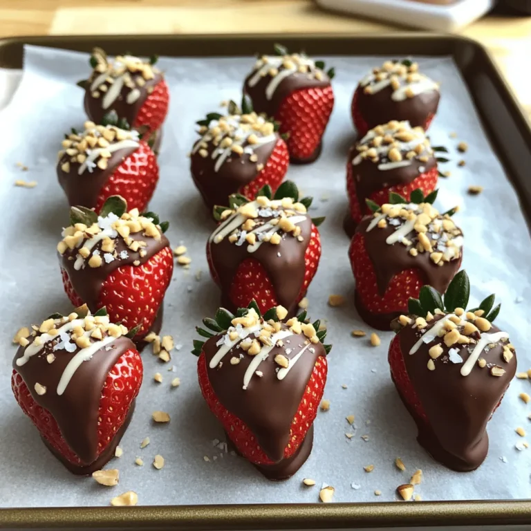 You need one pound of fresh strawberries. Choose berries that are bright and firm. Make sure to wash and dry them well. Water can prevent the chocolate from sticking. Dry them carefully on a paper towel. I love using dark chocolate for a rich taste. Aim for 8 ounces of dark chocolate with at least 60% cocoa. This gives a nice balance of sweet and bitter. You can also add 4 ounces of white chocolate for a sweet drizzle. Chop both chocolates into small pieces for easy melting. Optionally, you can use 1 teaspoon of coconut oil. This makes the chocolate smoother and shinier. To make your strawberries pop, add some garnishes. A pinch of sea salt adds a nice salty kick. Crushed nuts give a delightful crunch. You can sprinkle these while the chocolate is still wet. This way, they stick better. Start with fresh strawberries. Wash them gently under cool water. Pat them dry with a clean paper towel. This step is key! If strawberries are wet, chocolate won’t stick. Set them aside on the towel. Make sure they are dry and ready. Next, we melt the dark chocolate. Chop 8 ounces of dark chocolate into small pieces. Place the chocolate in a microwave-safe bowl. If you want, add one teaspoon of coconut oil for smoothness. Heat the bowl in the microwave. Use 30-second bursts, stirring each time until smooth. The chocolate should be glossy and melted. Now it’s time to dip! Hold each strawberry by the stem. Dip it into the melted dark chocolate. Make sure to coat it well. Let extra chocolate drip back into the bowl. Place the dipped strawberries on a parchment-lined baking sheet. This helps them cool without sticking. For a fun touch, let’s add white chocolate! Chop 4 ounces of white chocolate. Use the same melting method as before. Once it’s smooth, take a fork. Drizzle the white chocolate over the dark chocolate-covered strawberries. This makes them look fancy! If you like, add sea salt or crushed nuts while the chocolate is wet. Finally, refrigerate your strawberries for at least 30 minutes. Enjoy them chilled as a delightful treat! For the full recipe, check the details above. When making chocolate-covered strawberries, quality matters. Use dark chocolate with at least 60% cocoa. This gives a rich flavor that pairs well with sweet strawberries. You can also use milk chocolate if you prefer a sweeter taste. White chocolate adds a nice touch for drizzling. Look for brands that use real cocoa butter. Avoid chocolate chips; they often have added stabilizers that don't melt well. Dip strawberries carefully for the best results. Hold each strawberry by the green stem. Submerge it in melted chocolate, covering most of the berry. Let the extra chocolate drip back into the bowl. This keeps the coating smooth and even. If you want a thicker layer, dip again after it cools slightly. Practice makes perfect, so don’t worry if it’s not perfect at first! To get that perfect snap when you bite into a chocolate-covered strawberry, cooling is key. After dipping, place strawberries on a parchment-lined baking sheet. Make sure they aren’t touching. This allows air to circulate around them as they cool. Chill them in the fridge for at least 30 minutes. This step helps the chocolate harden well. If you rush this part, the chocolate may soften and lose its shine. For the full recipe, check out the detailed steps to make this treat truly special! {{image_2}} You can get creative with chocolate-covered strawberries. Adding fun toppings makes them unique. Sprinkles add color and crunch. Chopped nuts give a nice texture. You can also use crushed cookies for a fun twist. Try adding sea salt for a sweet and salty mix. Mixing chocolate types can elevate your dessert. Use milk chocolate for a sweeter taste. Dark chocolate adds richness. White chocolate is great for a creamy finish. You can layer them, too. Dip in dark chocolate, then drizzle with white chocolate. These combinations make the strawberries a show-stopper. Seasonal fruits pair well with chocolate. For fall, use pumpkin spice or cinnamon. For summer, add a splash of citrus zest. During holidays, decorate with colors that match the theme. Red and green for Christmas, or pastels for Easter. These fun themes make your strawberries festive and special. For more ideas, check the Full Recipe and explore different ways to enjoy this treat! To keep your chocolate covered strawberries fresh, store them in the fridge. Place them in a single layer on a plate or a shallow box. Cover them with plastic wrap. This method helps to keep the chocolate from getting damaged. Avoid stacking them, as that can cause smudges. For best freshness, consume your chocolate covered strawberries within two days. The strawberries start to lose moisture after that. If you want to extend their life, do not wash them until just before eating. Water can cause the chocolate to become soggy. You can freeze chocolate covered strawberries, but it may change their texture. Freeze them on a baking sheet first. Once frozen, transfer them to a freezer bag. They can last for up to three months. When ready to eat, thaw them in the fridge. Avoid thawing at room temperature to prevent moisture build-up. Follow the Full Recipe for the best results! The best chocolate for dipping strawberries is dark chocolate. I recommend chocolate with at least 60% cocoa. This gives a rich taste that pairs well with sweet strawberries. You can also use milk chocolate for a sweeter option. White chocolate adds a nice touch too. Each type brings its own flavor and texture. To get the chocolate to stick, start with dry strawberries. Water can make the chocolate slide right off. After washing, dry them well with paper towels. You can even chill the strawberries in the fridge for 30 minutes. This helps the chocolate set better. Chocolate covered strawberries last about 1 to 2 days in the fridge. Keep them in an airtight container to keep them fresh. After a day, they may start to lose their crispness. The chocolate may also get a bit dull. Enjoy them as soon as possible for the best taste. Yes, you can make chocolate covered strawberries ahead of time. You can prepare them a few hours before serving. For the best flavor and texture, eat them within a day. If you make them too early, the strawberries might get soggy. You can buy pre-made chocolate covered strawberries at many grocery stores. Some bakeries also offer them. If you want something special, look for local gourmet shops. Online delivery services can bring them right to your door. This can save time if you want a quick treat. For a delicious chocolate covered strawberry recipe, check out the Full Recipe! Chocolate-covered strawberries are simple yet delicious treats. Start with fresh strawberries and your choice of chocolate. Follow the steps to prepare, melt, dip, and decorate them. Use my tips to pick the best chocolate and ensure they set well. You can add various flavors or store them correctly for freshness. Remember, you can even freeze them for later. With these ideas, making and enjoying chocolate-covered strawberries becomes a fun task. Dive in and delight your taste buds with this sweet treat!