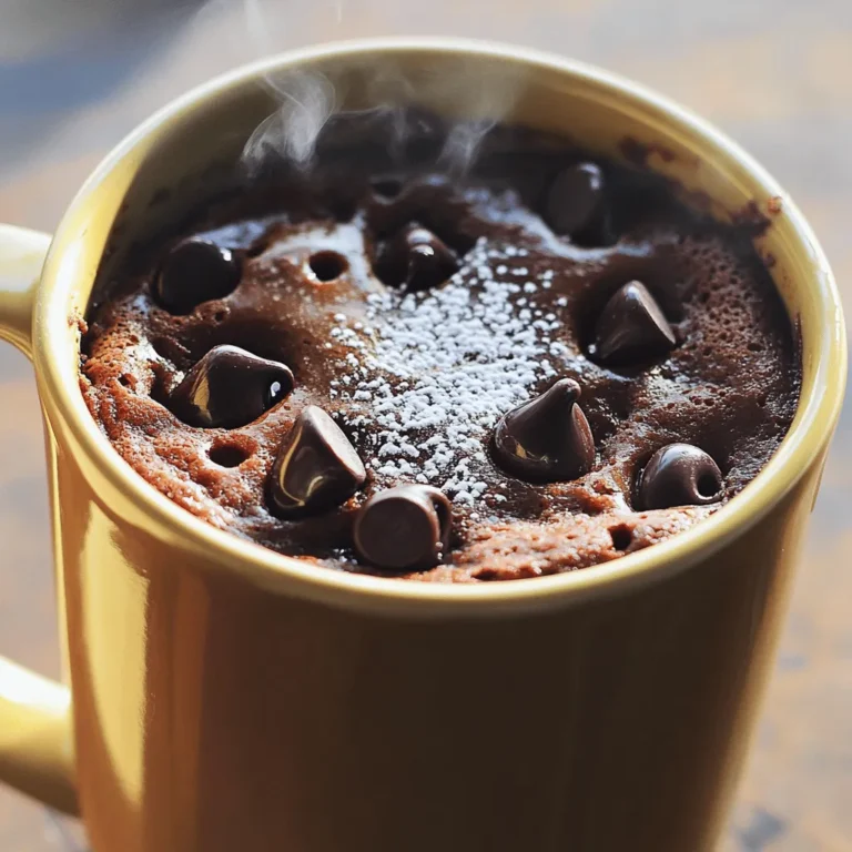 - 4 tablespoons all-purpose flour - 4 tablespoons granulated sugar - 2 tablespoons unsweetened cocoa powder - 1/8 teaspoon baking powder - Pinch of salt - 3 tablespoons milk (or dairy-free alternative) - 2 tablespoons vegetable oil (or melted coconut oil) - 1/4 teaspoon vanilla extract - 2 tablespoons chocolate chips (optional) To make the Easy Chocolate Mug Cake, you need simple ingredients. Each one plays a key role in the cake's taste and texture. Flour gives it structure while sugar adds sweetness. Cocoa powder gives it that rich chocolate flavor we all love. You can swap ingredients for different diets. For a dairy-free cake, choose a plant-based milk. Almond or oat milk works great. To make it gluten-free, use a gluten-free flour blend. If you want less sugar, try alternatives like honey or maple syrup. Just adjust the amounts to match the sweetness you desire. The quality of cocoa powder matters. A good cocoa powder makes your cake taste rich. If you use old ingredients, the cake might not rise well. Fresh baking powder is key for a fluffy texture. Always check the expiration dates on your ingredients. This way, your mug cake will turn out perfect every time. For the full recipe, click [here](#). To start, pick a mug that holds about 12 ounces. This size helps the cake rise without spilling. It is key to use a microwave-safe mug. Using a regular mug can be risky. You want your mug to handle heat well. Mixing is fun! First, add all dry ingredients to your mug. These include flour, sugar, cocoa powder, baking powder, and salt. Use a fork to mix them well. Make sure there are no lumps. Next, add the wet ingredients. These are milk, oil, and vanilla. Stir until everything is smooth but do not over-mix. Over-mixing can lead to a tough cake. Cooking time depends on your microwave's wattage. For most microwaves, cook the cake for about 1 minute and 30 seconds. Start checking at 1 minute. The cake should feel firm but still moist. If it is too wet, cook for a few more seconds. After cooking, let it cool for a minute. This step helps avoid burns and makes it easier to enjoy. To get the best texture, avoid over-mixing the batter. Stir just until combined. Over-mixing makes the cake dense. Use a light hand and mix gently. Common pitfalls include using too much flour or not enough liquid. Measure ingredients accurately. A digital scale can help. For a fluffier mug cake, try these tips: - Use fresh baking powder for best results. - Let the batter rest for a minute before microwaving. You can add fun flavors to your mug cake. Try mixing in a teaspoon of instant espresso for a coffee twist. A dash of cinnamon gives a warm spice note. Custom toppings make your cake special. Consider adding: - Whipped cream for a creamy finish. - Fresh berries for a fruity touch. - A drizzle of chocolate or caramel sauce. To make your mug cake look fancy, serve it with a scoop of ice cream. A sprinkle of powdered sugar adds a nice touch. You can also place it on a small plate for a better visual. Pair your mug cake with: - A cup of coffee for a cozy treat. - A glass of milk for a classic combo. - Fresh fruit to balance the sweetness. Try the Full Recipe for a quick and easy dessert. {{image_2}} You can change up the chocolate mug cake in fun ways. Here are two great ideas: - Peanut butter chocolate mug cake: Add two tablespoons of peanut butter when mixing the wet ingredients. This makes a rich, creamy cake with a nutty taste. The peanut butter melts and gives a lovely texture. - Mint chocolate mug cake: Stir in a few drops of mint extract. This gives your cake a fresh flavor. You can also add chocolate chips for a minty chocolate treat. If you want to make this dessert fit your diet, here are some ideas: - Vegan versions of the mug cake: Use plant-based milk like almond or oat milk. Swap the vegetable oil for melted coconut oil. This keeps the cake moist and tasty without any dairy. - Low-carb alternatives: You can use almond flour instead of all-purpose flour. Also, try a low-carb sweetener like erythritol. This way, you can enjoy your cake without the extra carbs. You can also make themed mug cakes for special times. Here are two fun ideas: - Holiday-inspired variations: For Christmas, add cinnamon and nutmeg to the mix. Top with whipped cream and sprinkle cinnamon on top. This gives a festive taste and look. - Seasonal ingredients to use: In fall, try adding pumpkin puree and spices like ginger and cloves. This makes a cozy cake perfect for chilly days. You can even mix in some chocolate chips for extra sweetness. To store leftover mug cake, let it cool completely. Then, cover it tightly with plastic wrap or place it in an airtight container. This keeps it fresh and moist. You can refrigerate the mug cake for up to three days. Avoid freezing it, as the texture may change when thawed. To reheat the mug cake, place it in the microwave for about 10 to 15 seconds. Check the cake to see if it’s warm enough. If not, heat it in short bursts. Be careful not to overheat, as this can make the cake dry. To keep the texture nice and soft, add a splash of milk before reheating. You can mix the dry ingredients ahead of time. Just store them in a sealed bag or jar. When you want to bake, add the wet ingredients and cook it in the microwave. This saves time on busy days. It’s a quick way to enjoy your dessert without much hassle. A mug cake usually takes about 1 minute and 30 seconds in the microwave. However, cooking time can change. The time depends on your microwave's power. If your microwave is stronger, you might need less time. Start with 1 minute, then check if it’s done. The cake should be firm but still moist. Yes, you can make more than one mug cake at a time. Just remember to space them out in the microwave. If they are too close, they may not cook evenly. Check each mug cake after 1 minute. Adjust the time as needed. Each one should cook well, but you may need to add a few extra seconds. If your mug cake overflows, don’t worry! This can happen if the mug is too small or if you mixed too much batter. To fix this, use a larger mug next time. You can also fill the mug only halfway. If it does overflow, clean the microwave right away. This keeps it from hardening and makes cleanup easier. Making a mug cake is simple and fun. You learned how to choose ingredients, mix them properly, and cook your cake. Remember, the right ingredients make a big difference. Substitutions can cater to dietary needs, too. Don’t forget the tips for perfect texture and flavor. You can even create fun variations based on your mood or theme. Lastly, proper storage and reheating will keep your mug cake tasty. Enjoy your baking adventures, and don’t hesitate to get creative!