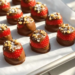 You need 1 pound of fresh strawberries. Pick ones that are ripe, bright, and firm. Wash them gently under cold water. After washing, dry them well with a clean towel. Moisture can stop the chocolate from sticking. Keep the green tops on for easy dipping. For the chocolate, I suggest using 1 cup of dark chocolate chips. Dark chocolate gives a rich taste. If you like sweeter treats, you can use milk chocolate chips instead. You can also add 1 tablespoon of coconut oil. This will make the chocolate smooth and shiny. To make your bites unique, consider adding toppings. Use 1/2 cup of crushed nuts, like almonds or hazelnuts. These add crunch and flavor. You can also use 1/4 cup of shredded coconut. Choose sweetened or unsweetened as you prefer. A sprinkle of sea salt on top can enhance the taste. For the full recipe, refer to the section above. Enjoy making your chocolate-covered strawberry bites! Start by washing your strawberries gently. Dry them well; any water can stop the chocolate from sticking. Keep the green tops on for easy dipping. This helps you avoid getting chocolate on your fingers. Arrange the strawberries on a plate to get ready for dipping. Next, grab a microwave-safe bowl. Add your chocolate chips and coconut oil if you want smoother chocolate. Heat the bowl in the microwave for 30 seconds. Stir the chocolate and heat again if needed. Repeat this until the chocolate is fully melted. This should take about 1 to 2 minutes total. Make sure it's nice and smooth. Now comes the fun part! Hold a strawberry by its green top and dip it into the melted chocolate. Swirl it gently to coat it well. Let any extra chocolate drip off. While the chocolate is still wet, add your toppings. You can sprinkle crushed nuts or shredded coconut on top. Place the dipped strawberries on a parchment-lined baking sheet. Once you finish all the strawberries, put the tray in the fridge. Chill them for 20 to 30 minutes until the chocolate is set. If you like, sprinkle a little sea salt on top for extra flavor. Enjoy your delicious chocolate covered strawberry bites! For the full recipe, check out the details above. To get a great chocolate coating, start with dry strawberries. Any water can ruin the chocolate. Hold each strawberry by the green top. Dip it into the melted chocolate, swirling gently. This helps cover the whole strawberry evenly. If you want a thicker coat, dip it twice. Let the excess chocolate drip back into the bowl. A quick chill in the fridge helps set the chocolate faster. Store your chocolate-covered strawberry bites in an airtight container. This keeps them fresh and prevents them from getting mushy. Place a piece of parchment paper between layers if you stack them. This will stop them from sticking to each other. They stay fresh for up to two days in the fridge. Enjoy them cold for the best taste and texture. To make your chocolate smooth, add a tablespoon of coconut oil when melting. This helps the chocolate glide on the strawberries. Heat the chocolate in short bursts, stirring often. This keeps it from burning. If the chocolate thickens, heat it again briefly. Stir well to keep it smooth. You want it to be shiny and easy to dip. {{image_2}} You can make vegan chocolate covered strawberry bites easily. Just use dairy-free chocolate chips. Look for brands that do not contain milk. These chips melt just like regular chocolate. The rest of the process stays the same. You still dip the strawberries and add toppings if you like. This recipe is gluten-free by nature. The main ingredients are strawberries and chocolate. Make sure to check the chocolate label. Some brands add ingredients with gluten. As long as you use pure chocolate chips, you are good to go. Enjoy your bites without worry! You can switch up the chocolate flavor too! Try using milk chocolate, dark chocolate, or white chocolate. Each type gives a different taste. You can also mix chocolates for a fun twist. Just melt them together and dip as usual. This way, you can create your favorite flavor combo. To keep your chocolate-covered strawberry bites fresh, use an airtight container. Place a layer of parchment paper between layers of strawberries. This way, they won’t stick together. Store the container in the fridge to maintain their taste and texture. Avoid leaving the strawberries at room temperature for too long. This can make the chocolate soft and the strawberries spoil quickly. These delightful bites last about two days in the fridge. After that, they may start to lose their freshness. The strawberries can become mushy, and the chocolate may lose its snap. For the best taste, enjoy them within the first 48 hours. Reheating chocolate-covered strawberries is not recommended. The chocolate may melt and lose its shine. If you want to enjoy them warm, let them sit at room temperature for about 10 minutes before serving. This will soften the chocolate slightly without ruining the treat. For more details, check the Full Recipe. Yes, you can use white chocolate for this treat. White chocolate adds a sweet, creamy flavor. It pairs well with the tartness of strawberries. Just melt it like regular chocolate. The process remains the same. Use the same amount as dark or milk chocolate. Your chocolate-covered strawberry bites will look beautiful with white chocolate. To prevent chocolate from seizing, avoid water contact. Water makes chocolate clump and lose its smoothness. Use a dry bowl and utensils. If melting chocolate in a microwave, heat it slowly. Stir every 30 seconds until it's fully melted. Adding a little coconut oil can also help keep it smooth. Chocolate-covered strawberries can be a healthy treat. Strawberries add vitamins and fiber, which are good for you. Dark chocolate has antioxidants that may benefit your heart. Just remember to enjoy them in moderation. Too much chocolate can add extra sugar and calories. Overall, they make a fun, sweet snack! You learned how to make chocolate-covered strawberries today. We covered fresh strawberries, chocolate options, and toppings. I shared easy steps for preparing and dipping. I also provided tips to ensure perfect coating and ways to store them. Plus, we discussed variations like vegan and gluten-free options. Enjoy having fun with this recipe. Chocolate-covered strawberries are delicious and perfect for any treat!