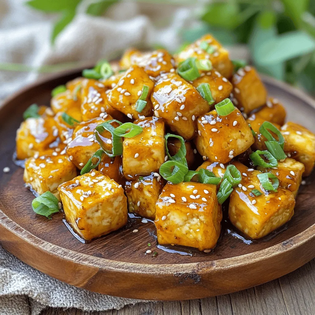 - 1 block (14 oz) firm tofu, pressed and cubed - 3 tablespoons cornstarch - 2 tablespoons vegetable oil - 4 cloves garlic, minced - 1/4 cup honey - 2 tablespoons soy sauce - 1 teaspoon ginger, grated - 1 tablespoon rice vinegar - 1/2 teaspoon sesame oil - 2 green onions, chopped (for garnish) - Sesame seeds (for garnish) To make crispy honey garlic tofu, you need simple ingredients. First, firm tofu is key. It holds its shape well and gives a nice texture. Press the tofu before you start. This removes extra moisture. Moist tofu won't be crispy. Next, we use cornstarch. This helps the tofu get that perfect crunch. The vegetable oil is for frying. A good oil helps brown the tofu evenly. For flavor, garlic and honey shine in this dish. They create a sweet and savory sauce. Soy sauce adds depth and a bit of saltiness. Lastly, garnishes like ginger, rice vinegar, and sesame oil bring extra flavor. Green onions and sesame seeds give a nice touch. These small extras make your dish look and taste amazing. You can find the full recipe in the article. - Pressing the tofu: Start with a block of firm tofu. Wrap it in a clean towel. Place something heavy on top. Let it sit for at least 30 minutes. This removes extra water. Drier tofu gets crispier. - Cutting into cubes: After pressing, take the tofu out. Cut it into bite-sized cubes. Make sure they are even. This helps them cook well. - Coating with cornstarch: Grab a mixing bowl. Add the cubed tofu and 3 tablespoons of cornstarch. Toss gently until each piece is coated. This adds a nice crunch. - Frying in the skillet: Heat 2 tablespoons of vegetable oil in a large skillet over medium-high heat. Add the tofu cubes in a single layer. Cook for about 3-4 minutes on each side. They should be golden and crispy. Remove them and set aside. - Sautéing garlic and ginger: In the same skillet, lower the heat to medium. Add 4 cloves of minced garlic and 1 teaspoon of grated ginger. Sauté for 1-2 minutes. You want it fragrant, not burnt. - Combining sauce ingredients: Stir in 1/4 cup of honey, 2 tablespoons of soy sauce, 1 tablespoon of rice vinegar, and 1/2 teaspoon of sesame oil. Let this simmer for 2-3 minutes. It should thicken slightly. - Tossing tofu in sauce: Add the crispy tofu back into the skillet. Gently toss it in the honey garlic sauce. Ensure every piece is coated. - Final cooking instructions: Cook for another 2 minutes. This allows the tofu to soak up the flavors. Your crispy honey garlic tofu is almost ready to serve. For the full recipe, check the previous section. Pressing tofu is key. It removes water so the tofu can get crispy. Wrap the tofu in a clean towel and place something heavy on top. Let it sit for at least 30 minutes. This helps make it firm and ready to fry. Next, heat your skillet to medium-high. A hot skillet helps brown the tofu quickly. If the skillet is too cool, the tofu will steam instead of fry. You want that golden, crispy crust! If you need an alternative to honey, try maple syrup or agave nectar. Both add sweetness without changing the dish too much. For a low-carb option, use a sugar substitute like erythritol or monk fruit. For gluten-free needs, swap soy sauce with tamari. It has a similar taste and works well in the sauce. Pair your crispy honey garlic tofu with steamed rice or quinoa. These sides soak up the tasty sauce. You can add veggies like broccoli or snap peas for color and crunch. For a fun twist, serve it in lettuce wraps! Add some shredded carrots and cucumber for a nice crunch. This makes a great appetizer or light meal. {{image_2}} To add heat to your crispy honey garlic tofu, you can use chili sauce. Sriracha works great. Just mix it into the sauce when you combine the ingredients. Start with one teaspoon. Taste it, then add more if you want it spicier. You can also add red pepper flakes for an extra kick. This gives your dish a nice balance of sweet and spicy flavors. Adding vegetables to your crispy honey garlic tofu makes it more colorful and nutritious. You can stir in bell peppers or snap peas for a fresh crunch. Broccoli or carrots also work well. Just chop them into small pieces and add them in the skillet when you cook the tofu. They will cook quickly and soak up the sauce flavors. For vegan alternatives, use maple syrup instead of honey. This keeps the sweetness while keeping it plant-based. If you need a low-carb option, skip the rice vinegar and use a splash of lime juice instead. You can also replace cornstarch with almond flour for a low-carb coating. These swaps help you enjoy this dish while meeting your dietary needs. For the full recipe, check out the Crispy Honey Garlic Tofu section. After enjoying your crispy honey garlic tofu, store leftovers properly. Place the tofu in an airtight container. This keeps it fresh and tasty for up to three days. Make sure to wait until it cools down before sealing it. If you have leftover sauce, store it separately to keep the tofu crispy. To reheat the tofu, avoid using the microwave. This method makes the tofu soggy. Instead, use a skillet. Heat a small amount of oil over medium heat. Add the tofu and cook for about 3-5 minutes until it’s hot and crispy again. You can also use an oven. Preheat it to 350°F (175°C) and bake for 10-15 minutes until warm and crispy. Can you freeze crispy tofu? Yes, you can, but it will change the texture. The tofu may become softer after thawing. To freeze, place the cooled tofu in a freezer-safe bag. Remove as much air as possible before sealing. For thawing, leave the tofu in the fridge overnight. After it’s thawed, reheat it as mentioned above. If you want to enjoy the crispy texture, consider refrying it in a skillet after thawing. Crispy honey garlic tofu can last up to four days in the fridge. Store it in an airtight container. The tofu may lose some crispness over time. Reheat it in a skillet to regain some crunch. I recommend using firm tofu for this recipe. Soft tofu won’t hold its shape when cooked. Firm tofu gives you that perfect crispy texture. You can use maple syrup or agave nectar as a substitute for honey. Both will give you a nice sweetness. They work well in the sauce and keep the flavor balanced. Yes, you can bake crispy honey garlic tofu. Toss the coated tofu cubes in a bit of oil. Spread them on a baking sheet. Bake at 400°F for about 25-30 minutes, flipping halfway through. To thicken the sauce, mix a bit of cornstarch with water. Add this mixture to the sauce while it simmers. Cook for 1-2 minutes until it thickens. This will give you a nice glaze for the tofu. This blog post covered how to make crispy honey garlic tofu. You learned about key ingredients like firm tofu, soy sauce, and garlic. We discussed step-by-step instructions, tips for achieving perfect texture, and tasty variations. To sum up, tofu is not only nutritious but also flexible. You can adjust it to fit your diet. Enjoy making this dish, and don’t hesitate to let your creativity shine in the kitchen!