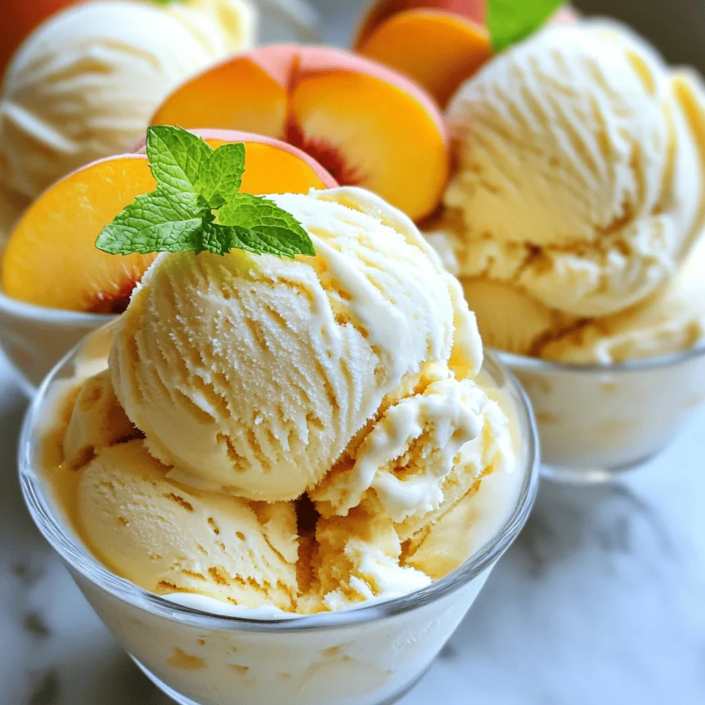 For this classic peach ice cream, you need ripe peaches. Aim for about four medium-sized peaches. Make sure they are sweet and juicy. You will peel and dice them. This will help bring out their bright flavor. Next, gather the dairy components. You will need: - 1 cup heavy cream - 1 cup whole milk These ingredients create a rich and creamy base. The heavy cream adds a smooth texture. The whole milk keeps it light and fluffy. Now, let’s add some flavor. You will need: - 3/4 cup granulated sugar - 1 teaspoon vanilla extract - 1 tablespoon lemon juice - A pinch of salt These ingredients balance the sweetness with a hint of tartness. The lemon juice brightens the peach flavor. For a warm note, you can also add: - Optional: 1/4 teaspoon fresh ground cinnamon This spice adds a lovely depth to the ice cream. For the full recipe, check out the details. Start with ripe peaches for the best taste. Ripe peaches should feel soft when you squeeze them. First, peel the peaches and dice them into small pieces. Place the diced peaches in a medium saucepan. Add 1 tablespoon of lemon juice and 1/4 cup of sugar. This helps the peaches release their juices. Let this sit for about 15 minutes. After that, heat the peach mixture over medium heat. Stir it gently for 5-7 minutes until the peaches soften. Once done, remove it from the heat and let it cool completely. While the peaches cool, gather your cream base. In a mixing bowl, add 1 cup of heavy cream, 1 cup of whole milk, and the remaining 1/2 cup of sugar. Whisk them together until the sugar dissolves. Add 1 teaspoon of vanilla extract and a pinch of salt. If you like, you can add 1/4 teaspoon of fresh ground cinnamon. This adds a warm flavor to the ice cream. Mix these ingredients well until combined. Once the peach mixture is cool, blend it until smooth. You can leave it slightly chunky if you prefer more texture. Now, combine the peach puree with the cream mixture. Stir everything together until well mixed. Pour this mixture into your ice cream maker. Follow the manufacturer's instructions for churning, usually about 20-25 minutes. The mixture should thicken during this time. After churning, transfer the ice cream to an airtight container. Freeze for at least 4 hours to let it set completely. Enjoy your peach ice cream delight! You can find the Full Recipe for more details. Choose ripe, fragrant peaches for the best ice cream. Look for peaches that are soft but not mushy. The skin should be a vibrant color, showing they are full of flavor. If they smell sweet, that’s a good sign! Churning the ice cream properly is key. Make sure your ice cream maker is cold before you start. This helps the ice cream thicken quickly. Churn the mixture for about 20 to 25 minutes. You want a thick, creamy texture. If it seems too soft, give it more time. Don’t skip the maceration step! Letting the peaches sit with sugar draws out their juice. This adds flavor and sweetness. Avoid over-churning the mixture. If you churn too long, the ice cream can become icy. Lastly, be sure to freeze the ice cream for at least 4 hours. This helps it set properly. For the full recipe, see above. {{image_2}} You can easily switch up the flavor by adding other fruits. Berries, like strawberries or blueberries, blend well with peaches. Try mixing in diced mango for a tropical twist. Ripe bananas can add a creamy texture. Just remember to keep the peach base for that classic taste. Adding fruits also gives your ice cream a colorful look. Spices can enhance the flavor of your ice cream. A sprinkle of cinnamon brings warmth and depth. Nutmeg adds a cozy taste, especially in fall. You might even try a hint of ginger for a spicy kick. Start with just a little to avoid overpowering the peaches. This small change can make a big difference. If you prefer a non-dairy ice cream, there are great substitutes. Use coconut milk or almond milk in place of cream and milk. These options offer a rich texture and unique flavor. Look for a dairy-free heavy cream for an even creamier result. Make sure to check labels for added sugars, which can change the taste. Non-dairy ice cream can be just as delicious as the classic version! You can find the full recipe on how to create this delightful peach ice cream. To keep your peach ice cream fresh, store it in an airtight container. This helps prevent ice crystals from forming. Make sure to press plastic wrap directly onto the surface of the ice cream before sealing the lid. This extra step keeps the air out and helps maintain that creamy texture. Ice cream doesn’t need reheating, but it can soften for easier scooping. Leave it out at room temperature for about 10 minutes before serving. If it’s too hard, just scoop a little and let it sit. This helps it reach the right consistency for serving. Homemade peach ice cream lasts about two weeks in the freezer. After that, it may lose its fresh taste and creamy texture. For the best flavor, eat it within the first week. Remember, the sooner you enjoy it, the better! If you want to make your own peach ice cream, check out the Full Recipe. You can make peach ice cream without an ice cream maker using a simple no-churn method. First, prepare the peach mixture as usual. Then, whisk together the cream, milk, and sugar until smooth. Fold in the peach puree. Pour this mix into a freezer-safe container. Every 30 minutes, take it out and stir it well. Repeat this for about 2-3 hours until it is firm and creamy. This method helps break up ice crystals and keeps your ice cream smooth. If you need a substitute for heavy cream, you can use coconut cream or Greek yogurt. Coconut cream adds a rich, creamy texture and a hint of coconut flavor. Use an equal amount in the recipe. Greek yogurt provides a tangy taste and is lower in fat. You can mix it with whole milk for a closer match to heavy cream. Use 1 cup of Greek yogurt with 1/4 cup of whole milk to get a creamy consistency. Homemade peach ice cream can last in the freezer for about 2-3 weeks. Store it in an airtight container to keep it fresh. After this time, it may start to lose its creamy texture and flavor. If you notice ice crystals forming, it’s a sign that it’s time to enjoy it. To keep the best taste, try to finish it sooner. Enjoy this delightful treat while it’s fresh! You learned how to make delicious homemade peach ice cream today. We covered fresh peaches, creamy bases, and ways to enhance flavor. I shared step-by-step steps for mixing, churning, and freezing your treat. Remember to pick the best peaches and avoid common mistakes. You can tweak the recipe by adding other fruits or spices. Store your ice cream well to enjoy it later. With these tips, you are set to impress your friends and family with your homemade peach ice cream. Enjoy every scoop!