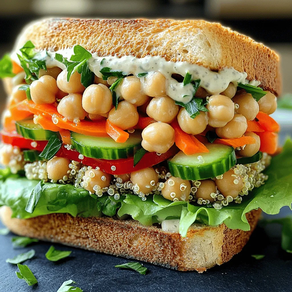 - 1 cup cooked quinoa - 1/2 cup chickpeas, rinsed and drained - 1/4 cup finely chopped cucumber - 1/4 cup finely chopped red bell pepper - 1/4 cup shredded carrots - 1/4 cup chopped fresh parsley The main ingredients form the heart of this sandwich. Quinoa gives a nice nutty flavor and a boost of protein. Chickpeas add creaminess and texture. Fresh veggies like cucumber and bell pepper provide crunch and color. Carrots sweeten the mix, while parsley adds a fresh touch. - 1/4 cup tahini - 2 tablespoons lemon juice - 1 tablespoon olive oil - Salt and pepper to taste The dressing ties everything together. Tahini brings a rich, nutty taste. Lemon juice adds brightness. Olive oil contributes a smooth texture. Don’t forget to season with salt and pepper to enhance the flavors. - 4 slices of whole grain bread - Lettuce leaves for layering Whole grain bread adds heartiness. It holds the filling well and adds fiber. Fresh lettuce leaves create a crisp layer that complements the hearty filling. You can use any bread you prefer, but whole grain works best for this sandwich. For the full recipe, check out the detailed instructions. Each ingredient plays a role in making this Viral Grinder Salad Sandwich a tasty delight. Enjoy creating it at home! In a large bowl, I start by combining the cooked quinoa, chickpeas, cucumber, red bell pepper, shredded carrots, and parsley. I mix these ingredients with a gentle hand to keep the quinoa fluffy. This salad mixture adds crunch and color, making it visually appealing. Each bite bursts with flavor and nutrition, perfect for a healthy meal. Next, I whisk together tahini, lemon juice, olive oil, salt, and pepper in a separate bowl. This creamy dressing binds the salad together. It adds a rich, nutty flavor that elevates the dish. I like to taste it and adjust the salt and pepper to my liking. A splash of lemon juice brightens the flavors, making it even more refreshing. I toast the slices of whole grain bread until they are golden brown. This step adds a nice crunch. Then, I layer a generous serving of the salad mixture onto two slices of the toasted bread. I place a fresh lettuce leaf on top of the salad to add some crispness. Finally, I cap it with the remaining slices of toasted bread to form the sandwiches. I cut the sandwiches in half diagonally and serve them right away or wrap them for lunch. Enjoy your delicious Viral Grinder Salad Sandwich! You can find the Full Recipe for more details. To boost the flavor, try adding spices. A pinch of cumin or paprika can add warmth. You can also mix in some diced jalapeños for heat. Fresh herbs like dill or mint can give a bright taste. If you love crunch, toss in some sunflower seeds or nuts. Adjust the salt and pepper to your liking. Taste as you mix to find the perfect balance. For a creamy twist, add more tahini. This simple step takes the sandwich to the next level. To toast bread without burning, use medium heat. Watch the bread closely as it cooks. Flip it halfway to ensure even browning. You can also use a toaster for quick results. Spread a thin layer of olive oil for added flavor. If you prefer a softer toast, skip the oil. Let the bread cool slightly before adding the salad mix. This helps the sandwich hold its shape and keeps the bread from getting soggy. You can prepare parts of the sandwich in advance. Cook the quinoa the day before and store it in the fridge. Chop the veggies ahead of time for quick assembly. Keep the dressing in a separate container to stay fresh. When you’re ready to eat, just mix everything together. This saves time and makes lunch easy. You can also assemble the sandwiches in the morning. Wrap them tightly to keep them fresh until lunch. Enjoy your tasty meal without the rush! {{image_2}} You can switch up the grains in this sandwich. Instead of quinoa, try brown rice or farro. Both add a nice texture. For greens, swap lettuce for arugula or spinach. These greens bring a fresh taste. You can also use different veggies. Try diced tomatoes or shredded cabbage. Each option gives a new twist to the flavor. To make a vegan version, skip the tahini if you want. Use avocado instead for creaminess. For gluten-free bread, choose a certified gluten-free option. Many brands offer great taste and texture. You can also use lettuce wraps instead of bread. This keeps your sandwich light and fresh. Pair your sandwich with a side salad or veggie sticks. Carrot and celery sticks add nice crunch. A bowl of hummus as a dip works well too. You can also serve it with sweet potato fries. These sides make a satisfying meal. Enjoy your delicious sandwich with friends or family. To keep your Viral Grinder Salad Sandwich fresh, store the parts separately. First, place the salad mix in an airtight container. This helps it stay crisp and tasty. Next, keep the dressing in a small jar or bowl with a tight lid. Do not mix the salad and dressing until you are ready to eat. For the bread, wrap it in plastic wrap or foil. This keeps it soft and prevents it from drying out. The prepared salad mix can last in the fridge for three to five days. To maintain flavor, use it within this time. The dressing will stay good for about a week. The bread can last several days if stored correctly. Check for mold or staleness before using. Freshness is key for a delicious sandwich. You can freeze some sandwich components, but not all. The salad mix can freeze well if you plan to use it later. Just make sure to store it in a freezer-safe container. When ready to eat, thaw it in the fridge overnight. The dressing is not great for freezing, as it may separate. I recommend making it fresh each time. You can also freeze the bread, but it may lose some texture. Toast it after thawing for the best results. The Viral Grinder Salad Sandwich gained fame online. Social media users share its bright colors and fresh taste. The sandwich appeals to many because it is easy to make and healthy. People love to post their own twists on this dish. Its fun name and colorful look make it a hit on platforms like Instagram and TikTok. Yes, you can skip quinoa if you want. Try using brown rice or farro for a different feel. You can also use lentils for a protein boost. These swaps keep the sandwich tasty while changing the texture. Each option adds a unique flavor, so choose what you like best. Many cafes and health food spots serve the Viral Grinder Salad Sandwich. Look for places that focus on fresh, healthy meals. Some popular chains may offer their own versions too. Check local menus or ask for it at your favorite sandwich shop. You might just find a new favorite! In this blog post, we explored the Viral Grinder Salad Sandwich, from its fresh ingredients to preparation steps. You learned how to mix quinoa, chickpeas, and veggies for a tasty filling. We also covered making a simple tahini dressing and toasting bread perfectly. Remember, you can customize this sandwich to fit your taste. Whether you make it vegan or add sides, it’s a versatile meal. Enjoy experimenting with flavors while eating healthy. This sandwich is not just good—it’s good for you!
