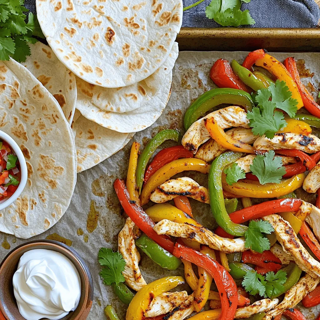 To make oven-baked chicken fajitas, you need fresh and flavorful ingredients. Here’s what you’ll gather: - 3 boneless, skinless chicken breasts, sliced into strips - 1 red bell pepper, thinly sliced - 1 green bell pepper, thinly sliced - 1 yellow onion, thinly sliced - 3 tablespoons olive oil - 2 teaspoons chili powder - 1 teaspoon cumin - 1 teaspoon paprika - 1 teaspoon garlic powder - ½ teaspoon salt - ¼ teaspoon black pepper - ¼ teaspoon cayenne pepper (optional for extra heat) - 8 small flour tortillas - Fresh cilantro, chopped, for garnish - Sour cream and salsa, for serving Each ingredient adds a layer of taste. The chicken gives protein, while the peppers and onion bring sweetness and crunch. The spices create a warm, inviting flavor. For the full recipe, check out the complete guide. Having these ingredients ready makes cooking easier and more fun! - Preheat your oven to 400°F (200°C). - In a large mixing bowl, combine sliced chicken, bell peppers, and onion. - Drizzle olive oil over chicken and veggies. I love starting with fresh ingredients. The colors of the bell peppers make this dish fun. When you slice the chicken, make sure to cut it into strips. This helps it cook evenly. The olive oil adds flavor and helps the spices stick. - Prepare spice mix in a small bowl. - Toss the spice mix with the chicken and vegetables. I find that mixing spices in a small bowl makes it easier. The chili powder, cumin, and paprika bring depth to the fajitas. Toss everything well. You want each piece of chicken and vegetable coated in spices. - Spread the mixture on a lined baking sheet. - Bake for 25-30 minutes until cooked through. Once everything is mixed, spread it out on a baking sheet. This allows for even cooking and crisp edges. When baking, the smell fills the kitchen. It’s a great sign that dinner is coming together. - Warm tortillas in a skillet or oven. - Serve family-style after baking. I suggest warming the tortillas right before the fajitas are done. This makes them soft and ready to hold all the tasty filling. When serving, place everything on the table. Let everyone build their own fajitas for a fun meal! For the full recipe, check out the details above. To enjoy great chicken fajitas, avoid overcooking your chicken. Overcooked chicken can become dry and tough. The perfect internal temperature for chicken is 165°F (75°C). Use a meat thermometer to check the temperature. This ensures juicy, tender chicken in every bite. Want to spice things up? Try adding more spices like oregano or cayenne for heat. You can also marinate the chicken in lime juice or vinegar for extra zest. Adding more veggies will boost flavor and nutrition. Consider diced zucchini, corn, or black beans. These will add color and texture to your dish. Pair your fajitas with sides like rice, beans, or a fresh salad. These sides balance the meal and add variety. You can customize your fajita toppings too. Consider guacamole, jalapeños, or cheese. This allows everyone to enjoy their fajitas just the way they like. For the full recipe, check the earlier section. {{image_2}} You can easily change the main protein in this dish. If you want beef, use flank steak. Thinly slice it and season well. Shrimp is also a great choice. Just cook it for less time. For a vegetarian twist, try tofu or mushrooms. Tofu absorbs flavors well. Use firm tofu and marinate it. Sauté mushrooms until golden for a rich taste. Spice blends can transform your fajitas. For a Mexican flair, use cumin, chili powder, and paprika. These spices bring warmth and depth. Want something different? Try an Asian-inspired mix. Use soy sauce, ginger, and garlic for a unique flavor. Toss in some sesame oil for added richness. Tortillas are key to fajitas. If you need gluten-free, use corn tortillas. They hold up well and taste great. For a low-carb option, lettuce wraps work wonders. They add crunch and freshness. Just scoop the filling into the leaves and enjoy! For more details, check out the Full Recipe for Oven-Baked Chicken Fajitas . To keep your baked fajitas fresh, place them in an airtight container. Make sure the container is sealed tight. You can store them in the fridge for up to three days. If you want to enjoy them later, freezing is a great option. To reheat your fajitas, start by using an oven or a skillet. If you choose the oven, preheat it to 350°F (175°C). Spread the fajitas on a baking sheet and heat for about 10-15 minutes. If using a skillet, warm them over medium heat for about five minutes. To keep the chicken moist, add a splash of broth or water while reheating. To freeze your fajitas, let them cool completely first. Then, wrap them tightly in plastic wrap. Place the wrapped fajitas in a freezer-safe bag for extra protection. When you're ready to eat, defrost them in the fridge overnight. You can cook them straight from frozen, just add extra time when reheating. This way, you always have a healthy meal ready! Yes, you can use frozen chicken. Thaw it safely in the fridge overnight. If you’re in a hurry, place it in a sealed bag and submerge it in cold water for an hour. Cook the chicken right after thawing to keep it safe. The chicken is fully cooked when it reaches 165°F (75°C) inside. Use a meat thermometer to check the thickest part of the chicken. This ensures it is safe to eat and juicy. You can serve many sides with these fajitas. Here are some great options: - Spanish rice - Refried beans - Guacamole - Corn on the cob - Mixed green salad These sides add more flavor and texture to your meal. If you want to add heat, try these tips: - Add more cayenne pepper to the spice mix. - Include fresh jalapeños, sliced thin. - Use spicy salsa or hot sauce when serving. These ideas will give your fajitas a nice kick! For the full recipe, check out the main article. In this post, we explored a simple and tasty recipe for oven-baked chicken fajitas. We covered the key ingredients, step-by-step instructions, and helpful tips to ensure great results. Remember to avoid overcooking the chicken and feel free to customize your fajitas. You can swap proteins, try new flavors, or even use gluten-free tortillas. Enjoy making these delicious meals and share them with others for a fun dinner. Happy cooking!