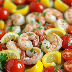For this Sheet Pan Lemon Garlic Shrimp, you will need some simple yet flavorful ingredients. Each one plays a key role in making this dish shine. - Shrimp - Use 1 lb of large shrimp, peeled and deveined. Fresh shrimp works best, but frozen is fine too. Just make sure to thaw them before cooking. - Garlic - You need 4 cloves of garlic, minced. Garlic adds a strong flavor that pairs perfectly with shrimp. - Lemon - Use 1 lemon for both zest and juice. The zest brings brightness, while the juice adds a fresh tang. - Spices and Seasonings - Add 1 teaspoon each of smoked paprika and dried oregano. These spices give depth and warmth to the dish. Don’t forget to season with salt and pepper to taste. - Vegetables - You will need 1 cup of cherry tomatoes, halved, and 1 bell pepper, sliced (red or yellow). These veggies add color and sweetness. - Garnish - Fresh parsley, chopped, makes for a beautiful finish. It adds a pop of green and a hint of freshness. With these ingredients, you can create a dish that is not only easy but also bursting with flavor. For the complete recipe, check out the Full Recipe. - Preheat Oven Start by preheating your oven to 400°F (200°C). This step ensures the shrimp and veggies cook evenly. - Preparing the Marinade In a large bowl, mix together 4 cloves of minced garlic, the zest and juice of 1 lemon, 1 teaspoon of smoked paprika, 1 teaspoon of dried oregano, and 2 tablespoons of olive oil. Add salt and pepper to taste. Stir well until combined. - Timing for Flavor Absorption Add 1 pound of peeled and deveined shrimp to the marinade. Gently toss to coat all the shrimp. Let them sit for about 15 minutes. This time allows the shrimp to soak up all the tasty flavors from the marinade. - Arranging the Vegetables While the shrimp marinates, prepare your sheet pan. Line it with parchment paper for easy cleanup. On one side of the pan, arrange 1 cup of halved cherry tomatoes and 1 sliced bell pepper. Drizzle a bit of olive oil on top, add salt and pepper, and toss to coat the veggies evenly. - Spreading the Shrimp After marinating, spread the shrimp on the other side of the sheet pan. Make sure they are well spaced out. This helps them cook evenly and get that nice golden color. - Baking Time and Temperature Place the sheet pan in your preheated oven. Bake for 10 to 12 minutes. You’ll know it’s done when the shrimp turn pink and the vegetables are tender. Once you take it out, sprinkle some freshly chopped parsley on top for a pop of color and added flavor. This meal is quick, easy, and so flavorful. For the full recipe, check the ingredients and steps to enjoy this dish! When choosing shrimp, freshness matters. Fresh shrimp has a clean smell and firm texture. Look for shrimp that is slightly translucent. If fresh shrimp is not available, frozen shrimp is a great option. It can be just as good as fresh. Make sure to thaw frozen shrimp in the fridge overnight. This keeps them safe to eat. Letting shrimp sit in the marinade is key to flavor. I suggest marinating for at least 15 minutes. This allows the garlic and lemon to soak in. You can even marinate for up to 30 minutes for more flavor. Just don’t go too long, or the shrimp might get mushy. Cooking shrimp takes only a short time. I recommend baking for 10 to 12 minutes. They cook quickly and can overcook easily. You want them to turn pink and opaque. If they curl tightly, they are overcooked. Keep an eye on them for the best result. For a full recipe, check the [Full Recipe]. {{image_2}} You can change up the veggies in this dish. Seasonal vegetables work great here. Try asparagus in spring or zucchini in summer. You can also use broccoli, carrots, or snap peas. These add color and crunch. Each choice brings its own flavor. Let your local market guide you. Want more heat? Add red pepper flakes or cayenne to the marinade. This will give a nice kick. If you prefer less spice, skip these options. Adjust the smoked paprika for a different taste. Each spice can change the dish's vibe. Experiment to find what you love! Pair your shrimp with rice, quinoa, or couscous. These sides soak up the lemony sauce. You can also serve it with a fresh salad for a light meal. Garlic bread is another tasty option. It balances the flavors well. These sides make the meal more satisfying. For the full recipe, check back to the main section! Store your leftover Sheet Pan Lemon Garlic Shrimp in the fridge. Use an airtight container to keep it fresh. It stays good for 2 to 3 days. Before storing, let it cool down to room temperature. This helps avoid extra moisture in the container. If you want to freeze it, make sure it is fully cool. Place the shrimp and veggies in a freezer-safe bag. Try to remove as much air as you can. This prevents freezer burn. Properly frozen, it can last up to 3 months. When you’re ready to eat, just thaw it overnight in the fridge. To reheat, I suggest using the oven. Preheat the oven to 350°F (175°C). Spread the shrimp and veggies on a baking sheet. Heat for about 10 minutes. This helps keep the shrimp tasty and the veggies crisp. You can also reheat in a skillet over medium heat for a few minutes. This method warms it up well without drying it out. Cooking shrimp is quick and easy. It usually takes about 10 to 12 minutes. You want them to turn pink and opaque. Overcooking makes shrimp tough, so watch closely. This is why I love sheet pan meals; the timing is simple. Yes, you can! Feel free to swap shrimp for scallops or fish. Just remember that cooking times may change. For instance, fish fillets might need a bit longer. Always check for doneness to ensure it’s safe to eat. This dish pairs well with many sides. I recommend serving it with rice or quinoa. A fresh salad also works great to balance the meal. You can even add some crusty bread to soak up the lemony sauce. Absolutely! Sheet Pan Lemon Garlic Shrimp is a healthy choice. Shrimp are high in protein and low in calories. The veggies add fiber and vitamins, making this a balanced meal. Plus, it uses olive oil, which is a heart-healthy fat. Yes, you can prep the shrimp and marinade ahead. Just store them in the fridge for up to 24 hours. When you're ready, simply assemble and bake. This makes dinner stress-free, especially on busy nights. For the full recipe, check the earlier section. We covered how to make a delicious sheet pan lemon garlic shrimp dish. You learned about the key ingredients, step-by-step cooking instructions, and handy tips. Remember to choose fresh shrimp for the best flavor. Adjust spices for your taste, and don’t forget to try different vegetables. This dish is not only easy but also healthy and perfect for any meal. Enjoy experimenting with variations and serving ideas. Now, it's time to gather your ingredients and create this delightful dish!