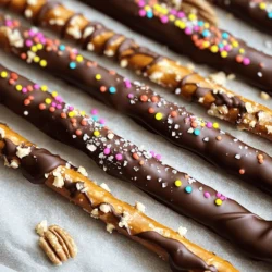 Here are the ingredients you need to make chocolate dipped pretzel rods. Gather these items before you start: - 12 pretzel rods - 1 cup semi-sweet chocolate chips - 1 tablespoon coconut oil (optional) - 1/2 cup colorful sprinkles (optional) - 1/2 cup crushed nuts (optional) - Sea salt (optional) These ingredients create a sweet and salty treat. The pretzel rods give a nice crunch, while the chocolate adds rich flavor. You can use coconut oil to make the chocolate smooth. Sprinkles and nuts let you get creative with toppings. Sea salt can add a tasty contrast and enhance flavors. For the full recipe, check the details above. These ingredients come together to form a fun snack perfect for parties or movie nights. Enjoy making this delightful treat! Start by lining a baking sheet with parchment paper. This keeps the pretzel rods from sticking. Make sure to set it aside for later use. Next, create your dipping station. Place the bowl of melted chocolate nearby. Keep your toppings, like sprinkles and nuts, within reach. This setup will help you work efficiently. Use microwave-safe bowls for melting chocolate. Combine your semi-sweet chocolate chips and coconut oil in the bowls. Microwave them in 30-second intervals. Stir the chocolate each time you check it. This helps achieve a smooth melt. Aim for a creamy texture without any lumps. When dipping, hold a pretzel rod by one end. Dip it into the melted chocolate, coating about two-thirds of the rod. Turn it gently to get an even coating. After dipping, let any excess chocolate drip off. This step keeps the pretzels from being too messy. Add toppings right after dipping for the best results. Use colorful sprinkles or crushed nuts to cover the chocolate. You can even sprinkle a little sea salt for a sweet-and-salty taste. Mix and match toppings to create unique flavors. This makes each pretzel rod special. Once you've dipped all the pretzels, place them on the lined baking sheet. Chill them in the refrigerator for about 30 minutes. This time allows the chocolate to harden completely. Proper storage is key to keeping your pretzels fresh. Store them in an airtight container after chilling. For the full recipe, refer to the section above. To get it right, avoid common mistakes. Always ensure your chocolate is smooth and warm. If it's too thick, your pretzel rods won’t get coated well. When you dip, hold the pretzel by one end. This helps control the dip and keeps your hands clean. Make sure to coat about two-thirds of the pretzel. After dipping, let the excess chocolate drip back into the bowl. This gives you a nice even coat. Add flavor extracts to boost the taste. Try vanilla or almond extract for a twist. A little goes a long way, so keep it light. You can also experiment with different chocolate types. Dark chocolate gives a rich flavor. White chocolate is sweet and creamy. Mixing chocolates can create a fun look and taste. Get creative with toppings for special occasions. Use colorful sprinkles for birthdays. For a holiday theme, try crushed candy canes or festive colors. Drizzle contrasting chocolate over the top for a fancy touch. This not only looks great but adds more flavor. You can even use nuts for added crunch. Mix and match to make your pretzel rods unique! {{image_2}} You can change the flavor of your chocolate-dipped pretzel rods easily. Here are two great choices: - Dark chocolate: This option adds a rich, bold taste. You can melt dark chocolate chips just like semi-sweet ones. - White chocolate: If you prefer a sweeter flavor, white chocolate is a perfect choice. It pairs well with many toppings. These options let you explore different tastes. You can even mix chocolates for a unique blend. Toppings make your pretzel rods stand out. Here are some fun ideas: - Seasonal decorations: Use themed sprinkles for holidays. Red and green for Christmas or pastel colors for Easter are great examples. - Healthier topping alternatives: Consider using nuts or seeds for a crunchy texture. You can also sprinkle coconut for a tropical twist. Get creative! Mixing different toppings adds a fun twist to each pretzel rod. How you serve your chocolate-dipped pretzel rods matters too. Here are some creative ways: - Creative presentation ideas: Place dipped pretzels in a tall glass or jar. This makes an eye-catching display for your table. - Occasion-specific themes: For birthdays, use colorful sprinkles. For Halloween, try orange and black colors. Matching your pretzels to the event makes them special. These ideas will surely impress your guests and make your treats memorable. To keep your chocolate dipped pretzel rods fresh, use the right container. I suggest using an airtight container. This helps keep moisture out. You can stack them, but place parchment paper between layers. This prevents sticking. Always store them at room temperature. Avoid putting them in the fridge. The cold can make the chocolate lose its shine. Humidity is the enemy of these treats. It can make your pretzels soft and soggy. Keep them in a cool, dry place. If you live in a humid area, this is even more important. How long do they stay fresh? Chocolate dipped pretzel rods can last up to two weeks if stored correctly. Their crunchiness can fade over time, but they still taste great. You can also freeze them! Wrap each pretzel rod in plastic wrap before placing them in a freezer bag. They can last for up to three months in the freezer. When you want to enjoy them, just take them out. Let them thaw at room temperature. This keeps them tasty and crunchy. For the full recipe, check out the original section above. Yes! You can use various pretzel shapes. Try mini pretzels, pretzel twists, or even pretzel bites. Each type brings a fun twist to the treat. They all work well with chocolate. Just keep in mind the dipping process may change based on size. If you want to switch it up, you can use dark chocolate or white chocolate. For a dairy-free option, look for vegan chocolate chips. These options still taste great and melt well. They let you customize your treat for different diets. You can melt chocolate without coconut oil. Just use the chocolate chips alone. If your chocolate is too thick, add a little milk or water. Stir well to get a smooth texture. This keeps your pretzel rods coated nicely. You can prepare these pretzels a few days in advance. After dipping and decorating, store them in an airtight container. Keep them in a cool, dry place. This helps maintain their crunch and freshness. You can find pre-made chocolate-dipped pretzel rods online. Many grocery stores also carry them. Check specialty candy shops or bakeries too. They often have unique flavors and fun decorations. For the full chocolate-dipped pretzel rods recipe, click here. Making chocolate-dipped pretzel rods is fun and easy. We covered the key ingredients, step-by-step instructions, and helpful tips. Now you can create your own tasty treats. Experiment with different chocolates and toppings to make them special. Remember to store them right to keep them fresh. Try these ideas for your next party or snack. Enjoy the sweet and salty delight of your homemade pretzel rods!
