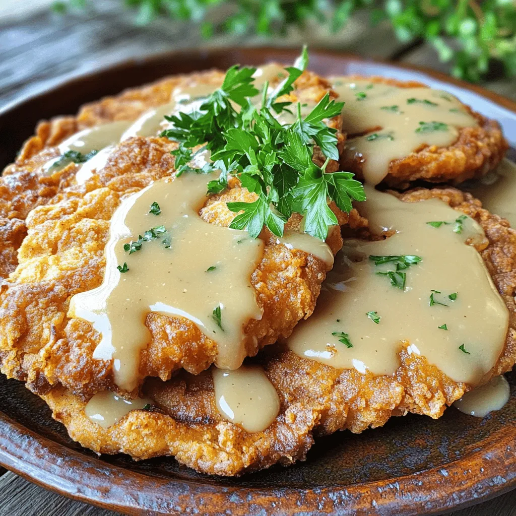 To make Easy Chicken Fried Steak, you need some simple ingredients. Here’s what you will need: - 1 lb beef cube steak - 1 cup all-purpose flour - 1 teaspoon garlic powder - 1 teaspoon onion powder - 1 teaspoon smoked paprika - 1/2 teaspoon black pepper - 1 teaspoon salt - 2 large eggs - 1/4 cup buttermilk - 1 cup vegetable oil (for frying) - Optional: fresh parsley for garnish These ingredients create a tasty, crispy dish. Each spice adds its own flavor, while the buttermilk helps the coating stick. You can find the full recipe in the guide above. Enjoy cooking this comfort food! - Tenderizing the cube steaks: Start by using a meat mallet to pound the cube steaks. This makes the meat tender. If your steaks are already tenderized, you can skip this step. - Preparing the egg mixture: In a bowl, whisk together two large eggs and 1/4 cup buttermilk. Make sure it's smooth. This mix helps the coating stick to the meat. - Dredging process for coating: In a shallow dish, mix 1 cup flour, 1 teaspoon garlic powder, 1 teaspoon onion powder, 1 teaspoon smoked paprika, 1/2 teaspoon black pepper, and 1 teaspoon salt. Dip each steak into the egg mix, then coat it in the flour mix. Press down lightly to get good coverage. - Heating the oil properly: In a large skillet, pour in 1 cup of vegetable oil. Heat it over medium-high heat. Wait until the oil shimmers to know it’s ready for frying. - Frying the steaks to perfection: Carefully add the coated steaks to the hot oil. Fry each side for about 4-5 minutes. Look for a golden brown color. Avoid overcrowding the pan to keep them crispy. - Draining the fried steaks: When the steaks are done, place them on paper towels. This helps remove extra oil and keeps them crisp. - Using leftover flour mixture: After frying, keep some of the flour mixture in the skillet. This adds flavor to the gravy. - Whisking with milk: Gradually whisk in milk until you reach your desired consistency. Stir well and let it thicken. - Seasoning to taste: Add salt and pepper to the gravy. Taste and adjust as needed. Pour this over your chicken fried steak for extra flavor. For the complete details, check the Full Recipe. To get a great crispy coating, start with flour seasoning. Mix the flour with garlic powder, onion powder, smoked paprika, black pepper, and salt. This mix gives your steak flavor. Don’t skip this step; it makes a big difference. Next, focus on the egg mixture. Whisk together the eggs and buttermilk well. This creates a nice base for the flour to stick. Make sure the steaks are wet enough when you dip them into the flour. This helps the coating stay on better. Frying temperature is key. Heat your oil until it shimmers. If the oil isn’t hot enough, the steak will soak up oil and become soggy. If it’s too hot, the outside will burn before the inside cooks. Aim for medium-high heat for the best results. To make your chicken fried steak even better, consider adding spices. You can try cayenne pepper for heat or even some Italian herbs for a twist. Just a little can change the taste. Marinating the beef cube steak is another option. Use buttermilk or a simple marinade with soy sauce and garlic. Let it sit for at least 30 minutes. This step helps the meat become more tender and flavorful. For garnishing ideas, fresh herbs like parsley work well. They add a pop of color and fresh taste. You can also serve with lemon wedges for a bright bite. These little touches make your dish look and taste great. For the full recipe, check out the detailed instructions provided above. {{image_2}} You can switch things up with different meats. Chicken works well for a lighter meal. Simply use chicken breasts or thighs in place of the beef. Pork is another tasty option. Pork chops can easily replace cube steak in this dish. If you prefer vegetarian options, try using tempeh or seitan. Both options soak up flavors well and can mimic the texture of meat. You can also use portobello mushrooms. They provide a hearty bite and pair nicely with the seasonings. You can bake chicken fried steak for a healthier option. Preheat the oven to 400°F. Place the coated steaks on a greased baking sheet. Bake for about 20 minutes, flipping halfway through. This method keeps the steak crispy without frying. If you own an air fryer, you can make it even easier. Preheat the air fryer to 400°F. Spray the basket lightly with oil. Cook for about 10-12 minutes, turning halfway. The air fryer gives a crispy texture similar to frying but uses less oil. For a full meal, serve your chicken fried steak with classic sides. Mashed potatoes with gravy are a favorite. You can also serve it with green beans or corn on the cob. Both add color and nutrition to your plate. Salads are great too! A simple green salad with vinaigrette can balance the richness of the steak. Steamed vegetables like broccoli or carrots also make a healthy, tasty addition. Enjoy your meal with a refreshing side! After enjoying your chicken fried steak, store any leftovers properly. Place the steaks in an airtight container. They stay fresh in the fridge for about 3 days. Always let them cool down before sealing. If you want to keep them longer, freeze the steaks. Wrap each piece in plastic wrap, then place them in a freezer bag. They will last up to 3 months in the freezer. When you're ready, you can thaw them in the fridge overnight. Reheating fried steaks can be tricky. The goal is to keep them crispy. The best method is to use an oven or an air fryer. Preheat your oven to 350°F (175°C). Place the steaks on a baking sheet. Bake for about 10-15 minutes. Check to see if they are heated through. If you use an air fryer, set it to 350°F (175°C) and cook for 5-7 minutes. This helps keep the coating crispy. Avoid using the microwave, as it can make the steaks soggy. Enjoy your meal again just like the first time! Chicken fried steak is a classic Southern dish. It features breaded and fried beef cube steak. The dish dates back to the 19th century. It combines the flavors of fried chicken with the heartiness of beef. Typically, it is served with gravy, making it a comfort food favorite. Yes, you can prep some parts in advance. Tenderize the cube steaks and coat them a few hours before cooking. You can also mix the flour and spices ahead of time. Store them in the fridge until you are ready to fry. This saves time on busy days. To make chicken fried steak gluten-free, swap regular flour for gluten-free flour. Many brands offer gluten-free all-purpose flour blends. Check the labels to ensure they match your needs. You can also use cornstarch for the coating. This will still give you a crispy texture. Absolutely! To air fry, first, coat the steaks just like the original recipe. Preheat your air fryer to 400°F (200°C). Place the breaded steaks in a single layer. Cook them for about 10-12 minutes. Flip halfway through to ensure even cooking. Yes, store-bought gravy works well if you're short on time. Look for brands that offer a rich flavor. You can add some black pepper for extra taste. Pour it over your chicken fried steak for a quick and easy meal. Chicken fried steak pairs nicely with many sides. Some popular choices include mashed potatoes, green beans, or coleslaw. You can also add a side salad for freshness. Don't forget to serve it with extra gravy for dipping! Enjoy your meal! In this blog post, I covered how to make chicken fried steak. We talked about the ingredients you'll need, like beef cube steak and spices. I walked you through the steps to prepare and cook the steak perfectly. You also learned tips for a crispy coating and ways to make variations. Try different proteins or cooking methods to find your favorite! Enjoying this dish can become a fun tradition. Happy cooking!
