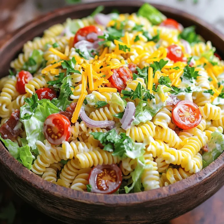 - 8 ounces pasta (fusilli or rotini) - 6 slices of crispy cooked turkey bacon, chopped - 1 cup cherry tomatoes, halved - 1/2 cup mayonnaise - 1 tablespoon apple cider vinegar - 1 teaspoon garlic powder - 1 cup romaine lettuce, chopped - 1/2 cup shredded cheddar cheese - Fresh parsley for garnish - Salt and pepper to taste In this Easy BLT Pasta Salad, the main ingredients shine with their fresh flavors. The pasta serves as a cozy base, while the turkey bacon adds a satisfying crunch. Cherry tomatoes bring a sweet burst, making each bite delightful. For the dressing, I like using mayonnaise mixed with apple cider vinegar and garlic powder. This blend creates a creamy and tangy sauce that coats the salad perfectly. You can also add garnishes for an extra touch. Chopped romaine gives a crisp texture, while shredded cheddar cheese enhances the richness. Fresh parsley not only looks great but also adds a pop of color. Don't forget to season with salt and pepper for balance. Check out the Full Recipe for exact measurements and instructions! - Bring salted water to a boil. - Add 8 ounces of pasta and cook until al dente. - Drain and rinse under cold water to cool. Cooking the pasta is the first step. Use a large pot and add a good amount of salt to the water. The salty water flavors the pasta as it cooks. Check the pasta package for timing. Once it is done, draining is key. Rinsing the pasta with cold water stops the cooking process. This way, it won't get mushy. - Combine 1/2 cup mayonnaise, 1 tablespoon apple cider vinegar, 1 teaspoon garlic powder, salt, and pepper. - Mix until smooth and creamy. Next, we make the dressing. In a medium bowl, add the mayonnaise, apple cider vinegar, garlic powder, salt, and pepper. Stir well until the mixture is smooth. This dressing is what makes the pasta salad rich and tasty. The vinegar adds a nice zing to balance the creamy mayonnaise. - Combine cooked pasta with bacon, tomatoes, lettuce, cheese, and onions. - Pour dressing over and toss gently. - Chill before serving. Now, let’s put it all together! In a large mixing bowl, combine the cooked pasta, chopped turkey bacon, halved cherry tomatoes, chopped romaine lettuce, shredded cheddar cheese, and thinly sliced red onion. Pour the creamy dressing over the top and gently toss everything together. This step ensures every bite is full of flavor. Finally, cover the bowl with plastic wrap and chill in the fridge for at least 30 minutes. Chilling helps the flavors meld beautifully. For the full recipe, check out how easy it is to create this delicious dish. To achieve the perfect pasta texture, cook your pasta until it's al dente. This means it should be firm to the bite but not hard. Follow the package instructions for timing, and remember to salt the water before boiling. This adds flavor to your pasta. For bacon, I recommend baking it in the oven. Lay the bacon on a baking sheet and cook at 400°F. This method ensures crispy bacon without the mess. You can also use a skillet for frying, just make sure it gets nice and crispy. You can add extra taste to your salad with herbs and spices. Try adding fresh basil or oregano for a burst of flavor. You can also sprinkle in some red pepper flakes for a hint of heat. If you want a lighter dressing, swap half of the mayonnaise with Greek yogurt. This keeps it creamy but cuts down on calories. You can also add a squeeze of lemon juice for freshness. The Easy BLT Pasta Salad pairs well with grilled chicken or fish. It makes for a great side dish at barbecues or picnics. For serving, consider using small cups or jars. This makes each portion easy to grab. You can also layer the salad in clear bowls to show off the colors. For the full recipe, check out the details above. {{image_2}} You can easily swap turkey bacon for other meats. Try crispy bacon, pancetta, or even plant-based bacon. Each option adds a unique taste to the salad. For pasta, while fusilli or rotini are great choices, you can use penne, farfalle, or even whole wheat pasta. These options change the texture and flavor, making your dish exciting. If you want a lighter option, use yogurt instead of mayonnaise. Greek yogurt adds creaminess without extra fat. You can also add herbs like dill or chives for a fresh twist. Feel free to experiment with flavors in your dressing. Adding mustard, honey, or lemon juice can enhance the taste. Each ingredient brings a new layer to your Easy BLT Pasta Salad. Incorporating seasonal vegetables can brighten your salad. For summer, add cucumbers, bell peppers, or sweet corn. In winter, consider roasted vegetables like squash or Brussels sprouts. They add warmth and depth. Adjust the recipe according to the season. For summer picnics, keep it light and fresh. In winter, make it hearty and comforting. These tweaks help the dish fit any gathering or season. For the full recipe of Easy BLT Pasta Salad, check the earlier sections. You can store Easy BLT Pasta Salad in the fridge for up to three days. To keep it fresh, place the salad in an airtight container. This will help prevent any unwanted odors and keep the ingredients crisp. Make sure to toss the salad again before serving to mix in any dressing that may have settled. I do not recommend freezing this pasta salad. Freezing can change the texture of the pasta and vegetables. If you have leftovers that you want to save, store them in the fridge instead. If you must freeze it, try to only freeze the pasta and bacon, leaving out the lettuce and tomatoes. To thaw, place it in the fridge overnight before serving. Reheating is not usually needed for this salad since it’s best served cold. However, if you want to warm it up, do so on low heat in a pan. Keep in mind that reheating may change the salad's texture and flavor. The pasta may become softer, and the vegetables may lose their crispness. To enhance the flavor after reheating, add a bit more dressing if needed. You can use many types of pasta. Fusilli and rotini are my top choices. Their curly shapes hold the dressing well. You can also try penne or farfalle. Just pick a pasta that cooks al dente. This means it should still be firm when you bite into it. Yes, you can make this salad ahead of time. Prepare it a day before your meal. Just keep it in the fridge. This helps the flavors blend nicely. If you make it early, wait to add lettuce until just before serving. This keeps it fresh and crispy. If you want a lighter or dairy-free option, try yogurt. Greek yogurt works well and adds creaminess. You can also use avocado for a creamy texture. For a tangy taste, mix in some mustard. These substitutes give you flavor without using mayo. This recipe makes about four servings. It’s perfect for a small gathering or a family meal. If you need more, just double the ingredients. This pasta salad is great for parties or picnics. You can easily adjust the amounts to fit your needs. This Easy BLT Pasta Salad is simple, tasty, and great for any meal. We explored the main ingredients, the dressing, and how to assemble everything. You learned tips for flavor and serving. I also shared ideas for variations and storage. This dish is perfect for gatherings or quick meals. With these steps, you can create a crowd-pleaser. Enjoy your cooking and get creative with your salad!
