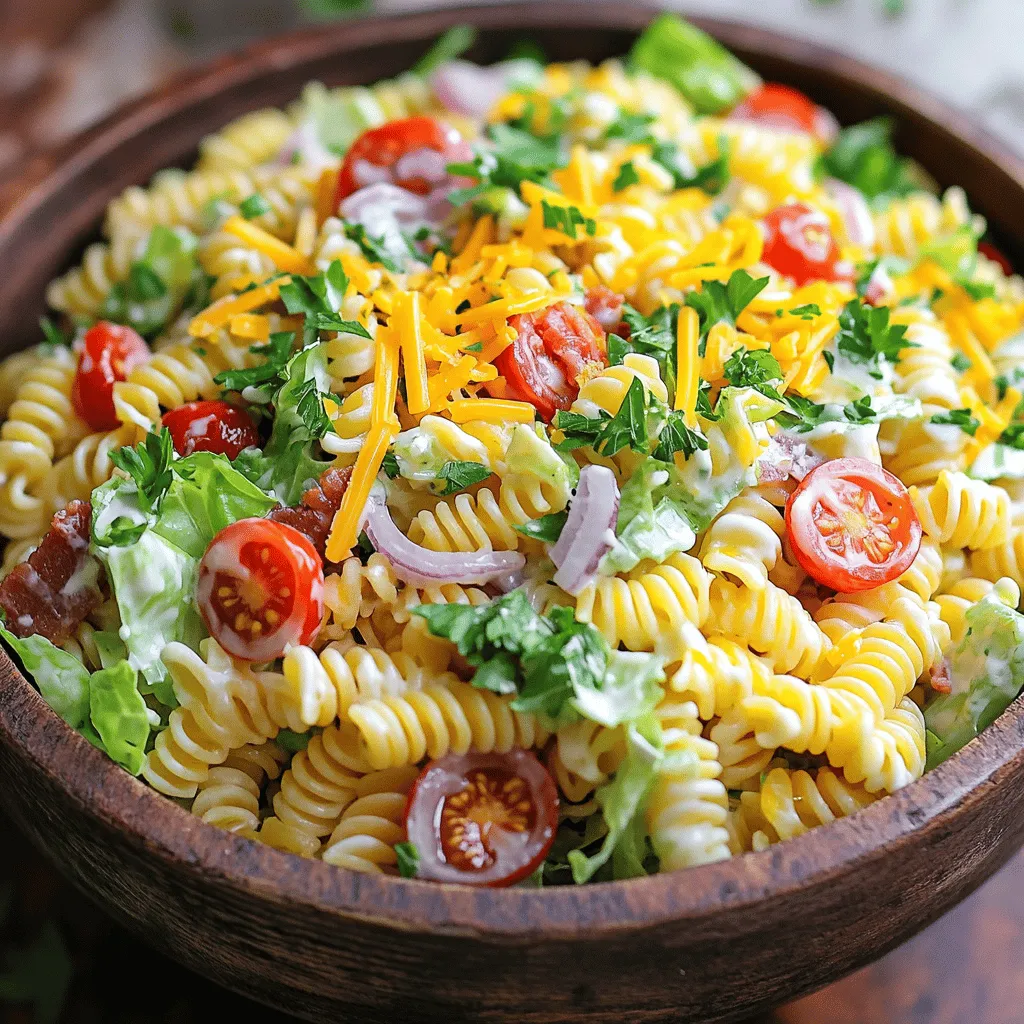 - 8 ounces pasta (fusilli or rotini) - 6 slices of crispy cooked turkey bacon, chopped - 1 cup cherry tomatoes, halved - 1/2 cup mayonnaise - 1 tablespoon apple cider vinegar - 1 teaspoon garlic powder - 1 cup romaine lettuce, chopped - 1/2 cup shredded cheddar cheese - Fresh parsley for garnish - Salt and pepper to taste In this Easy BLT Pasta Salad, the main ingredients shine with their fresh flavors. The pasta serves as a cozy base, while the turkey bacon adds a satisfying crunch. Cherry tomatoes bring a sweet burst, making each bite delightful. For the dressing, I like using mayonnaise mixed with apple cider vinegar and garlic powder. This blend creates a creamy and tangy sauce that coats the salad perfectly. You can also add garnishes for an extra touch. Chopped romaine gives a crisp texture, while shredded cheddar cheese enhances the richness. Fresh parsley not only looks great but also adds a pop of color. Don't forget to season with salt and pepper for balance. Check out the Full Recipe for exact measurements and instructions! - Bring salted water to a boil. - Add 8 ounces of pasta and cook until al dente. - Drain and rinse under cold water to cool. Cooking the pasta is the first step. Use a large pot and add a good amount of salt to the water. The salty water flavors the pasta as it cooks. Check the pasta package for timing. Once it is done, draining is key. Rinsing the pasta with cold water stops the cooking process. This way, it won't get mushy. - Combine 1/2 cup mayonnaise, 1 tablespoon apple cider vinegar, 1 teaspoon garlic powder, salt, and pepper. - Mix until smooth and creamy. Next, we make the dressing. In a medium bowl, add the mayonnaise, apple cider vinegar, garlic powder, salt, and pepper. Stir well until the mixture is smooth. This dressing is what makes the pasta salad rich and tasty. The vinegar adds a nice zing to balance the creamy mayonnaise. - Combine cooked pasta with bacon, tomatoes, lettuce, cheese, and onions. - Pour dressing over and toss gently. - Chill before serving. Now, let’s put it all together! In a large mixing bowl, combine the cooked pasta, chopped turkey bacon, halved cherry tomatoes, chopped romaine lettuce, shredded cheddar cheese, and thinly sliced red onion. Pour the creamy dressing over the top and gently toss everything together. This step ensures every bite is full of flavor. Finally, cover the bowl with plastic wrap and chill in the fridge for at least 30 minutes. Chilling helps the flavors meld beautifully. For the full recipe, check out how easy it is to create this delicious dish. To achieve the perfect pasta texture, cook your pasta until it's al dente. This means it should be firm to the bite but not hard. Follow the package instructions for timing, and remember to salt the water before boiling. This adds flavor to your pasta. For bacon, I recommend baking it in the oven. Lay the bacon on a baking sheet and cook at 400°F. This method ensures crispy bacon without the mess. You can also use a skillet for frying, just make sure it gets nice and crispy. You can add extra taste to your salad with herbs and spices. Try adding fresh basil or oregano for a burst of flavor. You can also sprinkle in some red pepper flakes for a hint of heat. If you want a lighter dressing, swap half of the mayonnaise with Greek yogurt. This keeps it creamy but cuts down on calories. You can also add a squeeze of lemon juice for freshness. The Easy BLT Pasta Salad pairs well with grilled chicken or fish. It makes for a great side dish at barbecues or picnics. For serving, consider using small cups or jars. This makes each portion easy to grab. You can also layer the salad in clear bowls to show off the colors. For the full recipe, check out the details above. {{image_2}} You can easily swap turkey bacon for other meats. Try crispy bacon, pancetta, or even plant-based bacon. Each option adds a unique taste to the salad. For pasta, while fusilli or rotini are great choices, you can use penne, farfalle, or even whole wheat pasta. These options change the texture and flavor, making your dish exciting. If you want a lighter option, use yogurt instead of mayonnaise. Greek yogurt adds creaminess without extra fat. You can also add herbs like dill or chives for a fresh twist. Feel free to experiment with flavors in your dressing. Adding mustard, honey, or lemon juice can enhance the taste. Each ingredient brings a new layer to your Easy BLT Pasta Salad. Incorporating seasonal vegetables can brighten your salad. For summer, add cucumbers, bell peppers, or sweet corn. In winter, consider roasted vegetables like squash or Brussels sprouts. They add warmth and depth. Adjust the recipe according to the season. For summer picnics, keep it light and fresh. In winter, make it hearty and comforting. These tweaks help the dish fit any gathering or season. For the full recipe of Easy BLT Pasta Salad, check the earlier sections. You can store Easy BLT Pasta Salad in the fridge for up to three days. To keep it fresh, place the salad in an airtight container. This will help prevent any unwanted odors and keep the ingredients crisp. Make sure to toss the salad again before serving to mix in any dressing that may have settled. I do not recommend freezing this pasta salad. Freezing can change the texture of the pasta and vegetables. If you have leftovers that you want to save, store them in the fridge instead. If you must freeze it, try to only freeze the pasta and bacon, leaving out the lettuce and tomatoes. To thaw, place it in the fridge overnight before serving. Reheating is not usually needed for this salad since it’s best served cold. However, if you want to warm it up, do so on low heat in a pan. Keep in mind that reheating may change the salad's texture and flavor. The pasta may become softer, and the vegetables may lose their crispness. To enhance the flavor after reheating, add a bit more dressing if needed. You can use many types of pasta. Fusilli and rotini are my top choices. Their curly shapes hold the dressing well. You can also try penne or farfalle. Just pick a pasta that cooks al dente. This means it should still be firm when you bite into it. Yes, you can make this salad ahead of time. Prepare it a day before your meal. Just keep it in the fridge. This helps the flavors blend nicely. If you make it early, wait to add lettuce until just before serving. This keeps it fresh and crispy. If you want a lighter or dairy-free option, try yogurt. Greek yogurt works well and adds creaminess. You can also use avocado for a creamy texture. For a tangy taste, mix in some mustard. These substitutes give you flavor without using mayo. This recipe makes about four servings. It’s perfect for a small gathering or a family meal. If you need more, just double the ingredients. This pasta salad is great for parties or picnics. You can easily adjust the amounts to fit your needs. This Easy BLT Pasta Salad is simple, tasty, and great for any meal. We explored the main ingredients, the dressing, and how to assemble everything. You learned tips for flavor and serving. I also shared ideas for variations and storage. This dish is perfect for gatherings or quick meals. With these steps, you can create a crowd-pleaser. Enjoy your cooking and get creative with your salad!