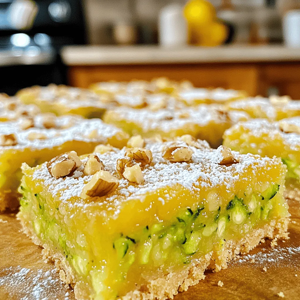 To make these Zucchini Lemon Bars, gather these key ingredients: - 1 cup grated zucchini (excess moisture squeezed out) - 1 cup all-purpose flour - 1/2 cup granulated sugar - 1/4 cup powdered sugar (for dusting) - 1/2 cup unsalted butter, softened - 2 large eggs - 1/4 cup fresh lemon juice - Zest of 1 lemon - 1 teaspoon baking powder - 1/2 teaspoon salt - 1 teaspoon vanilla extract These ingredients work together to create a moist and tangy treat, balancing the fresh taste of zucchini with the bright flavor of lemon. The grated zucchini adds moisture without overpowering the lemon, making them a perfect snack or dessert. You can enhance your Zucchini Lemon Bars with some optional garnishes: - Chopped pecans or walnuts These nuts add a nice crunch and complement the soft texture of the bars. Feel free to sprinkle them on top after dusting the bars with powdered sugar for a delightful finish. If you need to make some swaps, here are a few ideas: - Use coconut flour or almond flour for a gluten-free option. - Swap granulated sugar with honey or maple syrup for a natural sweetener. - Replace unsalted butter with coconut oil or a vegan butter for a dairy-free version. These substitutions allow you to customize the recipe based on your dietary needs while still enjoying delicious Zucchini Lemon Bars. For the complete method, check out the Full Recipe. Start by preheating your oven to 350°F (175°C). Grease a 9x9-inch square baking pan with butter. This step helps the bars come out easily after baking. In a mixing bowl, cream together 1/2 cup of softened butter and 1/2 cup of granulated sugar. Mix until it looks light and fluffy. Then, add 2 large eggs, 1/4 cup of fresh lemon juice, 1 teaspoon of vanilla extract, and the zest of 1 lemon. Stir until everything is well blended. In another bowl, whisk together 1 cup of all-purpose flour, 1 teaspoon of baking powder, and 1/2 teaspoon of salt. Slowly add this dry mix to your wet mix. Stir gently until just combined. Be careful not to overmix. Next, fold in 1 cup of grated zucchini. Make sure it’s evenly spread throughout the batter. Pour the batter into your prepared pan and spread it evenly. Bake for 25-30 minutes. Check for doneness by inserting a toothpick into the center; it should come out clean. Once baked, take the bars out of the oven. Let them cool in the pan for about 15 minutes. After that, move them to a wire rack to cool completely. When ready, dust the top with powdered sugar. You can slice them into squares and add chopped pecans or walnuts if you like. For the full recipe, refer to the earlier sections. Enjoy your delightful and simple Zucchini Lemon Bars! Grating zucchini is easy but important for the best bars. I use a box grater for this. First, choose firm, fresh zucchini. Wash it well, then cut off the ends. Grate the zucchini on the large holes of the grater. After grating, place the zucchini in a clean kitchen towel. Squeeze it tightly to remove excess moisture. This step helps keep your bars from becoming soggy. The texture of your zucchini lemon bars matters. For soft, moist bars, mix the batter just until combined. Overmixing can lead to tough bars. Fold the grated zucchini gently into the batter. This keeps the zucchini evenly distributed. If you want a richer flavor, let the batter sit for ten minutes before baking. This allows the flavors to meld better. Storing your leftover zucchini lemon bars correctly helps them stay fresh. Place them in an airtight container. You can keep them at room temperature for up to three days. If you want them to last longer, refrigerate them for up to a week. You can also freeze them for up to three months. To freeze, wrap each bar tightly in plastic wrap. This keeps them safe from freezer burn. When you’re ready to enjoy, just thaw them at room temperature. For the full recipe, check the main article. {{image_2}} To make gluten-free zucchini lemon bars, swap all-purpose flour for a gluten-free blend. Look for a blend that works well in baking. You can also use almond flour or coconut flour. Both options give a nice texture. Keep in mind that you may need to adjust the moisture. Some gluten-free flours absorb more liquid. For vegan zucchini lemon bars, replace eggs with flax eggs. To make a flax egg, mix one tablespoon of ground flaxseed with three tablespoons of water. Let it sit for five minutes. You can also use applesauce or mashed banana as an egg substitute. Use coconut oil instead of butter for a dairy-free option. You can enhance the flavor of your zucchini lemon bars in fun ways. Try adding shredded coconut for a tropical twist. Almond extract gives a nice nutty flavor. Just add a teaspoon to the wet mix. You could also sprinkle in some cinnamon for warmth. These small changes can make your bars unique. Experiment to find your favorite combination. For the full recipe, check the earlier section. To keep your zucchini lemon bars fresh, store them in an airtight container. Make sure they are completely cool before sealing. This prevents moisture buildup, which can make them soggy. Place a piece of parchment paper between layers if you stack them. This helps avoid sticking. You can freeze zucchini lemon bars for later enjoyment. First, let them cool completely. Cut them into squares and wrap each piece tightly in plastic wrap. Then, place the wrapped bars in a freezer-safe bag. They will keep well for up to three months. Just remember to label the bag with the date. Zucchini lemon bars last about a week in the fridge. Store them in an airtight container for the best flavor. If you want to reheat them, place a bar on a plate and microwave it for about 10-15 seconds. This warms it without drying it out. Enjoy your delicious treat! For the complete recipe, check the Full Recipe section. Zucchini lemon bars have a unique twist. They add grated zucchini for moisture and nutrition. This makes them softer and less dense than classic lemon bars. The zucchini blends well, so you won’t even notice it. You get a burst of lemon flavor with added health benefits. Yes, you can use frozen zucchini! Just make sure to thaw and squeeze out excess water. Frozen zucchini can work well, but fresh is best for texture. Fresh zucchini gives a better flavor and moisture balance in the bars. To check if the bars are done, insert a toothpick into the center. If it comes out clean or with a few moist crumbs, they are ready. Baking time is typically 25-30 minutes at 350°F. Keep an eye on them near the end to avoid over-baking. You can cut down the sugar by using less granulated sugar. Try reducing it by a quarter cup. You can also use natural sweeteners like honey or maple syrup. However, this may change the texture a bit. Adjust as needed, but don’t remove all the sugar. Absolutely! You can use lime juice or orange juice instead. Each will give a different flavor twist. Lime adds a nice zest, while orange offers a sweeter taste. Feel free to experiment with your favorite citrus for fun variations. To make your bars more tart, simply add more lemon juice. Start with an extra tablespoon and taste the batter. You can also add a bit of lemon zest for extra zing. Enjoy that bright, tangy flavor that makes these bars special! For the full recipe, check the section above. This article covered what you need for tasty zucchini lemon bars. We explored the main ingredients, helpful tips for perfect texture, and even variations like gluten-free and vegan options. Storing and reheating tips will keep your bars fresh. Remember, making these bars can be easy and fun. Use the steps and tips shared here to impress yourself and others. Enjoy every bite and make this recipe your own.