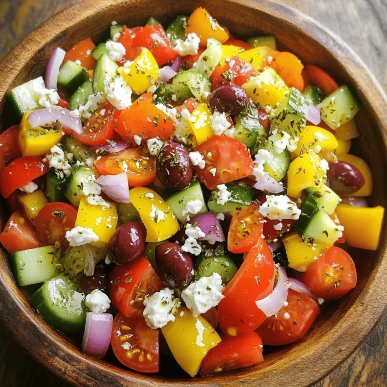 - 2 large ripe tomatoes, chopped - 1 cucumber, diced - 1 red onion, thinly sliced - 1 bell pepper (red or yellow), diced Fresh vegetables are the heart of classic Greek salad. They bring color, crunch, and bright flavors. Ripe tomatoes add juiciness, while cucumber gives a refreshing bite. The red onion offers a sharp taste, and bell peppers add sweetness. Together, these veggies create a delightful mix. - 1 cup Kalamata olives, pitted - 200g feta cheese, crumbled Kalamata olives add a rich, briny flavor. Their dark color contrasts nicely with the bright vegetables. Feta cheese is a must. It adds creaminess and a salty taste. Crumble it over the salad for the best texture and flavor. Both ingredients elevate the dish. - 1 teaspoon dried oregano - 3 tablespoons extra virgin olive oil - 1 tablespoon red wine vinegar (or lemon juice for a non-vinegar option) - Salt and pepper to taste Seasonings bring the salad to life. Dried oregano adds a warm, earthy aroma. Extra virgin olive oil gives richness and depth. Red wine vinegar or lemon juice provides a zesty kick. Finish with salt and pepper to balance the flavors. These elements create a fresh, tasty dressing. Using this recipe, you can make a classic Greek salad that is both flavorful and refreshing. Start by taking a large mixing bowl. Combine the chopped tomatoes, diced cucumber, sliced red onion, and diced bell pepper. This mix brings bright colors and fresh flavors. Next, add the Kalamata olives for a salty kick. Then, crumble the feta cheese on top. This cheese adds creaminess and tanginess. Finally, sprinkle dried oregano, salt, and pepper over everything. These seasonings tie all the flavors together. Now, it’s time to add the dressing. Drizzle extra virgin olive oil and red wine vinegar or lemon juice over the salad. This adds richness and acidity. Toss the salad gently. Be careful not to break the feta too much. You want to keep those lovely chunks intact. Let the salad sit for about 10 minutes before you serve it. This waiting time helps the flavors meld together. Each bite will burst with freshness. Enjoy your Greek salad as a side or a light meal! You can find the full recipe [here](#). To make a great Greek salad, start with ripe tomatoes. Look for tomatoes that feel heavy and firm. Their color should be bright and vibrant. The sweetness of ripe tomatoes adds a lot of flavor. Next, opt for high-quality feta cheese. Look for cheese that is creamy and crumbly. If you can, choose feta packed in brine for the best taste. It gives your salad the right tang. Making your salad look good can impress your guests. Use a large, shallow bowl to show off the colors. Arrange the vegetables in sections for a pretty look. Scatter the feta and olives on top for a pop of color. For gatherings, serve the salad family-style. This means putting the bowl on the table for everyone to enjoy. Pair it with warm pita bread for a complete meal. One big mistake is overdressing the salad. Too much dressing can drown the flavors. Stick to the recipe for a balanced taste. Another mistake is using non-fresh ingredients. Old veggies can ruin the dish. Always use the freshest ingredients for the best results. {{image_2}} You can always spice up your Greek salad. Adding greens like romaine or spinach gives it a fresh crunch. These greens add color and nutrition, making the salad even better. You can also include other vegetables. Think about adding radishes for a peppery bite or avocados for creaminess. These extras make the salad fun and unique. While the classic dressing is great, don’t be afraid to mix things up! Try using homemade vinaigrettes to bring out new flavors. A simple mix of olive oil, vinegar, and herbs can work wonders. You can also experiment with citrus dressings. A squeeze of lemon or lime adds a zesty twist that brightens the salad. Each dressing choice changes the taste and feel of the dish. Greek salad varies across the Mediterranean. Explore these regional twists for something different. In some areas, you might find capers or sun-dried tomatoes mixed in. Adapting the recipe with local ingredients can also lead to delicious surprises. Use whatever fresh veggies and herbs you find at the market. This way, you create a Greek salad that reflects your own taste and location. For a complete guide, check out the Full Recipe for Greek Garden Delight. To keep your Greek salad fresh, use airtight containers. Glass or plastic containers work well. Make sure to store it in the fridge. This helps maintain its crispness. If you have extra dressing, keep it separate. This prevents the salad from becoming soggy. You can also cover the bowl with plastic wrap. Just press it tightly to avoid air exposure. In the fridge, a Greek salad lasts about 2 to 3 days. After that, it may start to lose its taste and crunch. Check for signs it has gone bad. If the vegetables look wilted or slimy, it’s time to toss it. A sour smell is also a clear sign. Always trust your senses when it comes to food safety. Freezing Greek salad is not recommended. The vegetables will lose their texture and become mushy. If you want to freeze it anyway, consider freezing the parts separately. You can freeze the chopped cucumbers, peppers, and tomatoes. However, do not freeze the feta or olives. These components do not freeze well. When you're ready to eat, combine the fresh parts with the thawed veggies for the best taste. A classic Greek salad has simple, fresh ingredients. Here are the key components: - 2 large ripe tomatoes, chopped - 1 cucumber, diced - 1 red onion, thinly sliced - 1 bell pepper (red or yellow), diced - 1 cup Kalamata olives, pitted - 200g feta cheese, crumbled - 1 teaspoon dried oregano - 3 tablespoons extra virgin olive oil - 1 tablespoon red wine vinegar (or lemon juice) - Salt and pepper to taste These ingredients create a vibrant mix of flavors and textures. The tomatoes and cucumbers provide juiciness and crunch. The olives add a briny depth, while the feta cheese brings creaminess. This combination makes each bite a delight. Yes, you can prepare Greek salad in advance! Here are some tips: - Chop the vegetables and store them in an airtight container. - Keep the feta cheese and olives separate until ready to serve. - Mix the dressing (olive oil and vinegar or lemon juice) and store it in a jar. When you are ready to serve, combine all the ingredients. This method keeps the salad fresh and crisp. Let it sit for about 10 minutes before serving to let the flavors blend. Absolutely! A Greek salad is packed with nutrients. Here are some benefits: - Tomatoes are rich in vitamins A and C. - Cucumbers offer hydration and are low in calories. - Onions have antioxidants that may help reduce heart disease. - Kalamata olives provide healthy fats and fiber. - Feta cheese adds protein and calcium. Each ingredient contributes to a balanced diet. Enjoying Greek salad can help you feel full and satisfied. It’s a great choice for a light meal or side dish. For the full recipe, check out the Greek Garden Delight. Greek salad combines fresh veggies and tasty extras for a healthy meal. We explored key ingredients, prep steps, and storage tips. You learned how to choose ripe veggies and avoid common mistakes. Remember, a great salad starts with fresh ingredients and a light dressing. Feel free to try variations and new dressings for fun twists. This dish can easily adapt to your taste. Enjoy making and sharing your Greek salad creation!