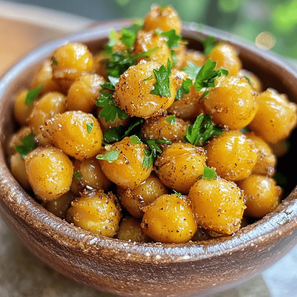 - 2 cans (15 oz each) chickpeas, drained and rinsed - 2 tablespoons olive oil - 1 teaspoon garlic powder - 1 teaspoon smoked paprika - ½ teaspoon cayenne pepper (adjust to taste) - ½ teaspoon salt - ¼ teaspoon black pepper - 1 tablespoon nutritional yeast (optional) - Garnish with fresh herbs like parsley or cilantro - Enjoy as a snack or salad topping Crispy roasted chickpeas are a fun and healthy treat. They are easy to make and packed with flavor. You can use canned chickpeas for quick prep. Just rinse and drain them well. This helps remove excess sodium and ensures they crisp up nicely. For the spices, I love using garlic powder and smoked paprika. They add a rich, savory taste. If you like some heat, toss in cayenne pepper. You can adjust this to match your taste. Salt and black pepper enhance the flavors too. If you want a cheesy kick, add nutritional yeast. It’s optional, but I highly recommend it for a unique twist. When serving, I suggest garnishing with fresh herbs. This adds a pop of color and freshness. You can enjoy these crispy bites straight from the bowl or sprinkle them on salads for extra crunch. They make a great anytime snack, and you can find the full recipe above. - Preheat oven to 400°F (200°C). - Prepare a baking sheet with parchment paper or a silicone mat. - Rinse and dry chickpeas thoroughly. - Remove loose skins for extra crunch. - Combine chickpeas with olive oil and spices. - Spread chickpeas on the baking sheet and roast. - Shake the pan halfway through for even cooking. To make these crispy roasted chickpeas, start by preheating your oven to 400°F (200°C). I love using parchment paper for easy cleanup, but a silicone mat works just as well. Next, rinse and drain the chickpeas. This step is key! After rinsing, dry them well with a towel. The drier they are, the crispier they will get. Don’t forget to remove any loose skins; this really helps with crunchiness. In a large bowl, mix the chickpeas with olive oil and your favorite spices. I like garlic powder and smoked paprika for flavor. Toss them until they’re well-coated. Spread the seasoned chickpeas on the baking sheet in a single layer. Roast them in the oven for about 25 to 35 minutes. Halfway through, I suggest shaking the pan. This helps them cook evenly. Keep an eye on them in the last few minutes to avoid burning. Once golden brown and crispy, let them cool before serving. Enjoy this tasty snack straight from the bowl or sprinkle them on a salad for a nice crunch. You can find the full recipe above for all the details! To make your chickpeas super crispy, drying them well is key. After rinsing, spread the chickpeas on a towel. Pat them dry gently. It's okay to remove loose skins, as they can hold moisture. The oven temperature matters too. Preheat it to 400°F (200°C). This heat helps the chickpeas get golden and crunchy. Roast them for about 25 to 35 minutes. Shake the pan halfway through to cook evenly. Watch them closely at the end to avoid burning. You can add more flavor with spices. Try cumin for warmth or curry powder for a kick. Adjust the amount of cayenne pepper based on your taste. For a milder snack, use less. If you love bold flavors, feel free to add more. You can also mix in some nutritional yeast for a cheesy taste. It adds umami and extra nutrients. To serve these tasty chickpeas, use a small bowl. Garnish with fresh herbs like parsley or cilantro. This adds a nice touch of color. You can enjoy them as a snack or sprinkle them on salads for crunch. If you have leftovers, use them in wraps or grain bowls. They are great in soups too. For the full recipe, just refer to the earlier section. {{image_2}} Crispy roasted chickpeas are great on their own, but you can add fun flavors. For a sweet twist, try mixing cinnamon and sugar. This combo is perfect for a snack or dessert. Just coat the chickpeas in olive oil and sprinkle on the mix before roasting. For savory options, consider using Italian seasoning. This blend gives a nice Italian touch. You can also try mixing in cumin or curry powder for a warm flavor. The key is to experiment and find what you love best. These roasted chickpeas are naturally vegan and gluten-free. They fit into many diets easily. If you want to enhance flavor without nuts, use seeds like pumpkin or sunflower. These options add a nice crunch and taste without the risk of allergens. If you crave global tastes, try Mediterranean spices. Add oregano, rosemary, or sumac for a fresh flavor. This gives your chickpeas a unique twist that transports you to sunny shores. For something spicier, make Indian-style roasted chickpeas. Use garam masala, turmeric, and chili powder. This blend creates a delightful kick. Each bite can take you on a culinary journey. Remember, the full recipe can guide you through the basics. Enjoy the process of mixing and matching flavors as you create your perfect crispy snack! To store your freshly made crispy chickpeas, let them cool completely. Then, place them in an airtight container. This helps keep them crunchy. Use a glass jar or a plastic container with a tight seal. Avoid containers that trap moisture. For long-term storage, you can freeze your chickpeas. First, spread them out on a baking sheet and freeze until solid. This way, they don’t stick together. Once frozen, transfer them to a freezer bag. When you want to eat them, reheat in a hot oven. This helps them regain their crispiness. Crispy roasted chickpeas stay fresh for about 3 to 4 days at room temperature. Watch for signs of spoilage. If they lose their crunch, they might be stale. A musty smell or odd flavor means it’s time to toss them. Enjoy them while they are fresh for the best taste! To make crispy roasted chickpeas, follow these steps: 1. Preheat your oven to 400°F (200°C). 2. Line a baking sheet with parchment paper or a silicone mat. 3. Drain and rinse 2 cans of chickpeas. 4. Spread them on a kitchen towel and dry them well. 5. Combine chickpeas with 2 tablespoons of olive oil and seasonings. 6. Toss until evenly coated. 7. Spread in a single layer on the baking sheet. 8. Roast for 25-35 minutes, shaking halfway through. 9. Look for golden brown color and a crispy texture before removing. Quick tip: For extra crunch, remove loose skins from the chickpeas. Yes, you can use dried chickpeas. First, soak them overnight in water. Then, cook them until soft before roasting. You may need to adjust the oil and seasoning since dried chickpeas absorb more. This method gives you control over texture and flavor. Leftover roasted chickpeas can be used in many ways: - Add them to salads for crunch. - Blend them into hummus for a twist. - Toss them into soups for texture. - Snack on them straight from the bowl. Their versatility makes them a great addition to many dishes. Roasted chickpeas are a healthy snack option. They are high in protein and fiber. Chickpeas contain vitamins and minerals that boost health. They are low in calories and fat, making them a great choice for snacking. Watch the salt and oil amounts if you are watching your intake. Roast chickpeas for 25-35 minutes at 400°F (200°C). Shake the pan halfway for even cooking. Keep an eye on them in the last few minutes to avoid burning. You want them to be golden brown and crispy before serving. This ensures a delightful crunch with every bite. To make crispy roasted chickpeas, we covered essential ingredients, preparation steps, and helpful tips. You learned how to enhance flavors and present your dish well. Don’t forget the fun variations to try! Explore different spices and uses to keep things fresh. Storage tips help you enjoy these snacks longer. Roasted chickpeas are not only tasty but also a healthy choice. Embrace this simple recipe and enjoy your crispy treats anytime!