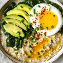 To make savory oatmeal with egg, gather these key ingredients: - 1 cup rolled oats - 2 cups vegetable broth - 1 large egg - 1 avocado, sliced - 1 cup spinach leaves - 1 tablespoon olive oil - 1 tablespoon soy sauce (or tamari for gluten-free) - 1 clove garlic, minced - 1/2 teaspoon red chili flakes (adjust to taste) - Salt and pepper to taste - Fresh herbs (e.g., chives or cilantro) for garnish These ingredients create a warm, hearty dish that fills you up. The rolled oats give a creamy texture, while the vegetable broth adds rich flavor. The egg provides protein, and the avocado adds healthy fats. Toppings can make your savory oatmeal even better. Here are some ideas: - Sliced radishes for crunch - Cherry tomatoes for fresh flavor - Feta cheese for a salty kick - Sesame seeds for extra texture - Sriracha for heat These toppings let you customize your bowl. Mix and match to find your favorite combo! If you have dietary needs, don’t worry! You can swap out ingredients easily: - Use chicken broth instead of vegetable broth for more flavor. - Replace the egg with tofu for a vegan option. - Try quinoa instead of oats for a gluten-free choice. - Use coconut aminos instead of soy sauce for a soy-free diet. These substitutions ensure everyone can enjoy this tasty meal. You can find the full recipe to guide you through the cooking process. First, you need to make the oatmeal. In a medium saucepan, bring 2 cups of vegetable broth to a boil. This broth will add great flavor to your dish. Once the broth is boiling, stir in 1 cup of rolled oats. Lower the heat to a gentle simmer. Cook the oats for about 5 minutes, stirring occasionally. You want them creamy and thick, with most of the broth absorbed. While the oats cook, you can prepare the spinach. In a small non-stick skillet, heat 1 tablespoon of olive oil over medium heat. Add 1 clove of minced garlic and 1/2 teaspoon of red chili flakes. Sauté for about 1 minute until the garlic smells amazing. Then, toss in 1 cup of spinach leaves. Cook until they wilt, which takes about 2-3 minutes. Season this mix with 1 tablespoon of soy sauce, salt, and pepper. Remove it from the heat and set it aside. Now, it's time to cook the egg. You can fry, poach, or scramble it—whatever you prefer! If you fry it, crack the egg into the same skillet you used for the spinach. Cook it until the white is set but the yolk is still runny. This will add a rich creaminess to your oatmeal. Once your oatmeal is ready, spoon it into bowls. Top it with the spinach mix and your perfectly cooked egg. Add slices of avocado and sprinkle fresh herbs on top for a beautiful finish. Enjoy your delicious savory oatmeal with egg, a meal that’s tasty and nutritious! For the complete recipe, check the section above. To get the creamiest oatmeal, start with rolled oats. They cook up soft and smooth. Use vegetable broth instead of water for a richer flavor. Let the oats simmer slowly. Stir them gently to help them absorb the broth. If you want it even creamier, add a splash of plant milk at the end. This makes the oats rich and delicious. Cooking the egg well is key. You can fry, poach, or scramble it. For a fried egg, heat a non-stick skillet. Add a little oil, then crack in the egg. Cook until the white is set but the yolk is still runny. For a poached egg, heat water with a splash of vinegar. Stir it to create a whirlpool, then add the egg. Cook for three to four minutes. Scrambled eggs are quick. Just whisk them in a bowl and pour into a hot skillet. Stir gently until they are fluffy. Each method adds a nice touch to the oatmeal. Add toppings to boost flavor and texture. Slice ripe avocado on top for creaminess. Fresh herbs like chives or cilantro add brightness. A sprinkle of chili flakes gives a nice kick. You can also add nuts or seeds for crunch. If you like more umami, try adding a little soy sauce. This will deepen the taste and make it even more satisfying. For more details, check the Full Recipe. {{image_2}} You can switch up the greens in your savory oatmeal. Spinach is mild and quick to cook. However, you might try kale for a heartier bite. Swiss chard adds a nice touch, too. Broccoli rabe offers a bit of bitterness that some love. You can even toss in arugula for a peppery kick. Each green brings its own flavor and texture to the dish. If you want to change the protein, eggs are just one option. You can use tofu for a plant-based choice. Chickpeas work well, too. Just sauté them with your greens for extra flavor. For toppings, sprinkle cheese like feta or goat cheese. Nuts or seeds add crunch. You can also drizzle tahini or yogurt for creaminess. Spice is key to making your dish pop. Start with red chili flakes for heat. If you love spice, add more or try sriracha. If you prefer mild flavors, use less chili or skip it altogether. You can also add fresh herbs like basil or cilantro for brightness. Each tweak helps you make the recipe your own. For the complete Savory Oatmeal with Egg experience, check out the Full Recipe. To keep your savory oatmeal fresh, let it cool first. Then, place it in an airtight container. This helps keep moisture in and odors out. You can store it in the fridge for up to three days. If you want to keep it longer, consider freezing it. Just remember to use a freezer-safe container. When you're ready to enjoy your leftovers, reheat them on the stove or in the microwave. If using the stove, add a splash of vegetable broth or water. Heat over medium-low until warm. Stir often to keep it creamy. If using a microwave, heat in short bursts, stirring in between. This makes sure it heats evenly. Meal prepping can make your week easier. Cook a big batch of savory oatmeal and store it in portions. You can prepare the spinach and eggs separately. This way, you can mix and match your toppings each day. Add fresh herbs and avocado right before eating for the best taste. For the full recipe, check the earlier section in this article. Yes, you can use instant oats. They cook faster than rolled oats. Just reduce the broth to about 1.5 cups. Cook them for 1-2 minutes. The texture will be softer but still tasty. To make this dish vegan, replace the egg with tofu. Scramble firm tofu with garlic and spinach. You can also use nutritional yeast for a cheesy flavor. This keeps your meal rich in protein while staying plant-based. You can add many proteins to savory oatmeal. Here are some ideas: - Cooked chicken - Crispy bacon - Grilled shrimp - Lentils - Chickpeas Feel free to mix and match based on what you have at home. Each option adds a new flavor and texture. For the full recipe, check the details above. Savory oatmeal can transform your meals. We explored essential ingredients, like spinach and eggs, that boost flavor. I shared step-by-step cooking tips for creamy oatmeal and perfect eggs. You learned how to customize this dish to fit any diet or taste. Remember to store leftovers properly for future meals. With these ideas and techniques, you can make savory oatmeal a tasty part of your routine. Enjoy experimenting with flavors and enjoying your meals!
