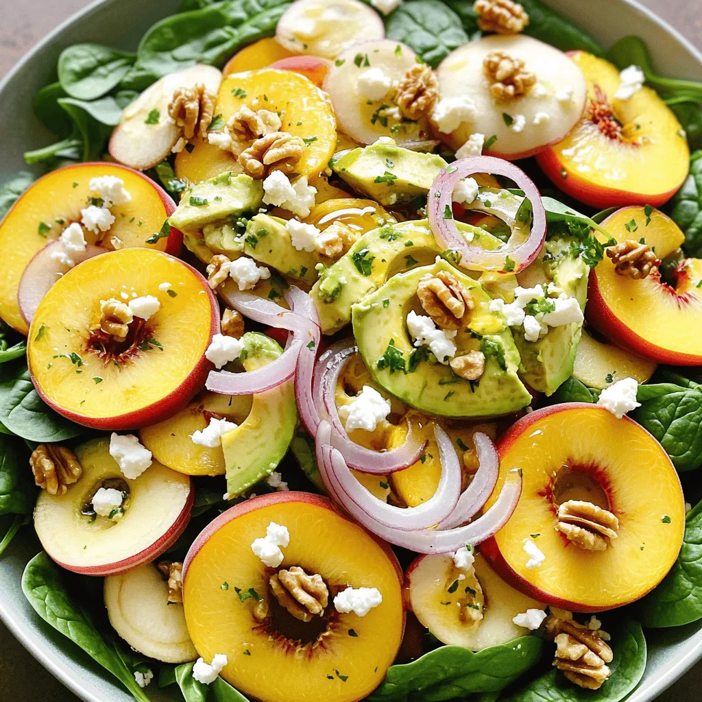 - 2 ripe peaches, sliced - 2 ripe avocados, diced - 1 cup baby spinach leaves - 1/2 red onion, thinly sliced - 1/4 cup crumbled feta cheese - 1/4 cup toasted walnuts, chopped - 3 tablespoons olive oil - 1 tablespoon honey - 1 tablespoon fresh lemon juice - Salt and pepper to taste When I make this Peach Avocado Salad, I love the mix of flavors. The ripe peaches add a sweet touch. The creamy avocado gives it a smooth texture. Baby spinach brings a fresh crunch. For extra flavor, I add thin slices of red onion. The sharpness of the onion contrasts really well. Crumbled feta cheese adds a salty bite. Toasted walnuts give a lovely crunch and nutty flavor. The dressing is simple but bright. I use olive oil for richness. Honey adds sweetness, while lemon juice gives a tangy twist. Salt and pepper round out the flavors. You can find the full recipe above to guide you through the steps. Enjoy creating this delightful salad! First, gather your fresh ingredients. In a large salad bowl, combine the sliced peaches, diced avocados, and baby spinach. The peaches add sweetness, while the avocados provide creaminess. Next, add the thinly sliced red onion for a bit of bite and the crumbled feta cheese for a salty contrast. This mix creates a vibrant and colorful base for your salad. Now, it’s time to make the dressing. In a small bowl, whisk together three tablespoons of olive oil, one tablespoon of honey, and one tablespoon of fresh lemon juice. Season it with salt and pepper to taste. Whisk it until everything blends well. This dressing adds a bright flavor that brings all the ingredients together. Drizzle the prepared dressing over the salad. Now, toss everything gently to coat the ingredients evenly. Be careful not to mash the avocados. For the final touch, sprinkle the toasted walnuts on top. They add a nice crunch and a nutty flavor. This Peach Avocado Salad is now ready to serve! For the full recipe, check out the details above. To make the best peach avocado salad, you need ripe fruits. Here’s how to pick them: - Peaches: Look for peaches that feel soft but not mushy. The color should be bright and fragrant. If they are too firm, let them sit at room temperature for a day or two. - Avocados: Choose avocados that yield slightly when you press them. Avoid any with dark spots or wrinkles. If they are hard, place them in a paper bag to speed up ripening. For the greens, baby spinach is key. Choose fresh leaves that are vibrant and crisp. Check for any yellow or wilting leaves, as they won't add to the salad's flavor. This salad shines at many types of gatherings. It is perfect for: - Picnics: Easy to pack and share. - BBQs: Brightens up any plate. - Family Dinners: A crowd-pleaser for all ages. Pair this salad with grilled chicken or shrimp for a complete meal. The flavors blend well, making each bite a delight. For dressings, there are many fun ways to mix it up. Here are some ideas: - Balsamic Vinegar: A drizzle can add a sweet-tart flavor. Mix it with olive oil for a great combo. - Yogurt-Based Dressings: Creamy dressings made with yogurt can add a nice touch. They also lighten the salad. If you're looking for vegan options, try using olive oil and lemon juice. You can also create a simple herb dressing by blending fresh herbs with olive oil. These choices keep the salad fresh and tasty. For the full recipe, check out the Peach Avocado Salad section. {{image_2}} You can add even more flavor with other fruits. Try mixing in strawberries or mangoes. Both fruits bring a sweet touch. Berries, like blueberries or raspberries, add extra sweetness. They also make the salad look pretty. Each fruit blends well with the peaches and avocados. Feel free to experiment with your favorite fruits! If you want a different crunch, use pecans or almonds instead of walnuts. Both nuts give a nice flavor twist. For those avoiding nuts, seeds are a great option. Sunflower seeds or pumpkin seeds add crunch and nutrition. This way, everyone can enjoy the salad. You can get creative with the dressing too! Try adding fresh herbs like basil or cilantro for a new taste. A sprinkle of spices can also spice things up. For a tangy twist, mix in a bit of Dijon mustard. This gives the salad a zesty kick. Feel free to play with flavors to suit your taste. For the complete recipe, check the Full Recipe section. To keep your Peach Avocado Salad fresh, store it in an airtight container. This helps prevent air from wilting the greens. If you have leftovers, it's best to keep the ingredients separate. Store the dressing in a small jar. This way, you can drizzle it on when you're ready to eat. The avocados and peaches can brown quickly, so try to keep them apart until serving. In the fridge, the salad stays fresh for about two days. After that, the avocados may turn brown, and the spinach can wilt. If you notice a slimy texture or a sour smell, it's time to toss it. Always trust your senses; they will guide you well! You should not reheat this salad. The flavors are best when served cold. The creamy avocado and juicy peach taste amazing together. Cold salads are refreshing on warm days. Plus, the crunchy walnuts stay crisp only when chilled. Enjoy the salad as is, and let the ingredients shine! For the full recipe, check out the Peach Avocado Salad section. Yes, you can prepare this salad ahead of time. To keep it fresh, follow these tips: - Prep veggies early: Cut the peaches, avocados, and onions, but store them separately. - Mix greens last: Combine baby spinach just before serving. This keeps it crisp. - Dress when ready: Add the dressing right before you eat. This prevents sogginess. You can easily adapt this salad. Here are some ideas: - Gluten-free: This salad is naturally gluten-free. Just avoid croutons. - Nut-free: Skip the walnuts or use seeds like pumpkin seeds. - Vegan: Omit feta cheese or use a vegan cheese alternative. Choosing ripe fruits is key for great flavor. Here’s how: - Peaches: Look for smooth skin with a slightly soft feel. They should smell sweet. - Avocados: Press gently. They should yield slightly but not feel mushy. Several dressings go well with this salad. Here are my top picks: - Balsamic vinaigrette: Adds a tangy flavor that complements the sweetness of peaches. - Honey mustard: Offers a nice balance of sweet and savory. - Lemon vinaigrette: Brightens the dish and enhances the fruits' taste. Check out the [Full Recipe] for more details on this delightful salad! This blog post guides you to make a delicious and healthy salad. You learned about the main ingredients, flavorful additions, and how to prepare the dressing. I shared tips for selecting ripe fruits, serving ideas, and creative variations to keep your salad exciting. Incorporating these elements will help you enjoy fresh, vibrant meals. Keep experimenting with flavors and enjoy every bite!