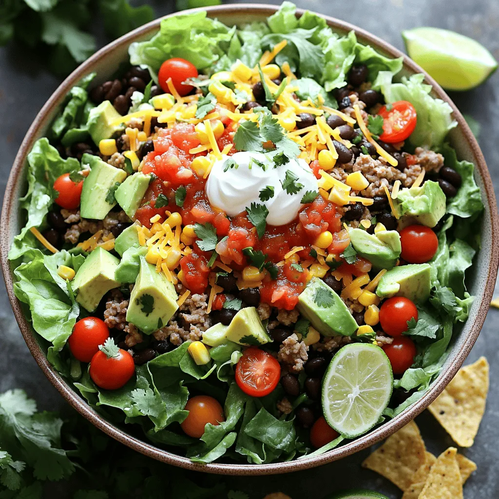 - 1 lb ground turkey or beef - 1 packet taco seasoning (lower sodium if preferred) - 1 can black beans, rinsed and drained - 1 cup corn kernels (canned or frozen) - 1 cup cherry tomatoes, halved - 1 avocado, diced - 1 cup shredded lettuce (iceberg or romaine) - 1 cup shredded cheese (Mexican blend or cheddar) - 1/2 cup salsa - 1/4 cup sour cream or Greek yogurt - Tortilla chips, for crunch - Fresh cilantro, chopped (for garnish) - Lime wedges, for serving Gathering these ingredients makes cooking easy and fun. The ground turkey or beef gives your salad a savory base. You can choose a low-sodium taco seasoning if you want a healthier option. Black beans and corn add fiber and a nice texture. Fresh ingredients like cherry tomatoes and avocado bring brightness. The lettuce acts as a crisp base, while cheese and salsa add flavor. Optional garnishes, like sour cream or Greek yogurt, add creaminess. Tortilla chips give your salad a crunchy bite. Finally, lime wedges add a zesty finish. This easy taco salad is colorful and loaded with flavor. You can follow the Full Recipe to see how to combine all these lovely ingredients! First, place the ground turkey or beef in a skillet over medium heat. Cook it until it turns brown and is fully cooked. Use a wooden spoon to break it apart as it cooks. If you use beef, drain any excess fat. Next, sprinkle the taco seasoning over the meat. You can add a splash of water if you like. Stir well and let it simmer for about five minutes. This makes the meat tasty and fragrant. In a large salad bowl, layer the shredded lettuce as your base. It holds everything together. Next, add the cooked meat on top of the lettuce. Then, sprinkle the rinsed black beans and corn evenly over the salad. For a splash of color, add halved cherry tomatoes and diced avocado. The bright colors make the salad look appealing. Now, add a generous amount of shredded cheese on top. Follow this with dollops of salsa and sour cream, or Greek yogurt if you prefer. Just before serving, crush the tortilla chips lightly and scatter them on the salad for a nice crunch. Finally, garnish with fresh cilantro and serve with lime wedges on the side. Squeezing lime over the salad adds a zesty kick. You can find the full recipe for this delicious dish in the earlier sections. To boost the taste of your easy taco salad, think spices and toppings. I love using cumin and chili powder for a warm kick. For a fresh twist, you can add diced jalapeños or chopped green onions. Taste your salad as you go. Adjust the seasoning to suit your taste. A little more salt or lime juice can make a big difference. You can easily make this salad vegetarian. Use plant-based proteins like lentils, black beans, or tofu. These options add great flavor and texture. For the meat, simply swap it out with one of these tasty choices. You won’t miss the meat at all! Taco salad pairs well with many sides. Try serving it with tortilla chips or a side of guacamole. For drinks, a cool soda or iced tea works great. This salad is perfect for casual meals or parties. Serve it at game days, picnics, or family get-togethers. It always impresses! For the full recipe, check out the Fiesta Crunch Taco Salad. {{image_2}} You can easily change the protein in your taco salad. Ground turkey or beef works well, but you can also use chicken. Simply cook shredded chicken or ground chicken in the same way. If you want a meat-free option, black beans are perfect. They add great flavor and protein, making your meal hearty and satisfying. Toppings can take your salad to the next level. Try adding bell peppers for crunch or corn for sweetness. You can also use radishes or cucumbers for a fresh bite. Don't forget to experiment with dressings! A zesty lime vinaigrette or a chipotle ranch can add a fun twist. Your taco salad becomes unique with every topping choice. If you follow a gluten-free diet, use corn tortilla chips instead of regular ones. You can also skip the chips and use lettuce wraps. For a low-carb or keto-friendly option, substitute the beans with diced zucchini or cauliflower rice. This way, you keep all the flavors while adjusting to your dietary needs. The taco salad remains delicious no matter how you tweak it. To keep your taco salad fresh, store leftovers in an airtight container. This helps keep flavors intact and stops the salad from wilting. The salad stays good in the fridge for up to three days. If you notice any moisture, drain it before sealing the container. You can freeze components of the salad but not the entire dish. For best results, freeze the cooked meat and beans separately. They can last in the freezer for up to three months. When ready to eat, thaw them overnight in the fridge. Avoid freezing fresh veggies like lettuce and tomatoes, as they become soggy. To refresh your leftover taco salad, add fresh toppings. Chopped lettuce, diced tomatoes, or a squeeze of lime can revive it. If you want to reheat the meat, warm it on the stove over low heat. You can also repurpose leftover salad into a wrap or a quesadilla for a fun twist. To make an easy taco salad, follow these steps: 1. Brown 1 lb of ground turkey or beef in a skillet. 2. Drain the fat, then add taco seasoning. 3. Mix in 1 can of black beans and 1 cup of corn. 4. Layer 1 cup of shredded lettuce in a large bowl. 5. Top with the cooked meat, beans, and corn. 6. Add 1 cup of halved cherry tomatoes and 1 diced avocado. 7. Sprinkle 1 cup of shredded cheese on top. 8. Finish with salsa and sour cream. 9. Add crushed tortilla chips for crunch. 10. Garnish with cilantro and serve with lime wedges. This recipe is fun, quick, and packed with flavor! Yes, you can prepare the salad ahead of time. Here are some tips: - Cook the meat and let it cool before storing. - Keep the lettuce and toppings separate until serving. - Store ingredients in airtight containers to keep them fresh. - Assemble the salad just before serving for the best taste. This way, you save time and enjoy a fresh meal. You can use several alternatives for ground meat: - Try lentils or quinoa for a healthy vegan option. - Use black beans or chickpeas for added protein. - Crumbled tofu is another good choice if you want a meat-like texture. These options add great taste and keep the meal satisfying. Taco salad can be healthy, depending on your choices. Here’s how: - Use lean ground turkey instead of beef to cut fat. - Add plenty of fresh veggies like tomatoes and avocado. - Opt for low-fat cheese and sour cream for fewer calories. - Include whole-grain tortilla chips for more fiber. With these adjustments, taco salad can be a nutritious meal. For the full recipe, check out the Fiesta Crunch Taco Salad. You learned how to create an easy taco salad with tasty ingredients. Ground turkey or beef mixes well with fresh veggies like lettuce and tomatoes. Add in spices, cheese, and your favorite toppings for flavor. Remember, you can make it vegetarian with beans or plant-based proteins. In summary, this salad is simple, customizable, and perfect for any meal. Enjoy making and sharing it with others. Stay creative and have fun with every bite!